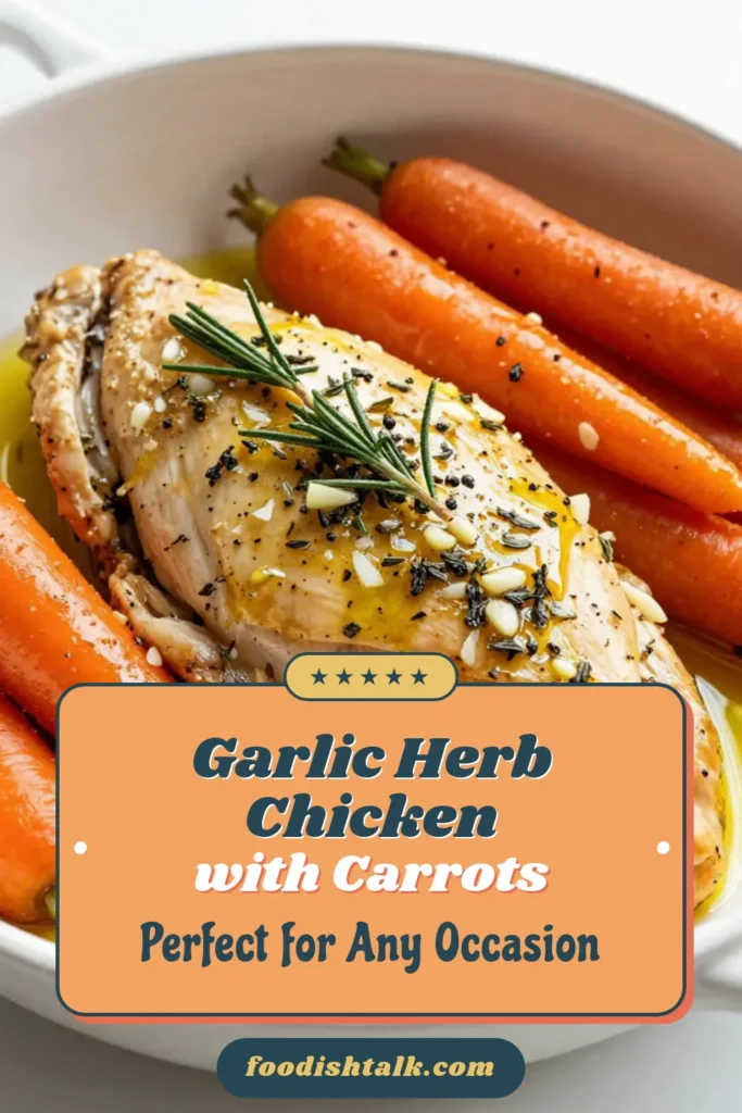 Looking for an easy chicken dinner? Try this garlic herb chicken recipe featuring juicy baked chicken and carrots! Marinated in a zesty chicken marinade with garlic, lemon, rosemary, and thyme, it's bursting with flavor. Perfect for weeknight meals, this delicious lemon garlic chicken will impress your family and friends. Save this recipe today to enjoy a wholesome and mouthwatering dish! #GarlicHerbChicken #EasyDinner #BakedChickenAndCarrots #ChickenRecipes