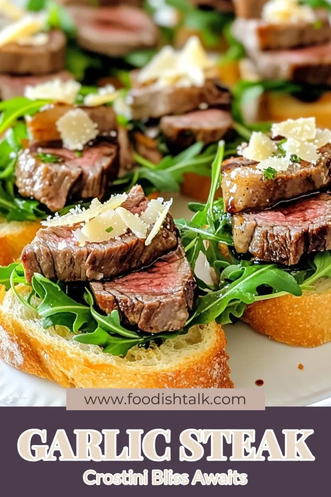 Elevate your gatherings with easy and delicious Garlic Steak Crostini! This Flank Steak Appetizer features tender flank steak topped on toasted baguette slices, drizzled with garlic butter and grated Parmesan cheese. Perfect for parties or simple evenings, this Easy Crostini Recipe impresses with every bite. Get ready to make your next appetizer unforgettable! Try it now! #GarlicSteakCrostini #EasyCrostiniRecipe #FlankSteakAppetizer #ToastedBaguetteToppings
