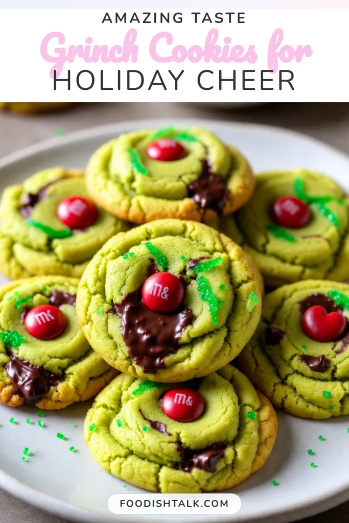 Looking for a delightful Grinch cookies recipe this holiday season? These festive holiday cookies are not only delicious but also visually stunning with their vibrant green color! Made with soft dough and topped with red M&M's for a heartwarming touch, these easy cookie recipes will be a hit at any Christmas gathering. Get ready to impress your guests with these green sugar cookies—your new favorite Christmas dessert ideas await! Try this recipe today and spread the holiday cheer! #GrinchCookies #HolidayBaking #ChristmasDesserts #EasyRecipes