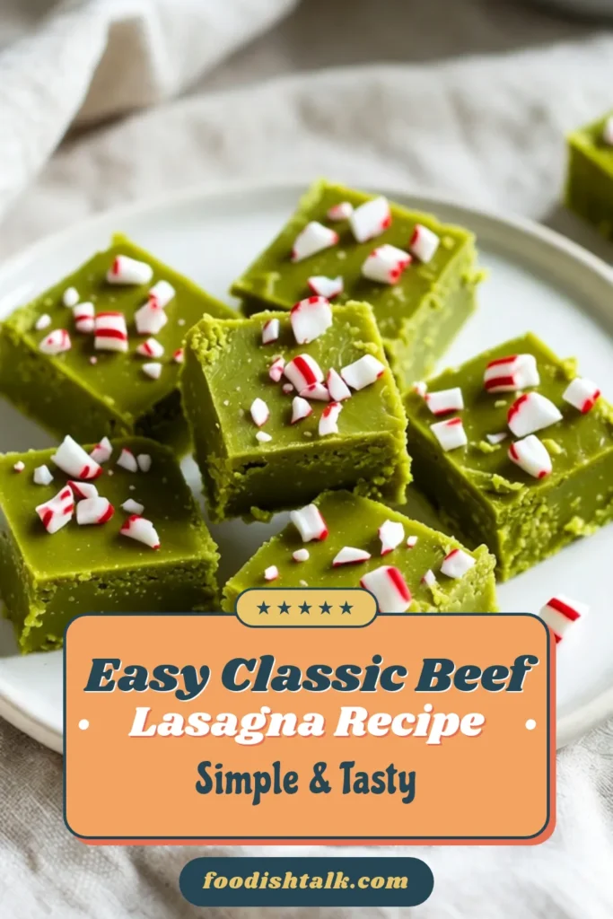 Get in the holiday spirit with this delightful Grinch Green Fudge recipe! Perfect for your festive gatherings, this easy Christmas treat combines white chocolate, peppermint extract, and crushed candy canes for a whimsical twist on holiday fudge recipes. A sweet surprise that everyone will love! Try it today and share the joy of this festive dessert idea! Save this recipe for your holiday celebrations! #GrinchGreenFudge #HolidayFudgeRecipes #PeppermintFudge #EasyChristmasTreats