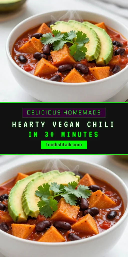 Try this easy vegan dinner with our delicious vegan chili recipe! This sweet potato black bean chili is packed with flavor and nutrition, making it perfect for anyone looking for healthy chili recipes. Loaded with sweet potatoes, black beans, and spices, it's a satisfying plant-based chili you'll love. Cook it in just 45 minutes for a hearty meal! Save this recipe and get cooking today! #VeganChili #HealthyRecipes #PlantBased #ChiliLovers