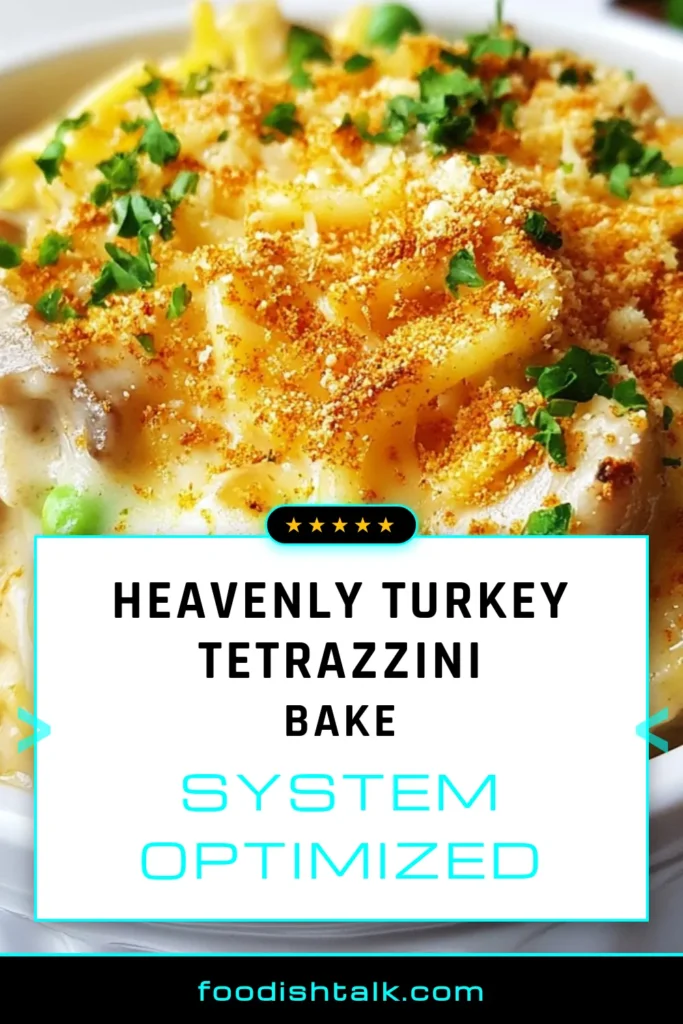 Looking for a quick and delicious dinner? Try this Easy Turkey Tetrazzini! This creamy turkey pasta casserole is packed with tender turkey, mushrooms, and peas, all baked together for a comforting meal. Perfect for using up leftover turkey, it's a great option for busy weeknights. Make this quick turkey dinner recipe in just 45 minutes! Click to save and discover more creamy turkey recipes! #TurkeyTetrazzini #TurkeySpaghettiCasserole #BakedTurkeyPasta #QuickDinnerRecipes