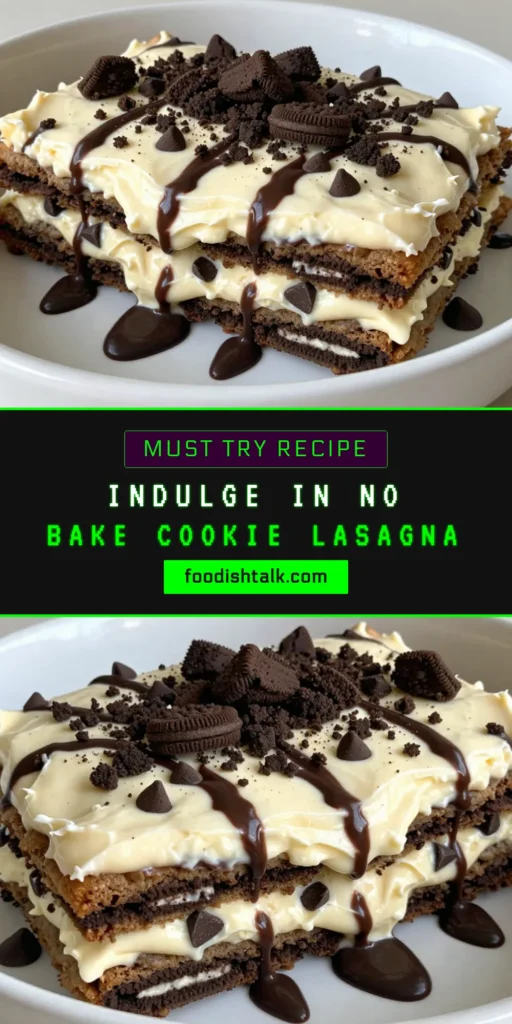 Indulge in the sweet delight of no-bake cookie lasagna, a mouthwatering chocolate lasagna recipe that's perfect for any occasion. This easy dessert recipe features layers of Oreos, a creamy filling, and mini chocolate chips, making it one of the best no-bake dessert ideas you'll try. Ready in just 30 minutes plus chill time, your friends and family will love this Oreo cookie lasagna. Save this recipe today for a delicious treat! #NoBakeCookieLasagna #EasyDessertRecipes #OreoCookieLasagna #NoBakeDessertIdeas