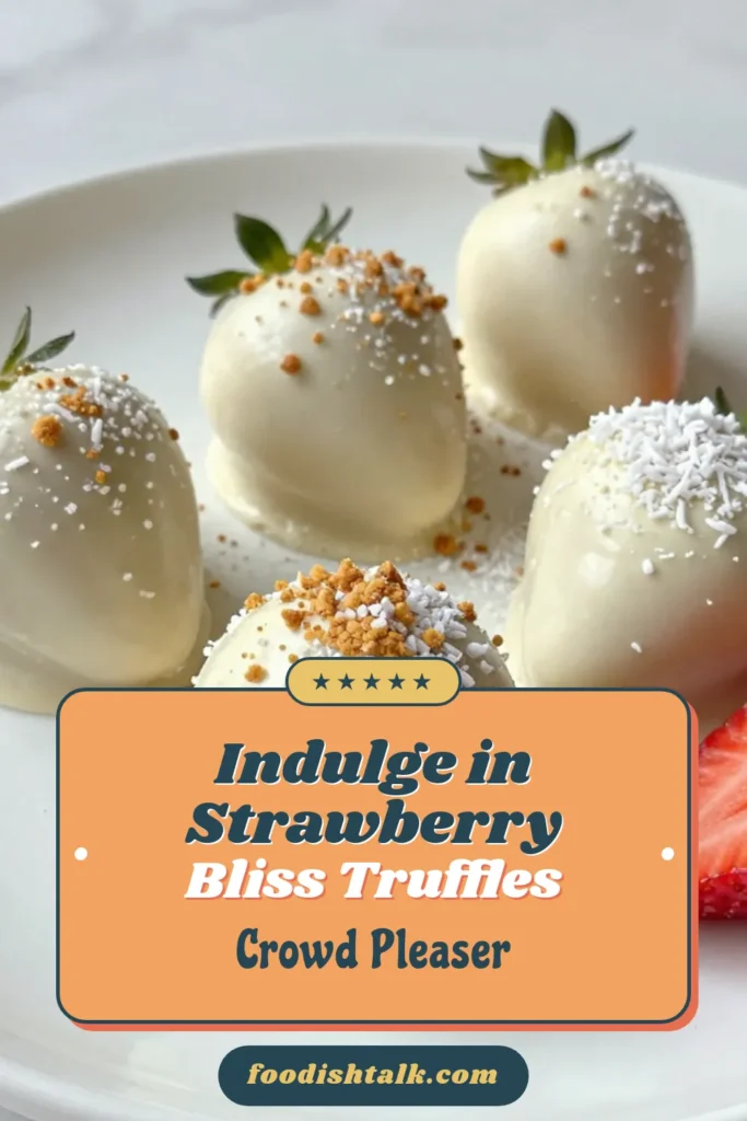 Indulge in these delightful white chocolate strawberry truffles, a perfect treat for any occasion! This strawberry truffle recipe combines creamy white chocolate with fresh strawberry puree for an easy chocolate truffle that melts in your mouth. Ideal for white chocolate dessert recipes, these homemade truffles with strawberries are sure to impress. Try this simple recipe and enjoy the sweet flavors! Save and share! #WhiteChocolateStrawberryTruffles #StrawberryTruffleRecipe #EasyChocolateTruffles #HomemadeTruffles