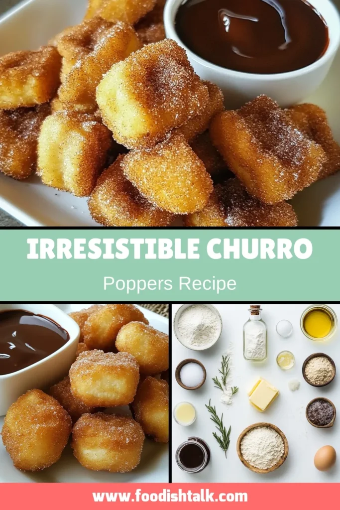 Looking for a delicious treat? Try this churro poppers recipe for easy churro bites that everyone will love! These homemade churros are rolled in cinnamon sugar and served warm with a decadent chocolate dipping sauce for churros. Perfect for parties, snacks, or dessert! Don't miss out on these cinnamon sugar snacks - save this recipe and impress your friends and family! #ChurroPoppers #HomemadeChurros #CinnamonSugarSnacks #ChocolateDippingSauce