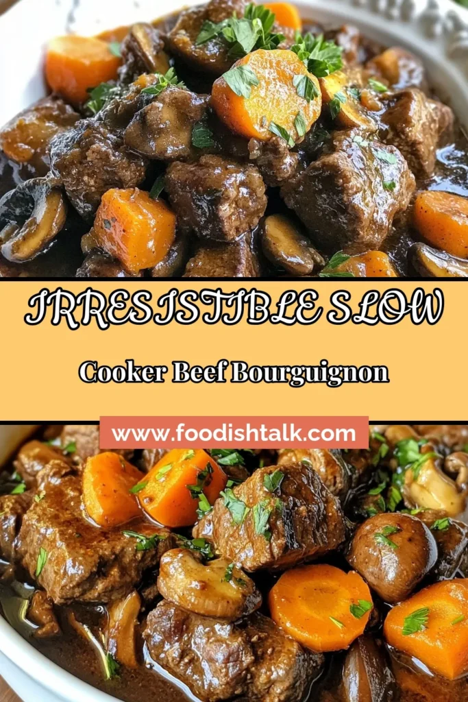 Indulge in this slow-cooked beef bourguignon, a hearty beef stew recipe perfect for cozy nights. This easy beef bourguignon features tender beef chuck and rich flavors that meld beautifully over hours in the slow cooker. Your family will love this classic French beef stew! Serve it with crusty bread or creamy mashed potatoes for a comforting meal. Try this recipe today! #BeefBourguignon #HeartyStew #SlowCookerRecipes #FrenchCuisine