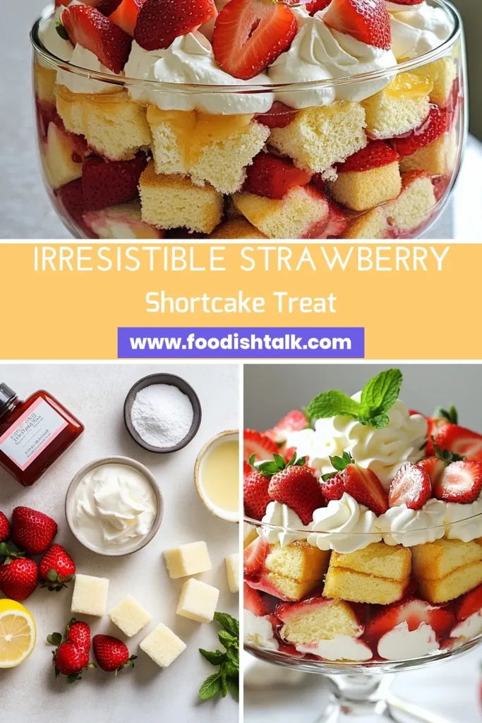 Indulge in the delightful flavors of this strawberry shortcake trifle, the perfect no-bake dessert recipe for summer! With layers of fresh strawberries, sponge cake, and whipped cream, this easy trifle recipe will impress your guests and satisfy your sweet tooth. Ideal for any gathering, serve it chilled for a refreshing treat. Save this strawberry dessert recipe for your next summer party! #StrawberryShortcake #TrifleRecipe #SummerDessert #NoBakeDessert