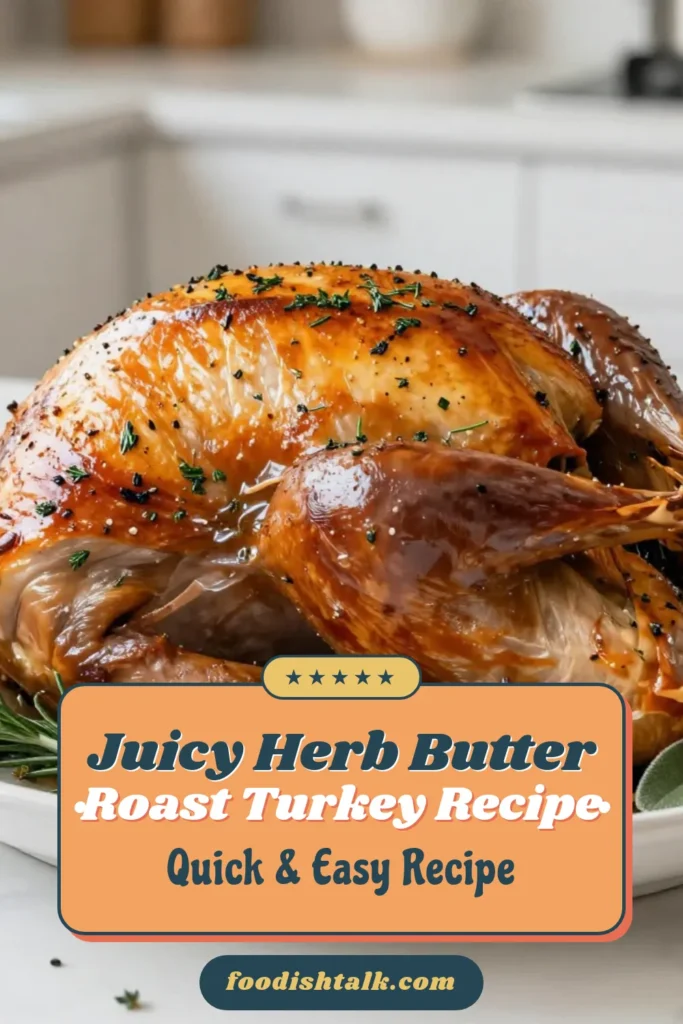 Looking for the perfect Thanksgiving turkey recipe? Try this easy herb butter roast turkey! Bursting with flavor from garlic and fresh herbs, this moist roast turkey guarantees a show-stopping centerpiece for your festive table. Follow our simple steps for roasted turkey with garlic herbs that your family will rave about. Save this recipe for an unforgettable holiday meal! #ThanksgivingTurkey #HerbButterRoastTurkey #MoistRoastTurkey #EasyTurkeyPreparation