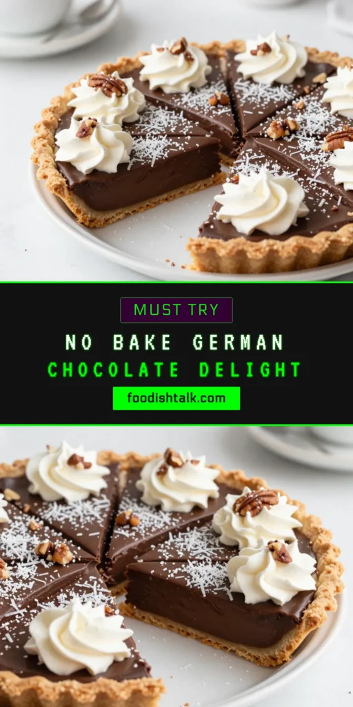 Indulge in this No-Bake German Chocolate Pie—an easy chocolate pie recipe that will amaze your taste buds! With a delightful graham cracker crust and a rich chocolate coconut dessert filling, this no-bake pie with pecans is a showstopper. Perfect for any occasion, it's quick to prepare and requires no baking. Try it today and impress your friends and family! Save this recipe now for a delicious treat! #NoBakeGermanChocolatePie #ChocolateCoconutDessert #EasyChocolatePieRecipe #GrahamCrackerCrustDesserts