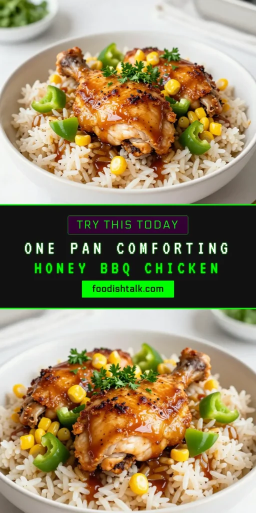 Discover the ultimate comfort food with this One-Pan Honey BBQ Chicken and Rice recipe! This easy skillet meal features juicy chicken thighs simmered in a sweet and tangy honey BBQ sauce, combined with tender rice and fresh veggies. Perfect for a cozy Chicken and Rice Dinner, this One-Pan Chicken Recipe is sure to please the whole family. Try it today and enjoy hassle-free cooking! Save this recipe for later! #HoneyBBQChicken #OnePanMeals #EasyDinner #ComfortFoodRecipes