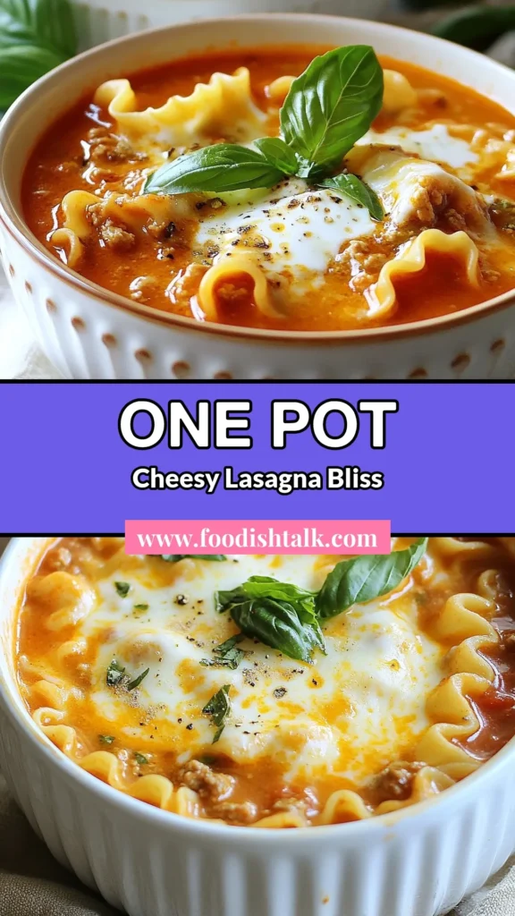 Warm up with this easy cheesy lasagna soup! This one-pot lasagna recipe combines classic Italian flavors into a creamy pasta soup that's perfect for busy nights. Featuring ground beef or turkey, lasagna noodles, and a blend of cheeses, this Italian lasagna soup is comfort food in a bowl. Quick to make and delicious, it’s a dish your whole family will love. Save this recipe for your next meal! #OnePotMeals #LasagnaSoup #EasyRecipes #ComfortFood