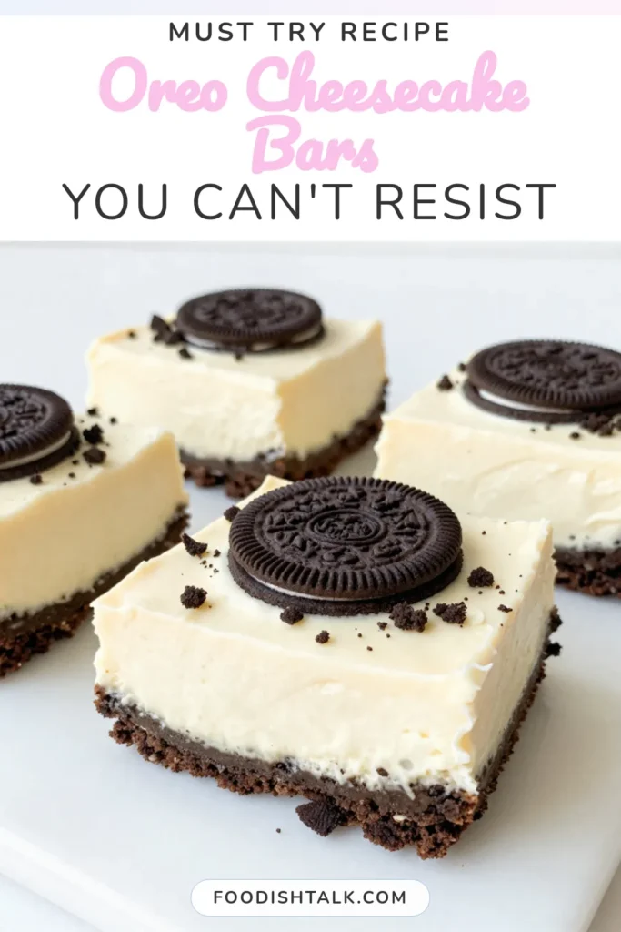 Indulge in these delicious No-Bake Oreo Cheesecake Bars, the perfect treat for any occasion! Our easy dessert recipe combines crushed Oreo cookies and creamy filling made from cream cheese, making these Oreo cheesecake bars irresistible. This simple recipe is ideal for anyone seeking delightful Oreo dessert ideas. Chill, slice, and impress your friends with these cream cheese dessert bars! Save this recipe for later! #OreoCheesecakeBars #NoBakeDessert #EasyDessertRecipes #OreoDessertIdeas