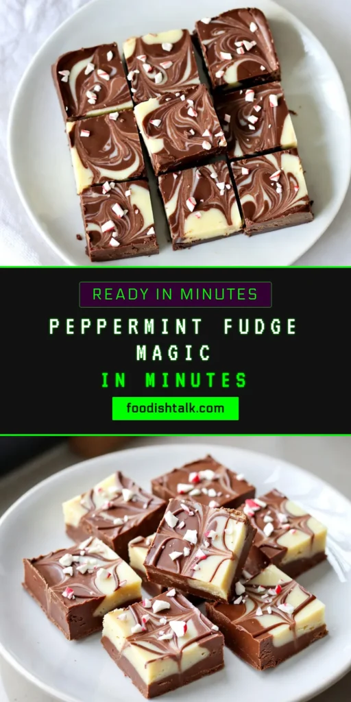 Indulge in this delightful peppermint fudge recipe, perfect for your holiday gatherings! This easy chocolate fudge combines layers of rich semi-sweet and creamy white chocolate, swirled together with peppermint flavors and topped with crunchy peppermint candies. Create this festive candy recipe that impresses and satisfies! Try it today and elevate your dessert table! Don’t forget to save this holiday fudge dessert for later! #PeppermintFudge #HolidayDesserts #ChocolateFudge #FestiveRecipes