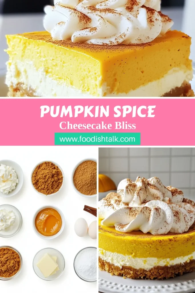 Indulge in the ultimate fall dessert with this Pumpkin Spice Cheesecake Twist! This creamy, dreamy Pumpkin Cheesecake Recipe combines the rich flavors of pumpkin puree, cream cheese, and warm spices for an easy pumpkin dessert that will impress your guests. Perfect for any autumn gathering, this Cream Cheese Pumpkin Pie is destined to be a favorite. Try it today and elevate your dessert game! Save this recipe! #PumpkinSpice #FallDesserts #PumpkinCheesecake #EasyDessert