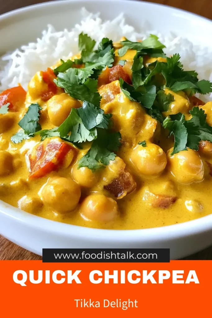 Discover the deliciousness of this vegan chickpea tikka masala recipe! Perfect for a quick weeknight dinner, this easy chickpea recipe features tender chickpeas simmered in a creamy coconut milk sauce. With simple ingredients, including fragrant spices and fresh herbs, this Indian chickpea curry is a must-try. Ready in just 30 minutes, it’s a satisfying meal served over rice or quinoa. Save this recipe and get cooking today! #VeganTikkaMasala #ChickpeaTikkaMasalaRecipe #IndianChickpeaCurry #EasyChickpeaRecipes