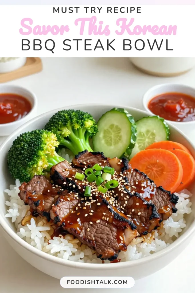 Discover a delicious Korean BBQ steak recipe perfect for meal prep! These Korean BBQ Steak Rice Bowls feature tender flank steak marinated in a savory blend, served on fluffy jasmine rice. This easy rice bowl recipe includes fresh veggies and optional Sriracha for a spicy kick. Try out this flank steak marinade and enjoy one of the best easy Korean recipes today. Save and make this mouthwatering meal now! #KoreanBBQ #RiceBowls #EasyRecipes #JasmineRice