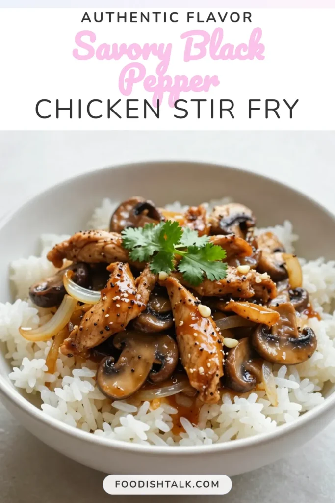 Discover the ultimate black pepper chicken recipe with this delicious Black Pepper Mushroom Chicken stir fry. This easy chicken dinner features tender chicken strips, savory mushrooms, and a flavorful soy sauce blend, making it a standout in your collection of Asian chicken recipes. Perfect for weeknight meals, this dish comes together in just 30 minutes. Click to save this easy mushroom chicken stir fry for your next dinner! #BlackPepperChicken #MushroomChicken #EasyChickenDinner #AsianRecipes