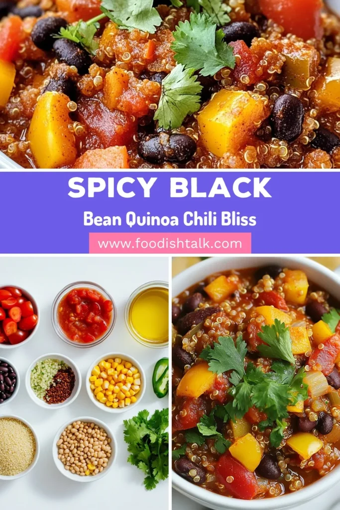 Discover the ultimate Vegan Chili with this Spicy Quinoa Chili recipe! Packed with nutritious ingredients like quinoa and beans, this Black Bean Chili Recipe is both healthy and delicious. Perfect for a cozy dinner, this Healthy Vegetarian Chili will satisfy your cravings. Try this Quinoa and Beans Chili today and enjoy a bowl of warmth! Save this Vegan Chili Recipe for your next meal. #VeganChili #HealthyEating #ChiliRecipe #MeatlessMeals