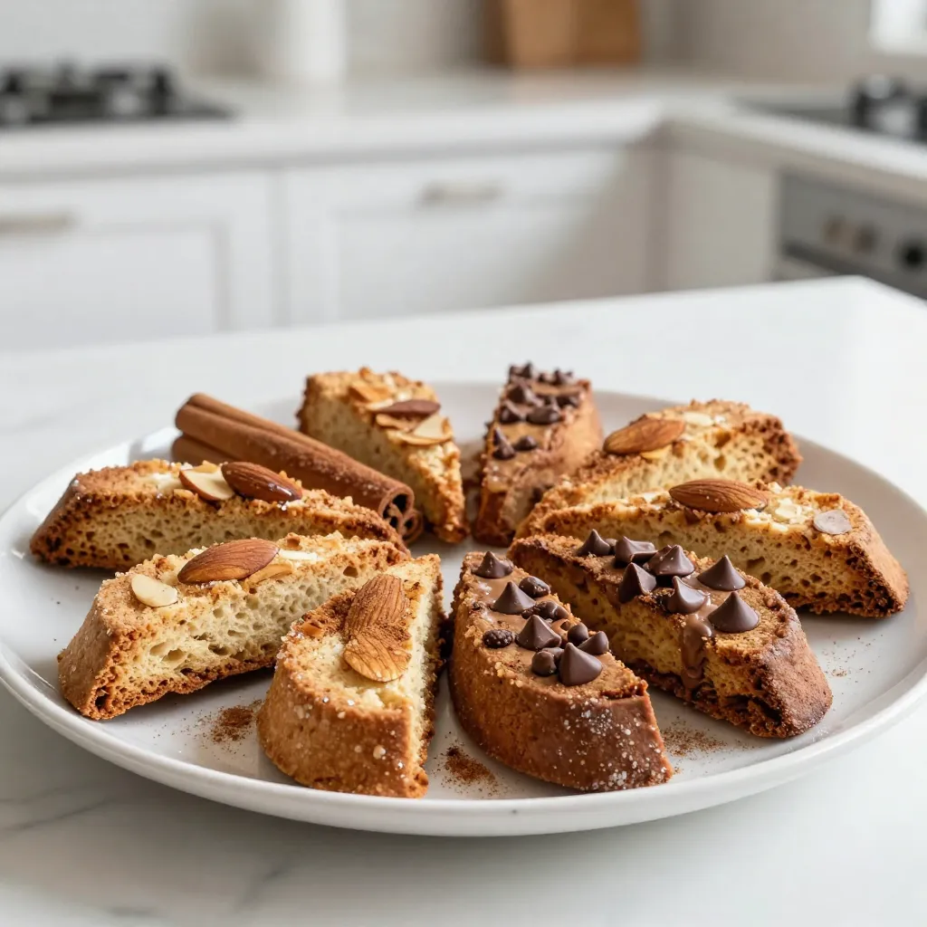 To make your delicious cinnamon vanilla biscotti, gather these main ingredients: - 2 cups all-purpose flour - 1 cup granulated sugar - 1 teaspoon baking powder - 1 teaspoon ground cinnamon - 1/4 teaspoon salt - 1/2 cup unsalted butter, softened - 2 large eggs - 2 teaspoons pure vanilla extract These ingredients work together to create a crunchy, sweet treat that is perfect for dipping. You can add more flavor and texture to your biscotti with these optional ingredients: - 1/2 cup sliced almonds - 1/2 cup semi-sweet chocolate chips Both options bring a unique taste. Almonds add a nutty crunch, while chocolate gives a rich sweetness. - Flour: You can use whole wheat flour for a slightly nuttier taste. - Sugar: Brown sugar can replace granulated sugar for added depth. - Butter: If you need a dairy-free option, try using coconut oil instead. - Eggs: Flaxseed meal mixed with water can substitute eggs for a vegan option. Experimenting with these substitutions can lead to fun new flavors in your biscotti! {{ingredient_image_1}} First, gather all your ingredients. You will need: - 2 cups all-purpose flour - 1 cup granulated sugar - 1 teaspoon baking powder - 1 teaspoon ground cinnamon - 1/4 teaspoon salt - 1/2 cup unsalted butter, softened - 2 large eggs - 2 teaspoons pure vanilla extract - 1/2 cup sliced almonds (optional) - 1/2 cup semi-sweet chocolate chips (optional) Next, preheat your oven to 350°F (175°C). Line a baking sheet with parchment paper. This helps your biscotti not stick. In a large bowl, whisk together the flour, baking powder, ground cinnamon, and salt. Set this bowl aside. In another bowl, cream the softened butter and granulated sugar. Mix until light and fluffy. This takes about 3-4 minutes. Then, add the eggs one at a time, mixing well after each. Stir in the vanilla extract for that lovely flavor. Gradually add the dry mixture to the wet mixture. Mix until just combined. If you want, fold in the sliced almonds and chocolate chips for extra texture and taste. Divide the dough in half. Shape each half into a log about 12 inches long on the prepared baking sheet. Flatten them slightly to help them bake evenly. Bake for 25-30 minutes, or until golden and firm to the touch. Once baked, let the logs cool for about 10 minutes. Using a sharp knife, slice each log diagonally into 1/2-inch thick pieces. Place the slices cut side down back on the baking sheet. Bake for another 10-15 minutes, turning halfway through. This will make them crisp and lightly browned. Finally, let the biscotti cool completely on a wire rack. Enjoy your crunchy treat with coffee or tea! To get the right crunch, bake the biscotti twice. This method makes them crisp. Bake the logs until golden. After slicing, give them another bake to dry out. Keep an eye on them to avoid burning. You want them to be firm, not hard. Use fresh cinnamon and good vanilla. These two ingredients make a big difference. If you can, choose pure vanilla extract over imitation. It adds depth to the flavor. Add sliced almonds or chocolate chips for extra taste and texture. Both options are tasty. Don’t skip cooling time after the first bake. This step helps with slicing. If the dough is too wet, it may not hold its shape. Add a little more flour if needed. Also, avoid overmixing the dough. This can make your biscotti tough. Keep it gentle for the best results. Pro Tips Use Fresh Ingredients: Ensure your baking powder and spices are fresh for the best flavor and texture. Cool Before Slicing: Allow the logs to cool slightly before slicing to prevent them from crumbling. Double Bake for Crispiness: The second baking is crucial for achieving that perfect crunchy texture. Experiment with Flavors: Feel free to substitute different nuts or chocolate types to customize your biscotti. {{image_2}} You can change the nuts in your biscotti for fun. Almonds are great, but you might enjoy walnuts or pecans too. Each nut adds a unique flavor and crunch. Try using hazelnuts for a fun twist. Just chop them up and fold them into the dough. Want to make your biscotti even better? Add spices like nutmeg or ginger. A pinch can make a big difference. You can also use flavored extracts. Instead of vanilla, try almond or hazelnut. These small changes can create a whole new taste. Chocolate makes everything better, right? Dip your biscotti in melted chocolate for a sweet treat. Use semi-sweet or dark chocolate for a richer flavor. After dipping, let them cool on wax paper. This adds a nice touch and makes them look fancy. Enjoy with coffee or tea! To keep your cinnamon vanilla biscotti fresh, place them in an airtight container. This helps maintain their crunch and flavor. Store the container at room temperature. Avoid keeping them in the fridge, as this can make them soft. If you follow these steps, your biscotti will stay good for up to two weeks. Freezing is a great way to save extra biscotti. First, let them cool completely. Then, wrap each piece in plastic wrap. Place the wrapped biscotti in a freezer-safe bag or container. They will keep well for up to three months. When you're ready to enjoy them, just thaw them at room temperature for a few hours. You can also reheat them in the oven for a few minutes to regain that delightful crunch. Cinnamon vanilla biscotti pairs well with coffee, tea, or hot chocolate. You can serve them in a clear glass jar for a nice look. For a special touch, try dipping them in melted chocolate or drizzling chocolate on top. You can also serve them with a side of whipped cream or mascarpone cheese for an extra treat. Enjoy these biscotti as a snack or a sweet end to your meal. Cinnamon vanilla biscotti can last up to two weeks. Store them in an airtight container. They stay fresh and crunchy this way. You can also freeze them for up to three months. To enjoy later, just thaw them at room temperature. Yes, you can make these biscotti gluten-free! Use gluten-free flour instead of all-purpose flour. This swap keeps the taste and texture delightful. Check for a blend that works well in baking. It should have a good mix of starch and protein. Biscotti pairs best with coffee or tea. A rich espresso brings out the cinnamon flavor. If you prefer tea, try a nice chai or peppermint. Both drinks complement the sweet and spicy notes of the biscotti. Enjoying them together makes for a cozy treat! Cinnamon vanilla biscotti brings joy with simple ingredients and easy steps. You learned how to prepare, bake, and store these treats. I shared tips and variations to enhance flavors and textures. Remember, avoid common mistakes for the best results. Enjoy them fresh with your favorite drink. Happy baking, and share your results!