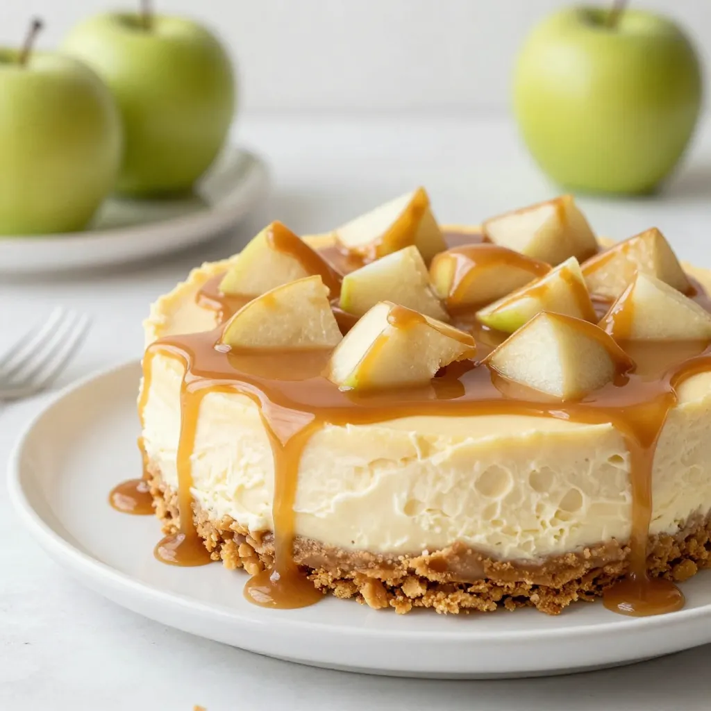 - 1 ¾ cups graham cracker crumbs - ½ cup unsalted butter, melted - 2 tablespoons granulated sugar - 16 oz cream cheese, softened - 1 cup granulated sugar - 1 teaspoon vanilla extract - 3 large eggs - 1 teaspoon ground cinnamon - 2 cups diced apples (preferably Granny Smith) - 1 cup granulated sugar - 6 tablespoons unsalted butter - ½ cup heavy cream - Pinch of salt In this caramel apple cheesecake recipe, each ingredient plays a unique role. The graham cracker crumbs form a crunchy base that contrasts nicely with the creamy filling. The melted butter binds these crumbs together and adds richness. Granulated sugar in the crust adds a touch of sweetness, enhancing the flavor. For the cheesecake filling, softened cream cheese is key. It creates that smooth, rich texture we crave. Adding granulated sugar balances the cream cheese's tanginess. The vanilla extract brings warmth, while the eggs give the cheesecake its structure. Ground cinnamon adds a cozy spice, and the diced Granny Smith apples introduce a fresh, tart flavor. The caramel sauce is the icing on the cake. Granulated sugar melts to create a sweet sauce. Butter adds creaminess, while heavy cream gives it a silky texture. A pinch of salt enhances all these flavors, making each bite divine. {{ingredient_image_1}} 1. Preheat your oven to 325°F (160°C). 2. In a medium bowl, mix together: - 1 ¾ cups graham cracker crumbs - ½ cup unsalted butter, melted - 2 tablespoons granulated sugar 3. Press this mixture firmly into the bottom of a springform pan. 1. In a large bowl, beat 16 oz cream cheese until smooth. 2. Add 1 cup of sugar and 1 teaspoon of vanilla extract; mix well. 3. Incorporate 3 large eggs, one at a time. Mix on low speed after each egg. 4. Stir in 1 teaspoon of ground cinnamon and mix just until combined. 5. Gently fold in 2 cups of diced apples. 1. Pour the cheesecake filling over the cooled crust. Smooth the top with a spatula. 2. Bake for 50-60 minutes. The center should be set but slightly jiggly. 3. Turn off the oven and crack the door open. Let the cheesecake cool in the oven for an hour. This method gives you a creamy and flavorful cheesecake every time. Enjoy the process! For a smooth cheesecake, use room temperature ingredients. This helps the cream cheese blend better. Cold cream cheese can create lumps. Avoid overmixing the filling. Mix until just combined to keep it light and fluffy. Too much mixing can lead to cracks. Watch the sugar closely while melting. Sugar can burn quickly, so stir constantly. Once it turns amber, remove it from heat. Control the temperature when adding cream. The mixture will bubble up, so pour slowly. This helps create a smooth caramel sauce. Pair your cheesecake with whipped cream. It adds a light and airy touch. For extra flavor, serve with caramel drizzles. This makes each slice feel special. You can also sprinkle some cinnamon on top for a warm twist. Pro Tips Use Room Temperature Ingredients: Ensure that your cream cheese and eggs are at room temperature before mixing. This helps achieve a smoother filling without lumps. Choose the Right Apples: For the best flavor balance, opt for tart apples like Granny Smith. Their acidity complements the sweetness of the cheesecake and caramel. Prevent Cracks: To prevent cracks in your cheesecake, avoid overmixing the filling and bake at a lower temperature. Cracking often occurs due to too much air or rapid temperature changes. Cool Gradually: Allow the cheesecake to cool slowly in the oven with the door ajar. This gradual cooling helps prevent cracks and maintains a creamy texture. {{image_2}} You can change the flavor of your cheesecake by swapping out the apples. Try using Honeycrisp or Fuji apples for a sweeter taste. You can also mix different apple types for fun. Adding nuts like pecans or walnuts gives a great crunch. They add texture and flavor that pairs well with the creamy cheesecake. If you want to mix it up, try using chocolate ganache instead of caramel. Melt dark or milk chocolate with cream for a rich topping. You can also top your cheesecake with fresh fruit or berries. Strawberries, blueberries, or raspberries add bright color and flavor. To make this dessert gluten-free, swap out graham crackers for a gluten-free option. You can use gluten-free cookie crumbs or almond flour. Always check that all your ingredients are gluten-free to keep it safe for those with sensitivities. This way, everyone can enjoy a slice of this tasty cheesecake! You should store leftover cheesecake in the fridge. This keeps it fresh and tasty. Use plastic wrap or a lid to cover it well. This will stop it from drying out or absorbing other smells from the fridge. To freeze slices for later, wrap each slice tightly in plastic wrap. Then, place them in a freezer-safe bag. This helps keep them tasty. When you want to eat them, take out a slice and thaw it in the fridge overnight. You can also leave it at room temperature for a few hours. The cheesecake lasts about five days in the fridge. If you notice any signs of spoilage, like a strange smell or discoloration, it’s best to toss it. Always check your cheesecake before serving. Fresh is always best for flavor and safety! To tell if the cheesecake is done, look for a slight jiggle in the center. The edges should look set, while the middle is a bit wobbly. This means it will finish cooking as it cools. When you take it out, let it cool slowly in the oven. This helps prevent cracks. Yes, you can make this cheesecake ahead of time. I suggest making it one day before you plan to serve it. This gives the flavors time to blend. Keep it in the fridge, covered, until you are ready to serve. It tastes even better the next day! I recommend using Granny Smith apples for this cheesecake. They are tart and hold their shape well. This adds a nice balance to the sweet filling. Plus, they give great texture to each bite. Their flavor really shines in the caramel and cream cheese mix. This blog post covered how to make a delicious apple cheesecake, from crust to caramel. You learned about the ingredients needed for the crust, filling, and sauce. I shared step-by-step instructions to help you bake it perfectly. Remember, use room temperature ingredients and watch the sugar closely for the caramel. With some variations and storage tips, you can enjoy this tasty treat anytime. Now it's time to gather your ingredients and create your own apple cheesecake masterpiece! Enjoy every bite!