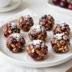 - 1 cup dried cherries, finely chopped - 1 cup graham cracker crumbs - 1 cup powdered sugar, plus extra for dusting - 1/2 cup pecans, toasted and finely chopped - 1/4 cup light corn syrup - 1 teaspoon vanilla extract - 1/4 cup cherry juice (ensure it is unsweetened) - A pinch of sea salt You can swap dried cherries with other dried fruits like cranberries or apricots. If you want a nut-free option, use sunflower seeds instead of pecans. For a gluten-free treat, choose gluten-free graham crackers. You can also use maple syrup in place of corn syrup for a different flavor. If you don’t have cherry juice, use apple juice; it adds a nice taste too. Choose high-quality dried cherries for the best flavor. Look for ones with no added sugar. When picking graham crackers, make sure they are fresh for a nice crunch. Use fresh pecans for a richer taste. Always check the cherry juice label to ensure it is 100% juice and unsweetened. This helps keep the sweetness balanced. {{ingredient_image_1}} Start by taking a mixing bowl. Add 1 cup of finely chopped dried cherries, 1 cup of graham cracker crumbs, and 1 cup of powdered sugar. Mix these ingredients well. You want them to blend into a nice, even mixture. Next, stir in 1/2 cup of toasted and finely chopped pecans. Add 1/4 cup of light corn syrup and 1 teaspoon of vanilla extract. Pour in 1/4 cup of unsweetened cherry juice and a pinch of sea salt. Mix until a moist dough forms. This dough is the base for your tasty treats. Once your mixture is ready, it’s time to roll the balls. Use your hands to take a small amount of dough. Roll it into a ball about 1 inch in diameter. Place each ball on a parchment-lined baking sheet. Keep rolling until all the mixture is shaped into balls. This part is fun and lets you see your treats take shape! After rolling, cover the baking sheet with plastic wrap. Place it in the fridge and chill for at least 2 hours. This helps the balls firm up. Once chilled, it’s time to coat them. Take each ball and roll it in a little extra powdered sugar. This gives them a lovely, sweet finish. Now, you can serve these Cherry Bourbon Balls chilled or at room temperature. Enjoy your sweet treat! To get the right texture in your Cherry Bourbon Balls, start with finely chopped dried cherries. This helps them blend well with the other ingredients. Use smooth graham cracker crumbs, not large chunks. The dough should feel moist but not sticky. If it feels too dry, add a tiny bit more cherry juice. If it's too wet, add more graham cracker crumbs. You can boost flavor easily. Try adding a splash of almond extract for a nutty twist. A dash of cinnamon adds warmth, too. For a richer taste, use dark corn syrup instead of light. Mixing in some chocolate chips gives it a sweet surprise. Just remember to keep the balance in flavors. One common mistake is not chilling the balls long enough. Chilling helps them firm up and makes rolling easier. Also, don’t skip the powdered sugar coating. It keeps the balls from sticking together. Lastly, make sure to use unsweetened cherry juice. Sweetened juice can make your balls too sweet. Pro Tips Use Fresh Ingredients: Opt for high-quality dried cherries and fresh pecans for the best flavor and texture in your bourbon balls. Adjust Sweetness: If you prefer a less sweet treat, reduce the amount of powdered sugar used for dusting or in the mixture. Chilling is Key: Make sure to chill the balls for at least 2 hours; this helps them firm up and makes them easier to handle when rolling. Experiment with Spirits: While bourbon is traditional, you can experiment with different spirits like rum or whiskey for a unique twist on the flavor. {{image_2}} You can switch out bourbon for other spirits. Try rum for a sweeter taste. Brandy adds a warm, rich flavor. For a twist, use whiskey. Each spirit changes the taste, giving you new options. You can add chocolate to your Cherry Bourbon Balls. Mix in cocoa powder or dip them in melted chocolate. Nuts also work well. Use walnuts or almonds instead of pecans. Each nut has its unique taste and crunch. Experiment with spices, like cinnamon or nutmeg, for extra warmth. If you need gluten-free treats, use gluten-free graham crackers. They work just as well in the recipe. For nut-free options, skip the pecans. You can use seeds like sunflower or pumpkin seeds for crunch. Always check labels to ensure your ingredients fit your dietary needs. Store your Cherry Bourbon Balls in an airtight container. This keeps them fresh longer. Place a piece of parchment paper between layers if needed. It prevents sticking and helps keep their shape. Keep them in the fridge to maintain their taste and texture. When stored properly, Cherry Bourbon Balls can last up to two weeks in the fridge. If you want them to last longer, consider freezing them. They may lose some texture and flavor over time, but they will still taste good. To freeze your Cherry Bourbon Balls, first let them chill in the fridge. Once firm, place them in a single layer on a baking sheet. Freeze them for about 1 hour. After that, transfer them to a freezer-safe bag or container. Label it with the date. They can stay frozen for up to three months. When ready to enjoy, thaw them in the fridge overnight before serving. Cherry Bourbon Balls are small, sweet treats made with dried cherries, nuts, and bourbon. They are rich in flavor and offer a chewy texture. The combination of graham cracker crumbs and powdered sugar gives them a delightful sweetness. This recipe blends classic ingredients, making it a favorite for parties and holidays. Yes, you can make Cherry Bourbon Balls ahead of time. In fact, chilling them helps the flavors blend. You can prepare them a few days in advance. Just store them in an airtight container in the fridge. This makes them a great option for busy times. Your Cherry Bourbon Balls are ready when they are firm to the touch after chilling. They should hold their shape well. After rolling them in powdered sugar, they look inviting and sweet. Serve them chilled or at room temperature for the best taste experience. You now know how to make delicious Cherry Bourbon Balls. We covered the key ingredients, step-by-step instructions, and tips for perfection. You learned about fun variations and proper storage methods to keep these treats fresh. Remember, using quality ingredients makes a big difference in flavor. Avoid common mistakes for the best results. Whether you make them for a party or as a gift, these treats will impress everyone. Enjoy your baking and share these delightful bites with friends!