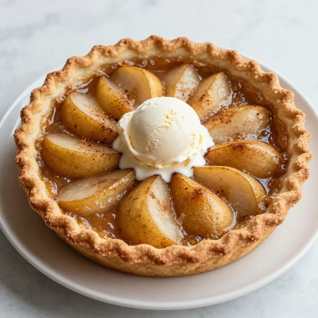 - 4 ripe pears, peeled, cored, and sliced - 1 teaspoon ground cinnamon - 1 teaspoon ground ginger - 1/2 teaspoon ground cardamom - 1/4 teaspoon ground cloves - 1/4 teaspoon nutmeg - 3/4 cup brown sugar - 2 tablespoons lemon juice - 3 tablespoons cornstarch - 1 tablespoon unsalted butter, diced into small pieces - 1 premade pie crust (or homemade if preferred) - 1 egg, beaten (for egg wash) - Optional: Whipped cream or vanilla ice cream for serving When measuring ingredients, accuracy is key. Use measuring cups for liquids and dry ingredients. A kitchen scale can help for more precision. For spices, level off each teaspoon to avoid too much flavor. Make sure your pears are ripe for the best taste and sweetness. You can add some flair when serving your pie. A dollop of whipped cream on top adds creaminess. Vanilla ice cream brings a sweet, cold contrast to the warm pie. You can also sprinkle a little cinnamon or nutmeg on top for extra flavor. {{ingredient_image_1}} Start by preheating your oven to 375°F (190°C). Grab a 9-inch pie dish and lay your premade pie crust inside. Trim any extra dough hanging over the edges. This crust is the base of your pie, so make sure it fits snugly. In a large bowl, mix your sliced pears with the lemon juice. Toss in 3/4 cup of brown sugar, 3 tablespoons of cornstarch, and all the spices: 1 teaspoon of ground cinnamon, 1 teaspoon of ground ginger, 1/2 teaspoon of ground cardamom, 1/4 teaspoon of ground cloves, and 1/4 teaspoon of nutmeg. Make sure the pears are well coated. This step adds flavor and helps the filling thicken. Pour the spiced pear filling into your crust, spreading it out evenly. Dot the top with small pieces of 1 tablespoon of diced unsalted butter for extra richness. If you have another crust, cover the pie now. Crimp the edges to seal it well. You can also make a lattice top by cutting strips and weaving them over the filling. Brush the top with a beaten egg for a nice golden color. Bake the pie for 45-50 minutes. Look for a golden crust and bubbling filling. If the edges brown too fast, use strips of aluminum foil to cover them. After baking, let it cool for at least 30 minutes before slicing. To make your chai spiced pear pie shine, pick the best pears. Look for ripe pears that feel firm but not hard. I love using Bartlett or Bosc pears. They hold their shape and taste sweet. You want a mix of sweet and slightly tart to balance the spices. Always peel and core the pears before slicing. This makes the pie easier to eat and lets the spices soak in. A great pie crust is key to a perfect pie. You can use a store-bought pie crust for ease. If you want to make your own, keep it cold. Use cold butter, water, and flour. Chill the dough before rolling it out. This keeps it flaky. Don’t forget to trim the edges after placing the crust in the pie dish. It helps them cook evenly. For a lovely, golden crust, brush it with a beaten egg. This adds shine and color. While baking, keep an eye on the pie. If the edges brown too fast, use foil to cover them. Bake until the crust is golden and the filling bubbles. Let the pie cool for at least 30 minutes before slicing. This helps the filling set and makes it easier to serve. Pro Tips Use Firm Pears: Choose pears that are ripe but still firm to ensure they hold their shape during baking. Spice Variations: Feel free to adjust the spice levels to your liking; adding a pinch of black pepper can create an interesting depth of flavor. Pre-Bake the Crust: For a crisper bottom crust, consider pre-baking the pie crust for 10 minutes before adding the filling. Cooling Time: Let the pie cool completely before slicing to allow the filling to set, which will prevent it from being too runny. {{image_2}} You can change the flavor of your chai spiced pear pie. Try adding nutty flavors or different spices. For a warm twist, use allspice or vanilla bean. Each spice gives a unique taste. You can even try a pinch of cayenne for heat. Just remember, start small! Taste as you go to find your favorite mix. While a premade crust is easy, you can get creative! Try a graham cracker crust for a sweet crunch. A nut crust adds a nice texture and flavor too. If you're feeling adventurous, make a flaky homemade crust. This can make your pie even more special. Each crust type brings a new experience to your pie. Whipped cream is great, but let’s explore more! Serve the pie with vanilla ice cream. The cold ice cream contrasts well with the warm pie. You can also add a drizzle of caramel sauce. This adds a rich sweetness. For a fresh taste, try a scoop of lemon sorbet. Each bite can surprise your taste buds! To keep your Chai Spiced Pear Pie fresh, let it cool completely. Then, wrap it in plastic wrap. You can also use aluminum foil. Store it in the fridge. This method keeps the pie moist and tasty. If you want to save it longer, freeze it. Just wrap the pie tightly in plastic wrap and foil. This way, it stays fresh for a long time. In the fridge, your pie lasts about 3 to 5 days. If you freeze it, it can last up to 3 months. Just remember, the longer you store it, the more the flavors change. So, for the best taste, eat it within a month of freezing. To reheat your Chai Spiced Pear Pie, first, take it out of the fridge. Preheat your oven to 350°F (175°C). Place the pie on a baking sheet. Heat it for about 15 to 20 minutes. Check if it's warm all the way through. If you froze the pie, let it thaw in the fridge overnight before reheating. Enjoy it warm with whipped cream or ice cream for a special treat! Yes, you can use other fruits in this pie. Apples work well with pears. You can also mix berries for a fun twist. Just keep the spice mix the same. Each fruit adds its own flavor and texture. Experiment with what you like best. You can substitute brown sugar with white sugar and a bit of molasses. Mix one cup of white sugar with one tablespoon of molasses. This gives a similar flavor to brown sugar. You can also use coconut sugar for a healthier option. It keeps that caramel-like taste. To make a gluten-free version, use a gluten-free pie crust. Many brands offer ready-made options. You can also make your own crust with gluten-free flour. Make sure your cornstarch is certified gluten-free. This way, you can enjoy the pie without worry. You now know how to make a delicious Chai Spiced Pear Pie. We covered the key ingredients, from pears to spices. I shared step-by-step instructions to create a tasty crust and filling. Tips helped you choose the best pears and achieve that golden finish. We even explored fun variations and proper storage methods. Remember, baking is about joy and creativity. Try new spices or fruits in your pie. Enjoy sharing this dessert with family and friends. Happy baking!