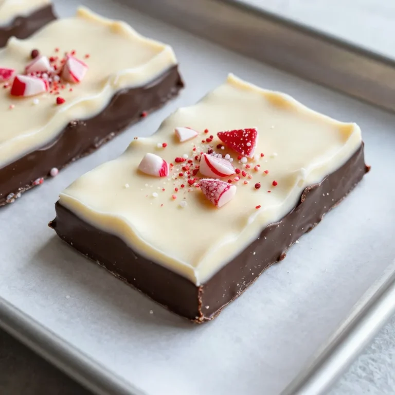 - 12 oz white chocolate chips - 12 oz dark chocolate chips - 1 teaspoon peppermint extract - 1/2 cup crushed peppermint candies - A pinch of sea salt (optional) For this easy peppermint bark, you need simple and fun ingredients. Start with 12 ounces of white chocolate chips. These will give your bark a creamy base. Next, grab 12 ounces of dark chocolate chips. This chocolate adds a rich flavor that pairs well with the white chocolate. To give your bark a refreshing taste, you need 1 teaspoon of peppermint extract. This tiny amount packs a big flavor punch. Then, you will want 1/2 cup of crushed peppermint candies. You can use candy canes for this. They add a nice crunch and a pop of color. Lastly, if you like, sprinkle a pinch of sea salt on top. This creates a lovely contrast to the sweet chocolate. With these ingredients ready, you can create a sweet treat that will impress everyone. Each bite is minty and chocolatey, making it perfect for any holiday gathering or just a fun snack at home. {{ingredient_image_1}} First, take a baking sheet. Line it with parchment paper. Make sure the paper covers the whole bottom. This step helps the bark come off easily later. Grab a microwave-safe bowl. Add the dark chocolate chips to the bowl. Heat it in the microwave for 30 seconds. After each time, take it out and stir. This helps prevent burning. It should take about 1-2 minutes to melt fully. Once the dark chocolate is smooth, pour it onto the lined baking sheet. Use a spatula to spread it out evenly. Aim for about 1/4 inch thick. Now, place the baking sheet in the fridge. Let it chill for about 10-15 minutes until it hardens. Next, use another microwave-safe bowl for the white chocolate chips. Melt them the same way as the dark chocolate. After they are smooth, stir in the peppermint extract. This adds a great minty flavor. Take the baking sheet with the hardened dark chocolate out of the fridge. Pour the melted white chocolate on top of the dark chocolate. Quickly spread it to cover evenly. This creates a beautiful layer of flavors. Before the white chocolate sets, sprinkle the crushed peppermint candies on top. Do this while the chocolate is still soft. Press the candies down a bit so they stick well. Now, return the baking sheet to the fridge. Let it chill for another 30-60 minutes. This helps the bark harden completely. Once it's solid, take it out. Break the bark into pieces using your hands or a knife. If you want, sprinkle a pinch of sea salt on top for a nice touch. To create great peppermint bark, melting chocolate correctly is key. Use short bursts in the microwave. Heat for 30 seconds, then stir. This helps the chocolate melt evenly. If it looks lumpy, stop heating. Stirring helps it get smooth. Avoid seizing chocolate by keeping water away. Even a drop can ruin your batch. Use dry bowls and utensils to mix. This small step makes a big difference. Think about fun ways to serve your peppermint bark. Cut it into shapes for the holidays. You can also place pieces in cute bags as gifts. The bright colors make it festive and fun. Pair peppermint bark with other sweets. It goes well with vanilla ice cream or hot cocoa. The cool mint taste balances rich flavors. You can also serve it with coffee for a nice treat. Many people overheat chocolate. This causes it to seize and become grainy. Always watch the time and stir often. Layering can be tricky. Pour the white chocolate gently on the dark. If you pour too fast, it can mix together. Make sure each layer is cool before adding the next. This keeps them separate and pretty. Pro Tips Use a Good Quality Chocolate: The quality of your chocolate greatly affects the final flavor of the bark. Use high-quality chocolate chips for the best results. Cool Between Layers: Allow the dark chocolate to completely harden before adding the white chocolate layer to prevent mixing and achieve clean layers. Crush Peppermint Candies Finely: For a more even distribution and a better texture, crush your peppermint candies into smaller pieces before sprinkling them on the bark. Storage Tips: Store the peppermint bark in an airtight container at room temperature for up to two weeks to maintain freshness. {{image_2}} You can easily switch up the chocolate in peppermint bark. Try using milk chocolate instead of dark chocolate. This change gives a sweeter taste. If you prefer, swap white chocolate for flavored options, like caramel or mocha. Flavored chocolates can add a fun twist to your bark. Get creative with your peppermint bark by adding nuts or dried fruits. Chopped almonds or pecans add a nice crunch. Dried cranberries or cherries offer a sweet and tart flavor. You can also explore other flavors beyond peppermint. Consider using orange zest or vanilla for a different taste. These options help you make unique treats for everyone. Peppermint bark works well for any season or holiday. For a festive touch, make holiday-themed peppermint bark. Use red and green sprinkles or festive shapes. You can also make seasonal versions. Try using flavors like pumpkin spice in fall or coconut in summer. This way, you can enjoy peppermint bark all year long. To keep your peppermint bark fresh, store it in an airtight container. This keeps moisture out and preserves flavor. Place a piece of parchment paper between layers to prevent sticking. The ideal temperature for storing peppermint bark is a cool, dry place. Avoid direct sunlight or heat sources, as they can melt the chocolate. Peppermint bark can last about two weeks when stored properly. After that, it may lose its taste and texture. Signs that it has gone bad include a dull appearance or a strange smell. If the chocolate looks white or grainy, it may not be safe to eat. Yes, you can freeze peppermint bark! Cut it into pieces before freezing for easy access. Place it in a freezer-safe container or bag. For best results, consume it within three months. When you’re ready to enjoy it, thaw the bark in the fridge overnight. This helps it maintain its texture and flavor. Yes, you can! Feel free to swap dark chocolate for milk chocolate. Milk chocolate will add a sweeter touch. If you enjoy white chocolate, try using it alone. You can even mix it up with flavored chocolate, like caramel or toffee. Each option gives a unique taste. Experimenting can lead to fun flavors. Peppermint bark usually takes about one hour to set. After spreading the dark chocolate, chill it for 10-15 minutes. Then pour the white chocolate on top. Chill again for 30-60 minutes. Make sure it’s fully hard before breaking it into pieces. Check if it feels firm and solid. You can use other flavors if you lack peppermint extract. Vanilla extract can work well for a different taste. You might also try almond or orange extracts. Just remember, these will change the final flavor. Use them sparingly to keep it balanced. Yes, peppermint bark is gluten-free! All the key ingredients, like chocolate and peppermint, are safe for those with gluten issues. Just check the candy packaging if you use store-bought peppermint candies. Some brands may include gluten in their ingredients. Always play it safe and read labels. You now know how to make delicious peppermint bark with simple steps. We covered ingredients, tools, and methods to ensure success. Remember to melt your chocolate carefully and layer with care. Don't forget to add your crushed peppermint for that festive touch. With these tips, you’ll avoid common mistakes and create a treat that impresses everyone. Enjoy your peppermint bark fresh or store it well for later. Happy baking!