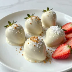 To make these tasty truffles, you need a few key items: - 1 cup white chocolate chips - 1/2 cup heavy cream - 1 cup fresh strawberries, pureed (about 4-5 strawberries) - 1 teaspoon vanilla extract - 1/2 cup graham cracker crumbs - 1/4 cup shredded coconut (sweetened or unsweetened) - Pinch of salt These main ingredients create a rich and creamy treat. The white chocolate is sweet, while the strawberries add a fresh flavor. The heavy cream gives the truffles a smooth texture, making them melt in your mouth. If you want to add more flavor, try these options: - A splash of almond extract - A sprinkle of sea salt for balance - Chopped nuts for crunch These extras can take your truffles to the next level. A bit of almond extract can add a nice twist. The sea salt balances the sweetness and makes each bite pop. When making truffles, use high-quality ingredients. Choose good white chocolate chips. They should be creamy and smooth. Fresh strawberries are best for pureeing. They add the most flavor and brightness. If you use coconut, pick the type based on your taste. Sweetened coconut adds a sugary touch. Unsweetened is great if you want a more natural taste. Using quality ingredients makes your truffles taste amazing. Trust me; it’s worth it! {{ingredient_image_1}} First, grab a small saucepan. Heat the heavy cream over medium heat. Watch it closely until it simmers. Do not let it boil; this can ruin the mix. Remove the saucepan from heat. Add the white chocolate chips right away. Stir until they melt and blend into a smooth texture. This step is key to a creamy truffle. Now, it's time to add fruit! Pour in the pureed strawberries and vanilla extract. Mix well to combine all the flavors. The pinch of salt is important too; it makes the sweet taste pop. Let the mixture cool to room temperature. Cover it, then place it in the fridge for 1-2 hours. This will help it firm up for easy scooping. Once the mixture is firm, take it out of the fridge. Use a melon baller or small cookie scoop to create 1-inch balls. Roll each ball gently in your hands to smooth them out. Next, roll them in graham cracker crumbs for a crunchy coat. If you like, add shredded coconut for extra flavor. Place the truffles on a tray lined with parchment paper. Refrigerate for another 30 minutes to set before serving. Enjoy these delightful treats! To get a smooth truffle texture, use quality white chocolate chips. Heat the heavy cream slowly. Keep an eye on it to avoid boiling. Once it simmers, take it off the heat. Add the white chocolate chips and stir until melted. The mixture should be creamy and glossy. Mixing in pureed strawberries adds flavor, but make sure they are well blended. This keeps the texture smooth and uniform. Store truffles in an airtight container. This keeps them fresh and moist. Place parchment paper between layers to avoid sticking. Keep them in the fridge for best results. This helps maintain their shape and flavor. If you want to store them longer, freeze them. Just make sure they are well wrapped to prevent freezer burn. If your truffles are too soft, they might need more chilling time. Place them back in the fridge for a while. If they are too firm, let them sit at room temperature for a few minutes. For truffles that fall apart, ensure you mix the chocolate and cream well. A smooth blend is key. If the coating doesn’t stick, try rolling them in the crumbs quickly after forming. Pro Tips Use Quality Chocolate: Select high-quality white chocolate for a richer flavor and smoother texture in your truffles. Chill Before Scooping: Ensure the mixture is firm enough to scoop by chilling it thoroughly; this will make shaping the truffles easier. Experiment with Coatings: Try different coatings like crushed nuts or cocoa powder for a unique twist on the classic truffle. Storage Tips: Keep the truffles refrigerated in an airtight container for up to a week to maintain freshness and flavor. {{image_2}} You can easily change the flavor of your truffles. Try adding orange zest for a bright twist. You can also use raspberry puree instead of strawberries for a bold taste. If you want a nutty touch, mix in some almond extract. Spice it up with a hint of cinnamon or cardamom for warmth. You can even add a splash of your favorite liqueur for a fun kick. While graham cracker crumbs give a great crunch, other coatings work too. Try rolling your truffles in crushed nuts, like almonds or hazelnuts, for added texture. For a chocolate lover's dream, coat them in melted dark or milk chocolate. You could even use colored candy melts for a festive look. Coconut flakes can add a tropical vibe if you want something different. You can make these truffles vegan-friendly too! Use dairy-free white chocolate chips and coconut cream instead of heavy cream. The pureed strawberries will still bring in that fresh taste. For a gluten-free version, just ensure your graham crackers are gluten-free. With these changes, you can enjoy these treats without worry! To keep your white chocolate strawberry truffles fresh, store them in an airtight container. Place a layer of parchment paper between each truffle. This helps prevent them from sticking together. Keep the container in the fridge. The cool temperature will help maintain their creamy texture and rich flavor. When stored properly, these truffles can last about one week in the fridge. After that, their texture and taste might change. If you notice any signs of spoilage, like off smells or unusual colors, it’s best to discard them. Fresh truffles are always a delight, so enjoy them within that week for the best experience. You can freeze these truffles for longer storage. First, place them on a tray in a single layer. Freeze them for about two hours. Once they are firm, transfer them to a freezer-safe bag or container. Make sure to remove as much air as possible. They can last up to three months in the freezer. When ready to eat, thaw them in the fridge overnight. Enjoy the delicious taste without losing quality! For truffles, I recommend using high-quality white chocolate chips. Look for brands with few ingredients. This choice helps ensure a smooth texture and rich flavor. Avoid chocolate with fillers or additives. The better the chocolate, the better your truffles will taste. Yes, you can use frozen strawberries! Just remember to thaw them first. Then, puree them to extract the flavor. Fresh strawberries give a brighter taste, but frozen ones work well too. They still provide sweetness and moisture for your truffles. You can easily customize truffles for any event. Here are some ideas: - Flavors: Add flavor extracts like almond or mint. - Coatings: Try dipping them in dark chocolate instead of rolling them. - Garnishes: Use different nuts or sprinkles for a festive look. - Shapes: Use molds for fun shapes during holidays or special events. Each option adds a unique touch to your truffles, making them perfect for any occasion. You learned about making white chocolate strawberry truffles. We covered key ingredients, followed by simple steps to create them. I shared useful tips to ensure smooth texture and freshness. You can also explore fun variations and storage methods. Truffles are fun to make and share. Enjoy the process and get creative! Each truffle can be unique. Let your taste guide you as you experiment. Happy truffle-making!