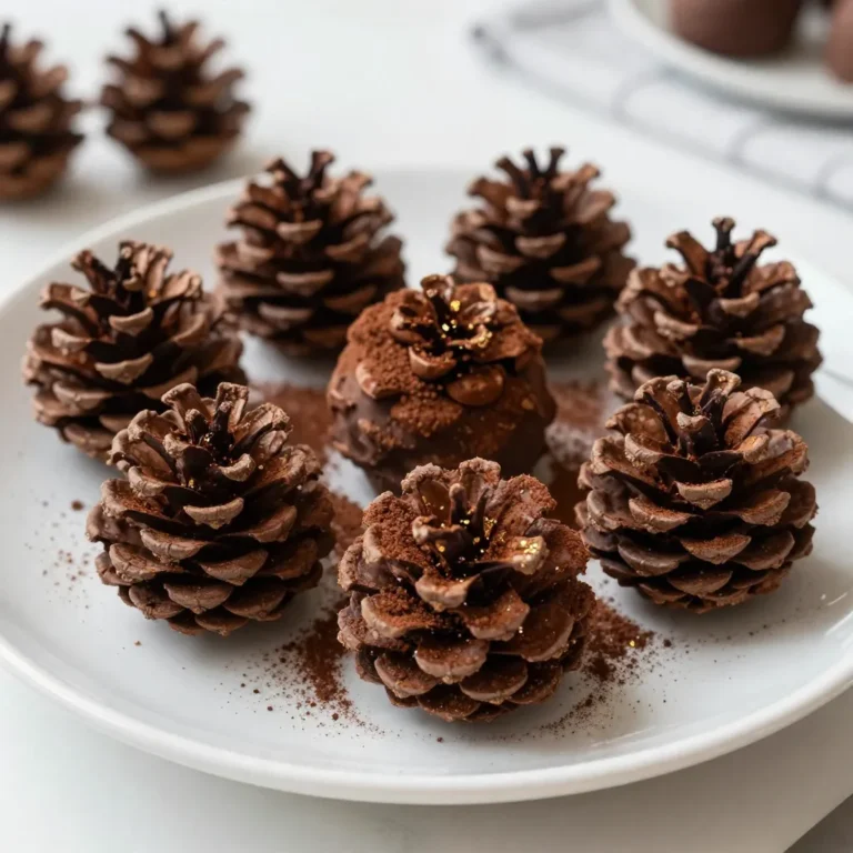 To create Pine Cone Chocolate Truffles, gather the following ingredients: - 8 ounces dark chocolate (70% cocoa), chopped - 1/2 cup heavy cream - 1 teaspoon vanilla extract - 1/4 teaspoon sea salt - 1/2 cup finely crushed almonds or walnuts (for pine cone texture) - 1/4 cup unsweetened cocoa powder (for dusting) - Edible gold or silver dust (optional, for decoration) These ingredients come together to make rich and delicious truffles. The dark chocolate gives a deep flavor, while the heavy cream adds creaminess. Vanilla and sea salt enhance the taste. The crushed nuts create that fun pine cone look. Finally, cocoa powder and optional edible dust add flair. Make sure to use high-quality chocolate for the best taste. Feel free to adjust the nuts based on your preference. This recipe is simple yet rewarding. You will impress everyone with your homemade treats! {{ingredient_image_1}} To melt the chocolate, use a double boiler method. Place a heatproof bowl over a pot of simmering water. Make sure the bowl does not touch the water. Add chopped dark chocolate and heavy cream to the bowl. Stir slowly until the chocolate melts and becomes smooth. This step is crucial. It ensures a creamy texture that binds the truffles. Once the chocolate is melted, take it off the heat. Add one teaspoon of vanilla extract and a quarter teaspoon of sea salt. Stir well to mix everything together. This will give your truffles a rich flavor that people will love. Next, let the chocolate mixture cool to room temperature. Once it cools, cover the bowl with plastic wrap. Place it in the refrigerator for about two hours. This chilling will help firm the mixture, making it easier to scoop and shape later. After chilling, use a small scoop or your hands to take about a tablespoon of the mixture. Roll it into a ball. Aim for a rustic look, similar to a pine cone. The uneven shape adds to the charm of each truffle. Next, roll each chocolate ball in finely crushed nuts. You can use almonds or walnuts for this step. The crushed nuts will create a great texture, mimicking the look of pine cones. Make sure each truffle is well-coated. For extra flavor and a nice finish, dust each truffle with unsweetened cocoa powder. Use a light hand to get an even coat. If you want to make it special, you can add edible gold or silver dust. This will give your truffles an elegant shine. Finally, place the truffles on a parchment-lined tray. Refrigerate them for another 30 minutes. This final chilling is important. It helps the truffles hold their shape and makes them perfect for serving. To mimic a pine cone look, shape the truffles by rolling them into a rustic form. Use your hands for a more organic shape. If you want extra help, a small scoop can make the process easier. Aim for uneven edges to add to the pine cone vibe. For a twist, try adding a teaspoon of espresso powder. It gives a nice coffee flavor to the truffles. You can also play with different types of chocolate. Dark chocolate gives a rich taste, while milk chocolate offers a sweeter note. Each choice changes the flavor profile. Present the truffles on a festive plate to impress your guests. Set them in a pine cone shape for a fun touch. You can also add fresh pine needles or a sprinkle of powdered sugar to mimic snow. For drinks, pair the truffles with a nice red wine or hot cocoa. It creates a cozy treat for any gathering. Pro Tips Quality Chocolate Matters: Use high-quality dark chocolate to enhance the flavor of your truffles. The better the chocolate, the richer the taste! Chill Time is Key: Allow the chocolate mixture to chill thoroughly to make shaping the truffles easier. If the mixture is too soft, it will not hold its shape. Experiment with Coatings: Try using different nuts or even crushed cookies for a unique texture. You can also roll the truffles in shredded coconut for a tropical twist. Presentation Matters: Arrange the truffles creatively on a platter. Use decorative elements like fresh pine needles or festive ribbons to enhance the visual appeal. {{image_2}} You can change the look and taste of your pine cone chocolate truffles by using different nuts. Try pecans, hazelnuts, or even pistachios for unique flavors. You can also add colorful sprinkles for fun. For a twist, use flavor-infused coatings like matcha powder or shredded coconut. Both options give your truffles a new taste and fun texture. If you want to make these truffles vegan, swap the heavy cream for coconut cream. Use dairy-free chocolate too. For a gluten-free version, ensure your nuts and cocoa powder are certified gluten-free. These changes let everyone enjoy your delicious truffles without worry. To make your truffles feel festive, add spices for winter flavors. A pinch of cinnamon or nutmeg gives a warm taste. For other holidays, decorate with colored icing or seasonal sprinkles. You can even shape them like small hearts or stars for Valentine's Day or Christmas. These small changes make your truffles perfect for any occasion. To keep your pine cone chocolate truffles fresh, store them in the fridge. Place them in an airtight container. This helps prevent them from drying out or absorbing odors. If you want to freeze them, use a freezer-safe container. They can last up to three months in the freezer. Just remember to let them thaw in the fridge before enjoying! Homemade truffles can last about one week in the fridge. If you store them properly, they maintain their great taste and texture. However, for the best flavor, enjoy them within the first few days. The longer they sit, the more they lose their charm. If you prefer to buy pre-made pine cone chocolate truffles, check local gourmet stores or bakeries. Many shops offer seasonal treats, especially around the holidays. You can also search online for specialty shops that deliver. To keep your truffles firm, start with cold hands. Warm hands melt chocolate. Chill the chocolate mixture well before shaping. After rolling, place them back in the fridge. This helps them firm up. Avoid leaving them out too long. Serve them chilled for the best shape. Yes, you can make these truffles ahead of time. Prepare the truffles and chill them. Store them in an airtight container in the fridge. They stay fresh for up to two weeks. Just remember to dust with cocoa right before serving for the best look. You can try many flavors! Here are some ideas: - Add espresso powder for a coffee kick. - Mix in orange zest for a citrus twist. - Use peppermint extract for a minty flavor. - Try almond or hazelnut liqueur for a nutty touch. Experimenting can lead to fun new tastes! Yes, kids can definitely help! They can scoop the chocolate and roll the truffles. Make sure they wash their hands first. Keep sharp tools and hot surfaces away from them. Supervise closely during the process. It makes a great family activity! You’ve learned the key steps to make delicious chocolate truffles. From selecting the right ingredients to perfecting your technique, every detail counts. Experiment with flavors and coatings to express your creativity. Remember to chill your truffles well for the best texture. With these tips, you can impress friends or treat yourself. So, gather your ingredients and start crafting your sweet creations. Enjoy the process as much as the tasty results!