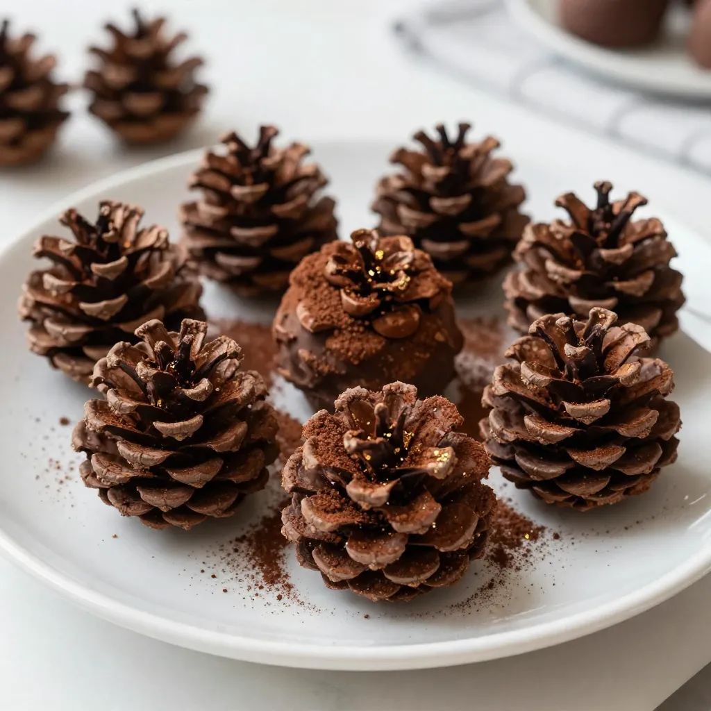 To create Pine Cone Chocolate Truffles, gather the following ingredients: - 8 ounces dark chocolate (70% cocoa), chopped - 1/2 cup heavy cream - 1 teaspoon vanilla extract - 1/4 teaspoon sea salt - 1/2 cup finely crushed almonds or walnuts (for pine cone texture) - 1/4 cup unsweetened cocoa powder (for dusting) - Edible gold or silver dust (optional, for decoration) These ingredients come together to make rich and delicious truffles. The dark chocolate gives a deep flavor, while the heavy cream adds creaminess. Vanilla and sea salt enhance the taste. The crushed nuts create that fun pine cone look. Finally, cocoa powder and optional edible dust add flair. Make sure to use high-quality chocolate for the best taste. Feel free to adjust the nuts based on your preference. This recipe is simple yet rewarding. You will impress everyone with your homemade treats! {{ingredient_image_1}} To melt the chocolate, use a double boiler method. Place a heatproof bowl over a pot of simmering water. Make sure the bowl does not touch the water. Add chopped dark chocolate and heavy cream to the bowl. Stir slowly until the chocolate melts and becomes smooth. This step is crucial. It ensures a creamy texture that binds the truffles. Once the chocolate is melted, take it off the heat. Add one teaspoon of vanilla extract and a quarter teaspoon of sea salt. Stir well to mix everything together. This will give your truffles a rich flavor that people will love. Next, let the chocolate mixture cool to room temperature. Once it cools, cover the bowl with plastic wrap. Place it in the refrigerator for about two hours. This chilling will help firm the mixture, making it easier to scoop and shape later. After chilling, use a small scoop or your hands to take about a tablespoon of the mixture. Roll it into a ball. Aim for a rustic look, similar to a pine cone. The uneven shape adds to the charm of each truffle. Next, roll each chocolate ball in finely crushed nuts. You can use almonds or walnuts for this step. The crushed nuts will create a great texture, mimicking the look of pine cones. Make sure each truffle is well-coated. For extra flavor and a nice finish, dust each truffle with unsweetened cocoa powder. Use a light hand to get an even coat. If you want to make it special, you can add edible gold or silver dust. This will give your truffles an elegant shine. Finally, place the truffles on a parchment-lined tray. Refrigerate them for another 30 minutes. This final chilling is important. It helps the truffles hold their shape and makes them perfect for serving. To mimic a pine cone look, shape the truffles by rolling them into a rustic form. Use your hands for a more organic shape. If you want extra help, a small scoop can make the process easier. Aim for uneven edges to add to the pine cone vibe. For a twist, try adding a teaspoon of espresso powder. It gives a nice coffee flavor to the truffles. You can also play with different types of chocolate. Dark chocolate gives a rich taste, while milk chocolate offers a sweeter note. Each choice changes the flavor profile. Present the truffles on a festive plate to impress your guests. Set them in a pine cone shape for a fun touch. You can also add fresh pine needles or a sprinkle of powdered sugar to mimic snow. For drinks, pair the truffles with a nice red wine or hot cocoa. It creates a cozy treat for any gathering. Pro Tips Quality Chocolate Matters: Use high-quality dark chocolate to enhance the flavor of your truffles. The better the chocolate, the richer the taste! Chill Time is Key: Allow the chocolate mixture to chill thoroughly to make shaping the truffles easier. If the mixture is too soft, it will not hold its shape. Experiment with Coatings: Try using different nuts or even crushed cookies for a unique texture. You can also roll the truffles in shredded coconut for a tropical twist. Presentation Matters: Arrange the truffles creatively on a platter. Use decorative elements like fresh pine needles or festive ribbons to enhance the visual appeal. {{image_2}} You can change the look and taste of your pine cone chocolate truffles by using different nuts. Try pecans, hazelnuts, or even pistachios for unique flavors. You can also add colorful sprinkles for fun. For a twist, use flavor-infused coatings like matcha powder or shredded coconut. Both options give your truffles a new taste and fun texture. If you want to make these truffles vegan, swap the heavy cream for coconut cream. Use dairy-free chocolate too. For a gluten-free version, ensure your nuts and cocoa powder are certified gluten-free. These changes let everyone enjoy your delicious truffles without worry. To make your truffles feel festive, add spices for winter flavors. A pinch of cinnamon or nutmeg gives a warm taste. For other holidays, decorate with colored icing or seasonal sprinkles. You can even shape them like small hearts or stars for Valentine's Day or Christmas. These small changes make your truffles perfect for any occasion. To keep your pine cone chocolate truffles fresh, store them in the fridge. Place them in an airtight container. This helps prevent them from drying out or absorbing odors. If you want to freeze them, use a freezer-safe container. They can last up to three months in the freezer. Just remember to let them thaw in the fridge before enjoying! Homemade truffles can last about one week in the fridge. If you store them properly, they maintain their great taste and texture. However, for the best flavor, enjoy them within the first few days. The longer they sit, the more they lose their charm. If you prefer to buy pre-made pine cone chocolate truffles, check local gourmet stores or bakeries. Many shops offer seasonal treats, especially around the holidays. You can also search online for specialty shops that deliver. To keep your truffles firm, start with cold hands. Warm hands melt chocolate. Chill the chocolate mixture well before shaping. After rolling, place them back in the fridge. This helps them firm up. Avoid leaving them out too long. Serve them chilled for the best shape. Yes, you can make these truffles ahead of time. Prepare the truffles and chill them. Store them in an airtight container in the fridge. They stay fresh for up to two weeks. Just remember to dust with cocoa right before serving for the best look. You can try many flavors! Here are some ideas: - Add espresso powder for a coffee kick. - Mix in orange zest for a citrus twist. - Use peppermint extract for a minty flavor. - Try almond or hazelnut liqueur for a nutty touch. Experimenting can lead to fun new tastes! Yes, kids can definitely help! They can scoop the chocolate and roll the truffles. Make sure they wash their hands first. Keep sharp tools and hot surfaces away from them. Supervise closely during the process. It makes a great family activity! You’ve learned the key steps to make delicious chocolate truffles. From selecting the right ingredients to perfecting your technique, every detail counts. Experiment with flavors and coatings to express your creativity. Remember to chill your truffles well for the best texture. With these tips, you can impress friends or treat yourself. So, gather your ingredients and start crafting your sweet creations. Enjoy the process as much as the tasty results!