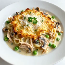 To make Creamy Chicken Tetrazzini Bake, you need a few key items. Here’s what you will need: - 2 cups cooked chicken, shredded - 8 oz spaghetti or fettuccine - 1 cup mushrooms, sliced - 1/2 cup frozen peas - 1/4 cup onion, finely chopped - 3 cloves garlic, minced - 1/4 cup all-purpose flour - 3 cups chicken broth - 1 cup heavy cream - 1 cup grated Parmesan cheese - 1 teaspoon Italian seasoning - 1/2 teaspoon salt - 1/4 teaspoon black pepper - 1 tablespoon olive oil - 1/2 cup breadcrumbs (optional for topping) These ingredients create a rich and creamy dish that everyone will love. You can add some fun toppings to make your dish pop. Here are a few ideas: - Fresh parsley for a splash of color - Extra grated Parmesan cheese for more flavor - Crushed red pepper for a little heat - Chopped green onions for a fresh touch These toppings add more taste and make your meal look great. If you have dietary needs, don’t worry! You can swap out some ingredients: - Use gluten-free pasta instead of regular pasta. - Swap heavy cream for coconut milk or a dairy-free cream. - Replace chicken with cooked tofu or chickpeas for a plant-based dish. - Use vegetable broth instead of chicken broth for a vegan option. These swaps help you enjoy this dish while sticking to your diet. {{ingredient_image_1}} 1. Preheat your oven to 350°F (175°C). 2. Cook 8 oz of spaghetti or fettuccine until al dente. Drain the pasta and set it aside. 3. In a large skillet, heat 1 tablespoon of olive oil over medium heat. 4. Add 1/4 cup of finely chopped onion and sauté until it turns clear, about 3 minutes. 5. Add 3 cloves of minced garlic and 1 cup of sliced mushrooms. Cook until the mushrooms soften, about 5 minutes. 6. Stir in 1/4 cup of all-purpose flour and cook for 1 minute. Mix it well with the veggies. 7. Gradually pour in 3 cups of chicken broth, stirring all the time to keep lumps out. Bring the mix to a simmer. 8. Stir in 1 cup of heavy cream, 1 teaspoon of Italian seasoning, 1/2 teaspoon of salt, and 1/4 teaspoon of black pepper. Cook until the sauce thickens, about 5-7 minutes. 9. Fold in 2 cups of shredded chicken, the cooked pasta, and 1/2 cup of frozen peas. Make sure everything gets coated in the sauce. 10. Pour the mix into a greased 9x13 inch baking dish. 11. If you want extra crunch, sprinkle 1/2 cup of breadcrumbs on top. 12. Top it off with 1 cup of grated Parmesan cheese. 13. Bake in the preheated oven for 25-30 minutes, until the top is golden and bubbly. 14. Let it cool for a few minutes before serving. Enjoy your creamy chicken tetrazzini bake! To get that nice, creamy texture, use heavy cream. It gives the dish richness. Stir the cream in slowly. This helps blend it well with the broth. Don't rush this step. Cook the sauce until it thickens. It should coat the back of a spoon. For even more creaminess, add a bit more Parmesan cheese. This adds flavor and makes it richer. Timing is key for this dish. Cook your pasta just until al dente. This means it should still have a little bite. If overcooked, it can turn mushy in the bake. When you make the sauce, keep an eye on the heat. If it's too high, the cream can curdle. Bake the dish until it's bubbly and golden. Let it cool for a few minutes before serving. This helps the sauce set. One common mistake is not using enough seasoning. Taste your sauce before mixing in the pasta. If it lacks flavor, add more salt and pepper. Another mistake is skipping the breadcrumbs. They add a nice crunch. Lastly, don’t skip the cooling time. Cutting right away can make a mess. Give it a few minutes to firm up. This way, you get neat servings. Pro Tips Use Leftover Chicken: This recipe is perfect for using up leftover roasted or rotisserie chicken, making it quick and easy! Customize Your Veggies: Feel free to add other vegetables like bell peppers or spinach for extra flavor and nutrition. Make Ahead: Prepare the dish ahead of time and refrigerate. Just bake it when you're ready to serve! Extra Creaminess: For an even creamier sauce, consider adding a bit of cream cheese along with the heavy cream. {{image_2}} You can easily make a vegetarian version of this dish. Replace the chicken with cooked tofu or chickpeas. Use vegetable broth instead of chicken broth. You can also add more veggies, like bell peppers or spinach. For a vegan option, swap heavy cream with coconut milk or a cashew cream. This keeps it rich and creamy. Feel free to switch up the protein. You can use cooked turkey or shrimp instead of chicken. If you want a seafood twist, add some crab or scallops. For veggies, try zucchini, broccoli, or carrots. These add color and crunch. Remember to adjust cooking times based on what you choose. Change the spices to create new flavors. Add a pinch of red pepper flakes for heat. You could also mix in some smoked paprika for a twist. For cheese, mix Parmesan with mozzarella or cheddar. Each cheese gives a new taste and texture. Don't be afraid to experiment and make it your own! To keep your creamy chicken tetrazzini bake fresh, let it cool first. Transfer it to an airtight container. Store it in the fridge for up to three days. If you want to enjoy it later, freezing is a great option. For freezing, place the cooled dish in a freezer-safe container. Make sure to wrap it tightly with plastic wrap or foil. This helps prevent freezer burn. You can freeze it for up to three months. Label the container with the date for easy tracking. To reheat, thaw the dish in the fridge overnight if frozen. Preheat your oven to 350°F (175°C). Cover the dish with foil to keep it moist. Bake for about 20-25 minutes, or until heated through. You can also microwave individual portions for quicker meals. Enjoy your creamy chicken tetrazzini again! Yes, you can make Creamy Chicken Tetrazzini Bake ahead of time. Prepare the dish, but don’t bake it yet. Cover it tightly and store it in the fridge for up to 24 hours. When ready to eat, bake it straight from the fridge. You might need to add a few extra minutes to the baking time. Creamy Chicken Tetrazzini Bake pairs well with many sides. You can serve it with a simple green salad. Garlic bread or breadsticks make a nice addition too. Steamed vegetables like broccoli or green beans add color and nutrition. Fresh herbs on top can brighten the flavors. You’ll know your Chicken Tetrazzini is done when the top is golden brown and bubbly. Check it after 25 minutes. If it looks good, take it out and let it cool for a few minutes. The sauce should be thick and creamy, coating the pasta and chicken well. You’ve learned how to make the creamy chicken tetrazzini bake. We covered key ingredients and gave tips for cooking and storing. I shared common mistakes to avoid and variations like vegetarian options. Use these insights to make your dish tasty and unique. Enjoy cooking and share your results with friends or family. Happy baking!