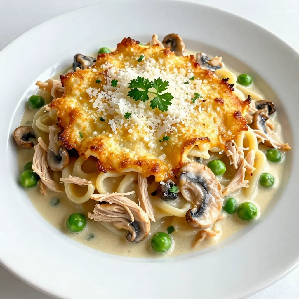 To make Creamy Chicken Tetrazzini Bake, you need a few key items. Here’s what you will need: - 2 cups cooked chicken, shredded - 8 oz spaghetti or fettuccine - 1 cup mushrooms, sliced - 1/2 cup frozen peas - 1/4 cup onion, finely chopped - 3 cloves garlic, minced - 1/4 cup all-purpose flour - 3 cups chicken broth - 1 cup heavy cream - 1 cup grated Parmesan cheese - 1 teaspoon Italian seasoning - 1/2 teaspoon salt - 1/4 teaspoon black pepper - 1 tablespoon olive oil - 1/2 cup breadcrumbs (optional for topping) These ingredients create a rich and creamy dish that everyone will love. You can add some fun toppings to make your dish pop. Here are a few ideas: - Fresh parsley for a splash of color - Extra grated Parmesan cheese for more flavor - Crushed red pepper for a little heat - Chopped green onions for a fresh touch These toppings add more taste and make your meal look great. If you have dietary needs, don’t worry! You can swap out some ingredients: - Use gluten-free pasta instead of regular pasta. - Swap heavy cream for coconut milk or a dairy-free cream. - Replace chicken with cooked tofu or chickpeas for a plant-based dish. - Use vegetable broth instead of chicken broth for a vegan option. These swaps help you enjoy this dish while sticking to your diet. {{ingredient_image_1}} 1. Preheat your oven to 350°F (175°C). 2. Cook 8 oz of spaghetti or fettuccine until al dente. Drain the pasta and set it aside. 3. In a large skillet, heat 1 tablespoon of olive oil over medium heat. 4. Add 1/4 cup of finely chopped onion and sauté until it turns clear, about 3 minutes. 5. Add 3 cloves of minced garlic and 1 cup of sliced mushrooms. Cook until the mushrooms soften, about 5 minutes. 6. Stir in 1/4 cup of all-purpose flour and cook for 1 minute. Mix it well with the veggies. 7. Gradually pour in 3 cups of chicken broth, stirring all the time to keep lumps out. Bring the mix to a simmer. 8. Stir in 1 cup of heavy cream, 1 teaspoon of Italian seasoning, 1/2 teaspoon of salt, and 1/4 teaspoon of black pepper. Cook until the sauce thickens, about 5-7 minutes. 9. Fold in 2 cups of shredded chicken, the cooked pasta, and 1/2 cup of frozen peas. Make sure everything gets coated in the sauce. 10. Pour the mix into a greased 9x13 inch baking dish. 11. If you want extra crunch, sprinkle 1/2 cup of breadcrumbs on top. 12. Top it off with 1 cup of grated Parmesan cheese. 13. Bake in the preheated oven for 25-30 minutes, until the top is golden and bubbly. 14. Let it cool for a few minutes before serving. Enjoy your creamy chicken tetrazzini bake! To get that nice, creamy texture, use heavy cream. It gives the dish richness. Stir the cream in slowly. This helps blend it well with the broth. Don't rush this step. Cook the sauce until it thickens. It should coat the back of a spoon. For even more creaminess, add a bit more Parmesan cheese. This adds flavor and makes it richer. Timing is key for this dish. Cook your pasta just until al dente. This means it should still have a little bite. If overcooked, it can turn mushy in the bake. When you make the sauce, keep an eye on the heat. If it's too high, the cream can curdle. Bake the dish until it's bubbly and golden. Let it cool for a few minutes before serving. This helps the sauce set. One common mistake is not using enough seasoning. Taste your sauce before mixing in the pasta. If it lacks flavor, add more salt and pepper. Another mistake is skipping the breadcrumbs. They add a nice crunch. Lastly, don’t skip the cooling time. Cutting right away can make a mess. Give it a few minutes to firm up. This way, you get neat servings. Pro Tips Use Leftover Chicken: This recipe is perfect for using up leftover roasted or rotisserie chicken, making it quick and easy! Customize Your Veggies: Feel free to add other vegetables like bell peppers or spinach for extra flavor and nutrition. Make Ahead: Prepare the dish ahead of time and refrigerate. Just bake it when you're ready to serve! Extra Creaminess: For an even creamier sauce, consider adding a bit of cream cheese along with the heavy cream. {{image_2}} You can easily make a vegetarian version of this dish. Replace the chicken with cooked tofu or chickpeas. Use vegetable broth instead of chicken broth. You can also add more veggies, like bell peppers or spinach. For a vegan option, swap heavy cream with coconut milk or a cashew cream. This keeps it rich and creamy. Feel free to switch up the protein. You can use cooked turkey or shrimp instead of chicken. If you want a seafood twist, add some crab or scallops. For veggies, try zucchini, broccoli, or carrots. These add color and crunch. Remember to adjust cooking times based on what you choose. Change the spices to create new flavors. Add a pinch of red pepper flakes for heat. You could also mix in some smoked paprika for a twist. For cheese, mix Parmesan with mozzarella or cheddar. Each cheese gives a new taste and texture. Don't be afraid to experiment and make it your own! To keep your creamy chicken tetrazzini bake fresh, let it cool first. Transfer it to an airtight container. Store it in the fridge for up to three days. If you want to enjoy it later, freezing is a great option. For freezing, place the cooled dish in a freezer-safe container. Make sure to wrap it tightly with plastic wrap or foil. This helps prevent freezer burn. You can freeze it for up to three months. Label the container with the date for easy tracking. To reheat, thaw the dish in the fridge overnight if frozen. Preheat your oven to 350°F (175°C). Cover the dish with foil to keep it moist. Bake for about 20-25 minutes, or until heated through. You can also microwave individual portions for quicker meals. Enjoy your creamy chicken tetrazzini again! Yes, you can make Creamy Chicken Tetrazzini Bake ahead of time. Prepare the dish, but don’t bake it yet. Cover it tightly and store it in the fridge for up to 24 hours. When ready to eat, bake it straight from the fridge. You might need to add a few extra minutes to the baking time. Creamy Chicken Tetrazzini Bake pairs well with many sides. You can serve it with a simple green salad. Garlic bread or breadsticks make a nice addition too. Steamed vegetables like broccoli or green beans add color and nutrition. Fresh herbs on top can brighten the flavors. You’ll know your Chicken Tetrazzini is done when the top is golden brown and bubbly. Check it after 25 minutes. If it looks good, take it out and let it cool for a few minutes. The sauce should be thick and creamy, coating the pasta and chicken well. You’ve learned how to make the creamy chicken tetrazzini bake. We covered key ingredients and gave tips for cooking and storing. I shared common mistakes to avoid and variations like vegetarian options. Use these insights to make your dish tasty and unique. Enjoy cooking and share your results with friends or family. Happy baking!
