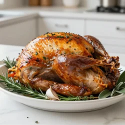 - 1 whole turkey (12-14 lbs) - 1 cup unsalted butter, softened - 4 cloves garlic, minced - 1 tablespoon fresh rosemary, chopped - 1 tablespoon fresh thyme, chopped - 1 tablespoon fresh sage, chopped - 2 tablespoons lemon juice - Salt and pepper to taste - 2 cups low-sodium chicken broth - 1 large onion, quartered - 2 carrots, chopped - 2 celery stalks, chopped - Fresh herbs for garnish (rosemary, thyme, sage) When you make herb butter roast turkey, start with a fresh, whole turkey. A 12-14 pound bird works best for this recipe. You need one cup of unsalted butter. Make sure it is softened to mix easily. Next, we add flavor with garlic, rosemary, thyme, and sage. Use four cloves of minced garlic and one tablespoon each of chopped fresh herbs. Then, squeeze in two tablespoons of lemon juice to brighten the taste. Don't forget salt and pepper for seasoning. For stuffing, gather aromatics. You need one large quartered onion, two chopped carrots, and two chopped celery stalks. These veggies add great flavor to the turkey. Lastly, have two cups of low-sodium chicken broth ready. This will keep your turkey moist as it roasts. Fresh herbs for garnish give your dish a lovely finish. These ingredients make a flavorful and juicy delight! {{ingredient_image_1}} - First, preheat your oven to 325°F (165°C). This step warms up the oven for even cooking. - Next, make the herb butter. In a bowl, mix 1 cup of softened butter with 4 minced garlic cloves, 1 tablespoon each of chopped rosemary, thyme, and sage, 2 tablespoons of lemon juice, salt, and pepper. Blend until smooth. - Now, pat the turkey dry using paper towels inside and out. This helps the skin crisp up. Gently separate the skin from the turkey breast. Use your fingers to create pockets for the herb butter. - Fill the pockets with half of the herb butter. Spread it evenly under the skin to add flavor to the meat. - Next, use the rest of the herb butter to coat the outside of the turkey. This creates a tasty crust when cooking. - Season the inside of the turkey with salt and pepper. Stuff it with quartered onion, chopped carrots, and celery for added flavor. - Place the turkey breast side up on a roasting rack in a large pan. Pour 2 cups of low-sodium chicken broth into the pan. This keeps the turkey moist while it cooks. - Roast the turkey for about 13-15 minutes per pound. The internal temperature should reach 165°F (75°C) in the thickest part of the breast and thigh. Baste the turkey every 30 minutes with the pan drippings for extra flavor. Follow these steps, and you will have a flavorful and juicy turkey ready to serve! How to ensure even roasting To get an evenly roasted turkey, start with a good setup. Place the turkey breast side up on a roasting rack. This allows hot air to circulate all around. Make sure your oven is fully preheated before putting the turkey inside. This helps it cook evenly. Also, avoid opening the oven door too often. Each time you do, the oven loses heat, which can lead to uneven cooking. Importance of basting Basting is key to a juicy turkey. Every 30 minutes, spoon the pan drippings over the turkey. This keeps the meat moist and adds flavor. The herb butter you spread under the skin will melt and mix with those drippings. This creates a rich, tasty glaze. Basting also helps to brown the skin to a lovely golden color. Garnishing suggestions For a beautiful finish, use fresh herbs to garnish. After carving the turkey, sprinkle some rosemary, thyme, and sage on top. This adds color and a fresh smell. You can also add slices of lemon around the platter. This makes the dish look bright and inviting. Serving suggestions Serve the turkey on a large platter for a striking display. Arrange your favorite sides around it. Think mashed potatoes, green beans, or cranberry sauce. This creates a festive look. Make sure to have a sharp knife ready for carving. Your guests will love how pretty the table looks and enjoy the meal. Pro Tips Resting Time: Allow the turkey to rest for 20-30 minutes after roasting. This helps the juices redistribute, ensuring a moist and flavorful bird. Flavor Depth: For an extra depth of flavor, consider adding citrus slices like oranges or lemons inside the turkey cavity along with the vegetables. Basting Technique: Use a baster or a ladle to baste the turkey every 30 minutes with pan drippings. This enhances the skin's crispiness and adds moisture. Leftover Magic: Don’t forget to save the carcass for making homemade turkey broth! It’s great for soups and gravies. {{image_2}} You can switch up the herbs in the butter. Try using different ones like basil, oregano, or parsley. Each herb brings a new flavor. You might love the freshness of basil or the warmth of oregano. Adding citrus flavors brightens the taste. Squeeze in some orange or lime juice. You can also add lemon zest for a zesty kick. This twist makes the turkey even more exciting. You can get creative with the stuffing. Instead of just onion, carrots, and celery, think about using garlic or leeks. These alternative aromatics add depth to the flavor. Fruits and nuts can make stuffing special. Dried cranberries or apricots add sweetness. Walnuts or pecans bring a nice crunch. Mix these with your usual veggies for a tasty twist. Experimenting with stuffing is fun and delicious! To keep your herb butter roast turkey fresh, follow these simple steps: - Refrigeration guidelines: Wrap the turkey tightly in plastic wrap or foil. Store it in the fridge. It lasts up to four days. For best taste, eat it within two days. - Freezing tips: If you want to save it longer, slice the turkey. Place slices in airtight containers or freezer bags. It can stay frozen for up to three months. Label the bags with the date. When it’s time to enjoy your turkey again, here’s how to do it right: - Best methods for reheating: The oven works best. Preheat it to 325°F (165°C). Place the turkey in a baking dish. Cover it with foil to keep it moist. Heat for about 20-30 minutes. - Maintaining moisture and flavor: Add a splash of chicken broth to the dish before reheating. This keeps the turkey juicy and flavorful. If you use the microwave, heat in short bursts at low power. Check often to avoid drying it out. To check if your turkey is done, use a meat thermometer. Insert it into the thickest part of the breast and thigh. The turkey is safe to eat when it reaches an internal temperature of 165°F (75°C). This ensures the meat is cooked through and safe for your family. Always check both spots for accuracy. Yes, you can use a frozen turkey. But it must be thawed before cooking. The best way to thaw it is in the fridge. Allow 24 hours of thawing time for every 4-5 lbs of turkey. You can also use the cold water method. Submerge the turkey in cold water, changing the water every 30 minutes. This takes about 30 minutes per pound. Roast turkey goes great with many sides. Here are some popular choices: - Mashed potatoes - Green bean casserole - Cranberry sauce - Stuffing - Sweet potato casserole - Dinner rolls These sides add color and flavor to your meal. They create a festive feel for your gathering. Roasting a turkey is simple with the right ingredients and steps. We covered everything from prepping with herb butter to the cooking process. I shared tips for even roasting and how to present your dish. You can also easily adapt recipes with different herbs and stuffing ideas. Proper storage and reheating can keep leftovers tasty. Enjoy your meal, and remember: cooking should be fun and rewarding! Your perfect turkey awaits.