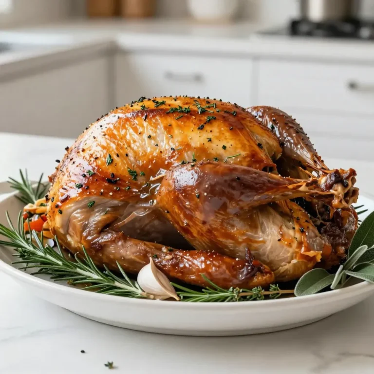 - 1 whole turkey (12-14 lbs) - 1 cup unsalted butter, softened - 4 cloves garlic, minced - 1 tablespoon fresh rosemary, chopped - 1 tablespoon fresh thyme, chopped - 1 tablespoon fresh sage, chopped - 2 tablespoons lemon juice - Salt and pepper to taste - 2 cups low-sodium chicken broth - 1 large onion, quartered - 2 carrots, chopped - 2 celery stalks, chopped - Fresh herbs for garnish (rosemary, thyme, sage) When you make herb butter roast turkey, start with a fresh, whole turkey. A 12-14 pound bird works best for this recipe. You need one cup of unsalted butter. Make sure it is softened to mix easily. Next, we add flavor with garlic, rosemary, thyme, and sage. Use four cloves of minced garlic and one tablespoon each of chopped fresh herbs. Then, squeeze in two tablespoons of lemon juice to brighten the taste. Don't forget salt and pepper for seasoning. For stuffing, gather aromatics. You need one large quartered onion, two chopped carrots, and two chopped celery stalks. These veggies add great flavor to the turkey. Lastly, have two cups of low-sodium chicken broth ready. This will keep your turkey moist as it roasts. Fresh herbs for garnish give your dish a lovely finish. These ingredients make a flavorful and juicy delight! {{ingredient_image_1}} - First, preheat your oven to 325°F (165°C). This step warms up the oven for even cooking. - Next, make the herb butter. In a bowl, mix 1 cup of softened butter with 4 minced garlic cloves, 1 tablespoon each of chopped rosemary, thyme, and sage, 2 tablespoons of lemon juice, salt, and pepper. Blend until smooth. - Now, pat the turkey dry using paper towels inside and out. This helps the skin crisp up. Gently separate the skin from the turkey breast. Use your fingers to create pockets for the herb butter. - Fill the pockets with half of the herb butter. Spread it evenly under the skin to add flavor to the meat. - Next, use the rest of the herb butter to coat the outside of the turkey. This creates a tasty crust when cooking. - Season the inside of the turkey with salt and pepper. Stuff it with quartered onion, chopped carrots, and celery for added flavor. - Place the turkey breast side up on a roasting rack in a large pan. Pour 2 cups of low-sodium chicken broth into the pan. This keeps the turkey moist while it cooks. - Roast the turkey for about 13-15 minutes per pound. The internal temperature should reach 165°F (75°C) in the thickest part of the breast and thigh. Baste the turkey every 30 minutes with the pan drippings for extra flavor. Follow these steps, and you will have a flavorful and juicy turkey ready to serve! How to ensure even roasting To get an evenly roasted turkey, start with a good setup. Place the turkey breast side up on a roasting rack. This allows hot air to circulate all around. Make sure your oven is fully preheated before putting the turkey inside. This helps it cook evenly. Also, avoid opening the oven door too often. Each time you do, the oven loses heat, which can lead to uneven cooking. Importance of basting Basting is key to a juicy turkey. Every 30 minutes, spoon the pan drippings over the turkey. This keeps the meat moist and adds flavor. The herb butter you spread under the skin will melt and mix with those drippings. This creates a rich, tasty glaze. Basting also helps to brown the skin to a lovely golden color. Garnishing suggestions For a beautiful finish, use fresh herbs to garnish. After carving the turkey, sprinkle some rosemary, thyme, and sage on top. This adds color and a fresh smell. You can also add slices of lemon around the platter. This makes the dish look bright and inviting. Serving suggestions Serve the turkey on a large platter for a striking display. Arrange your favorite sides around it. Think mashed potatoes, green beans, or cranberry sauce. This creates a festive look. Make sure to have a sharp knife ready for carving. Your guests will love how pretty the table looks and enjoy the meal. Pro Tips Resting Time: Allow the turkey to rest for 20-30 minutes after roasting. This helps the juices redistribute, ensuring a moist and flavorful bird. Flavor Depth: For an extra depth of flavor, consider adding citrus slices like oranges or lemons inside the turkey cavity along with the vegetables. Basting Technique: Use a baster or a ladle to baste the turkey every 30 minutes with pan drippings. This enhances the skin's crispiness and adds moisture. Leftover Magic: Don’t forget to save the carcass for making homemade turkey broth! It’s great for soups and gravies. {{image_2}} You can switch up the herbs in the butter. Try using different ones like basil, oregano, or parsley. Each herb brings a new flavor. You might love the freshness of basil or the warmth of oregano. Adding citrus flavors brightens the taste. Squeeze in some orange or lime juice. You can also add lemon zest for a zesty kick. This twist makes the turkey even more exciting. You can get creative with the stuffing. Instead of just onion, carrots, and celery, think about using garlic or leeks. These alternative aromatics add depth to the flavor. Fruits and nuts can make stuffing special. Dried cranberries or apricots add sweetness. Walnuts or pecans bring a nice crunch. Mix these with your usual veggies for a tasty twist. Experimenting with stuffing is fun and delicious! To keep your herb butter roast turkey fresh, follow these simple steps: - Refrigeration guidelines: Wrap the turkey tightly in plastic wrap or foil. Store it in the fridge. It lasts up to four days. For best taste, eat it within two days. - Freezing tips: If you want to save it longer, slice the turkey. Place slices in airtight containers or freezer bags. It can stay frozen for up to three months. Label the bags with the date. When it’s time to enjoy your turkey again, here’s how to do it right: - Best methods for reheating: The oven works best. Preheat it to 325°F (165°C). Place the turkey in a baking dish. Cover it with foil to keep it moist. Heat for about 20-30 minutes. - Maintaining moisture and flavor: Add a splash of chicken broth to the dish before reheating. This keeps the turkey juicy and flavorful. If you use the microwave, heat in short bursts at low power. Check often to avoid drying it out. To check if your turkey is done, use a meat thermometer. Insert it into the thickest part of the breast and thigh. The turkey is safe to eat when it reaches an internal temperature of 165°F (75°C). This ensures the meat is cooked through and safe for your family. Always check both spots for accuracy. Yes, you can use a frozen turkey. But it must be thawed before cooking. The best way to thaw it is in the fridge. Allow 24 hours of thawing time for every 4-5 lbs of turkey. You can also use the cold water method. Submerge the turkey in cold water, changing the water every 30 minutes. This takes about 30 minutes per pound. Roast turkey goes great with many sides. Here are some popular choices: - Mashed potatoes - Green bean casserole - Cranberry sauce - Stuffing - Sweet potato casserole - Dinner rolls These sides add color and flavor to your meal. They create a festive feel for your gathering. Roasting a turkey is simple with the right ingredients and steps. We covered everything from prepping with herb butter to the cooking process. I shared tips for even roasting and how to present your dish. You can also easily adapt recipes with different herbs and stuffing ideas. Proper storage and reheating can keep leftovers tasty. Enjoy your meal, and remember: cooking should be fun and rewarding! Your perfect turkey awaits.