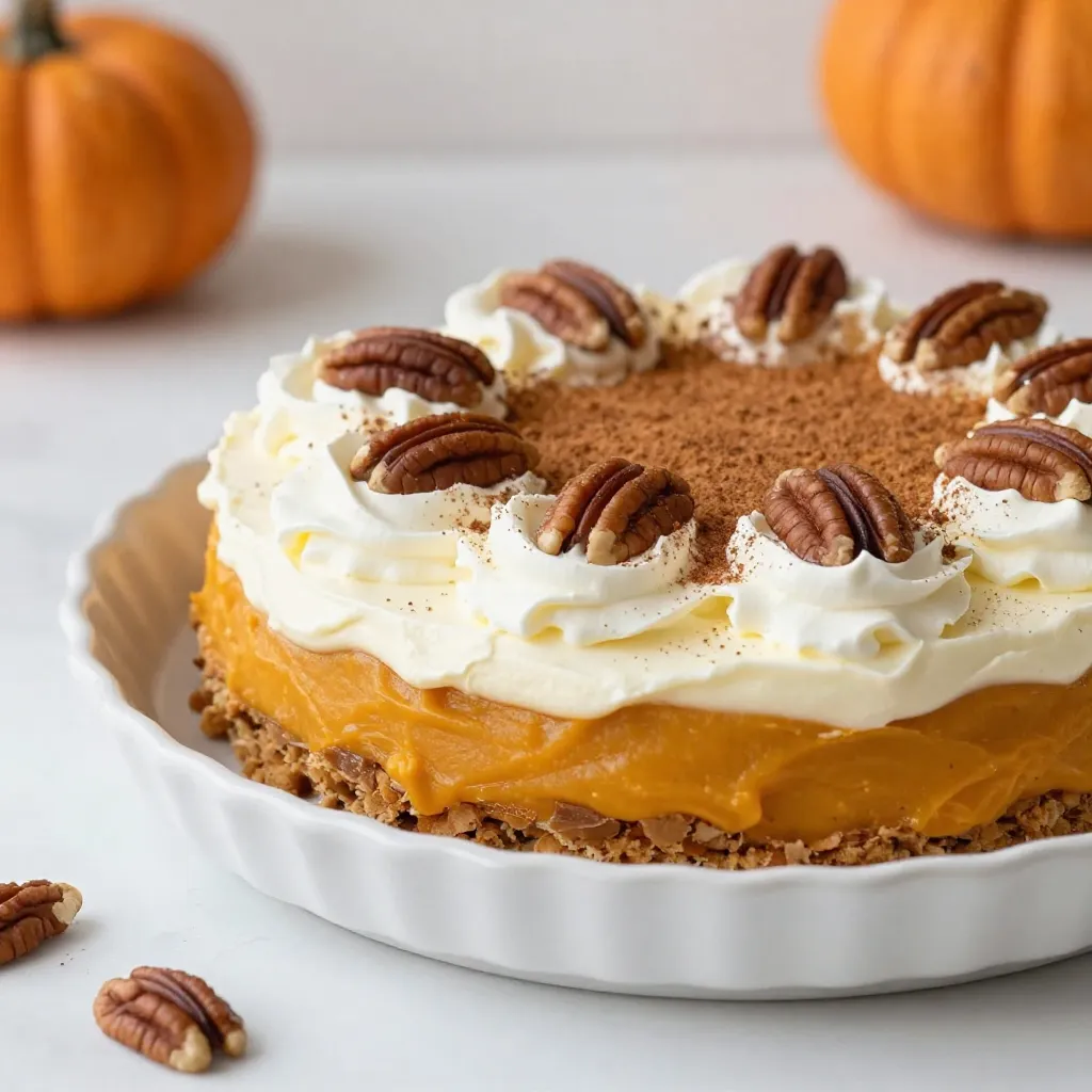 To make Pumpkin Delight Layered Dessert, you need some simple ingredients. Gather these items to create a tasty treat everyone will love. - 1 can (15 oz) pumpkin puree - 1 cup cream cheese, softened - 1 cup powdered sugar - 1 teaspoon vanilla extract - 1 teaspoon pumpkin pie spice - 2 cups whipped cream - 1 ½ cups graham cracker crumbs - ½ cup unsalted butter, melted - ½ cup chopped pecans (optional) - Extra whipped cream for garnish - Ground cinnamon for dusting Each ingredient plays a key role in building flavors and textures. The pumpkin puree gives a rich taste, while cream cheese adds a creamy layer. Powdered sugar sweetens the dessert, and vanilla extract brings warmth. Pumpkin pie spice adds a classic fall flavor. Whipped cream makes it light and fluffy. The graham cracker crumbs form a crunchy base. The melted butter helps bind the crumbs together. If you like, you can add chopped pecans for extra crunch. Finally, a sprinkle of cinnamon and extra whipped cream make it look special. Having everything ready makes the process smoother. Enjoy making this layered dessert! {{ingredient_image_1}} Start by combining the graham cracker crumbs with the melted butter in a bowl. Mix well until the crumbs stick together when pressed. This mixture forms the base of your dessert. Next, press this crumb mixture into the bottom of a 9x13 inch baking dish. Make sure to compact it firmly so it holds its shape. In another bowl, beat the softened cream cheese with powdered sugar and vanilla extract. You want the mixture to be smooth and creamy. Once ready, gently spread this cream cheese layer over the crust you prepared earlier. Smoothing it out evenly gives a nice look and taste. Now it’s time for the pumpkin layer. Mix the pumpkin puree with pumpkin pie spice and a pinch of salt in a clean bowl. This adds that classic fall flavor. Next, fold in 1 ½ cups of whipped cream until it’s well combined. This will give your pumpkin layer a light and airy texture. Spoon this pumpkin mixture evenly over the cream cheese layer, smoothing it out to cover every bit. For the final touch, spread the remaining whipped cream over the pumpkin layer. This adds a lovely white topping. If you like crunch, sprinkle some chopped pecans on top for extra flavor. Finally, cover the dish with plastic wrap and chill in the fridge for at least 4 hours. Chilling helps the flavors blend and improves the texture before serving. To get the best texture, start with softened cream cheese. If it is too hard, it will not mix well. This step makes the cream cheese layer rich and smooth. Next, when you fold the whipped cream into the pumpkin mix, do it gently. This keeps the whipped cream fluffy. A light touch helps your dessert stay airy and light. For a great look, garnish each slice with a dollop of whipped cream. A sprinkle of ground cinnamon adds a nice touch. It looks festive and tastes amazing! When you cut the dessert, aim for uniform squares. This gives it a clean and polished look on the plate. Want to save time? Make the dessert a day ahead. Chilling it overnight enhances the flavor. It allows all the layers to blend well together. Plus, it saves you stress on the day you want to serve it. Pro Tips Use Fresh Pumpkin: If you have access to fresh pumpkins, roasting and pureeing them can enhance the flavor of your dessert compared to canned pumpkin. Chill Longer for Best Results: Chilling the dessert overnight allows the flavors to meld beautifully and results in a firmer texture, making it easier to slice. Alternate Nut Toppings: If you want to change things up, try using crushed walnuts or almonds instead of pecans for a different flavor profile. Whipped Cream Consistency: Ensure that your whipped cream is stiff enough to hold its shape when layered. Over-whipping can cause it to separate, so watch it closely. {{image_2}} You can change the nuts in your dessert. Swap pecans for walnuts or almonds. Both options add a nice crunch. If you want something sweet, use crushed candy bars. They will give a fun twist to your Pumpkin Delight. Add layers of caramel or chocolate for a richer taste. You can also try different spices. Cinnamon and nutmeg are great choices. They will enhance the pumpkin flavor and make it more festive. If you need a gluten-free dessert, it's easy to adapt. Just use gluten-free graham cracker crumbs. This small change keeps the dessert tasty for everyone to enjoy. To store leftovers of your Pumpkin Delight Layered Dessert, put it in the fridge. Use an airtight container to keep it fresh. A glass dish with a lid works well. You can also cover the dish tightly with plastic wrap. This keeps the flavors strong and prevents any drying out. Yes, you can freeze this dessert! To freeze it, first cover it tightly with plastic wrap. Then, wrap it again in aluminum foil. This protects it from freezer burn. When you want to eat it, thaw it in the fridge overnight. Avoid thawing it at room temperature, as this can make it soggy. In the fridge, the dessert lasts about 3 to 5 days. If it looks too soft or has any odd smells, it's best to toss it. Always check for mold or changes in color. These are signs that it is no longer good to eat. Proper storage helps keep your Pumpkin Delight fresh and tasty! Yes, you can use fresh pumpkin. Fresh pumpkin adds a rich, vibrant flavor. It also provides a smoother texture in your dessert. To prepare fresh pumpkin, cut it, remove the seeds, and roast until soft. Then, scoop out the flesh and mash it. This method gives you a tasty and fresh taste that canned pumpkin may lack. You should chill the dessert for at least four hours. Chilling is key to letting all the layers blend. This time allows the flavors to mix well. It also firms up the layers, making it easy to slice. For the best taste, chill overnight. The longer it sets, the better it tastes. Yes, you can make this dessert dairy-free. Use dairy-free cream cheese and whipped cream. Coconut cream is a great option for whipped cream. Look for dairy-free powdered sugar as well. These swaps keep the flavor while making it suitable for those with dairy allergies. Enjoy every layer without dairy! This pumpkin dessert layers creamy goodness and rich flavors. We covered the key ingredients, step-by-step instructions, and useful tips for best results. Remember to chill for great taste. Feel free to tweak flavors or toppings to match your style. Store leftovers wisely, and enjoy them for days. With these tips, you can create a dessert that impresses everyone. Dive in and make it your own. Happy baking!