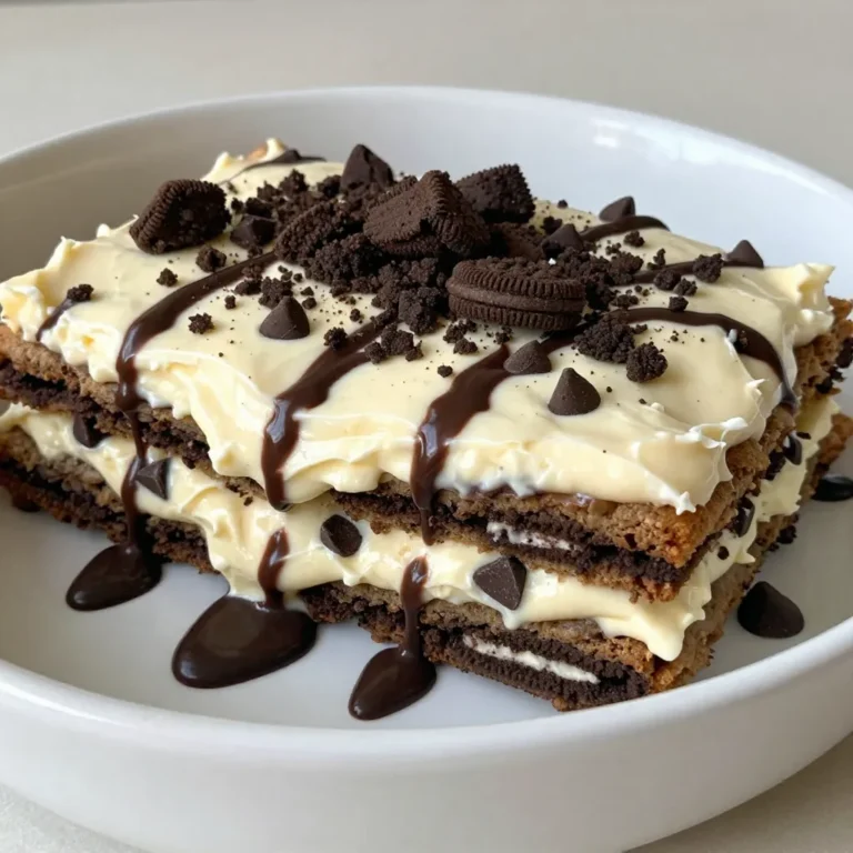 To make a tasty no-bake cookie lasagna, you need a few simple ingredients. Gather these items before you start: - 24 chocolate sandwich cookies (like Oreos) - 2 cups heavy cream - 1 cup cream cheese, softened - 1/2 cup powdered sugar - 1 teaspoon vanilla extract - 1 cup mini chocolate chips - 1 cup crushed cookies for topping - 1/4 cup chocolate syrup (for drizzling) These ingredients work together to create layers of flavor. The chocolate cookies give a nice crunch. The cream mixture adds a smooth texture. The mini chocolate chips bring extra sweetness. You can also customize with optional toppings for more fun! Enjoy mixing these ingredients for a delightful dessert. {{ingredient_image_1}} 1. Whipping heavy cream: Start by pouring 2 cups of heavy cream into a large bowl. Use an electric mixer to whip the cream. Mix until you see stiff peaks form. This makes your cream nice and fluffy. 2. Combining cream cheese and powdered sugar: In another bowl, beat 1 cup of softened cream cheese with 1/2 cup of powdered sugar. Add 1 teaspoon of vanilla extract. Mix until it is smooth and creamy. 3. Folding mixtures together: Now, gently fold the whipped cream into the cream cheese mixture. Use a spatula and be careful not to deflate the cream. Once mixed, stir in 1 cup of mini chocolate chips for extra sweetness. 1. Layering chocolate cookies: Grab a 9x13 inch dish. Start with a layer of 24 chocolate sandwich cookies. You can leave them whole or break them in half. This helps fit them better in the dish. 2. Spreading cream mixture: Take half of your cream mixture and spread it over the cookies. Use a spatula to smooth it out evenly. 3. Repeating layers for desired thickness: Next, add another layer of cookies on top of the cream. Spread the remaining cream mixture over this layer. Finally, top with one last layer of cookies. 1. Chilling time recommendations: Cover the dish with plastic wrap. Place it in the fridge for at least 4 hours. For the best taste, chill it overnight. This lets the cookies soften and the flavors mix. 2. Adding toppings before serving: Before you serve, sprinkle crushed chocolate cookies on top. Drizzle chocolate syrup over the lasagna for a sweet finish. Enjoy your dessert! To get the best cream, you need to know about peaks. Stiff peaks stand tall and hold their shape. Soft peaks bend over and are fluffier. For this recipe, stiff peaks work best. They create a light texture in your dessert. Make sure your cream cheese is at room temperature. Cold cream cheese can clump and mix poorly. Soft cream cheese blends better with the whipped cream. This helps you achieve that smooth and creamy texture we all love. When layering, aim for even spreads. Start with a cookie layer at the bottom. You can use whole cookies or break them in half. This way, they fit nicely in the dish. Spread half of the cream mixture gently. Use a spatula to smooth it out evenly. This ensures every bite is delicious. You can also mix in toppings like nuts or fruits for variety. Try different flavors to make it your own! One major mistake is overmixing the cream. If you mix too much, the cream can lose its lightness. It may turn grainy or too thick. Mix just until you see stiff peaks, and then stop. Another mistake is skipping the chilling time. Chilling lets the flavors blend and the cookies soften. If you don’t chill, your dessert will be too crunchy. Aim for at least 4 hours in the fridge for the best taste and texture. Pro Tips Use Cold Ingredients: Ensure your heavy cream and cream cheese are cold before whipping. This helps in achieving better volume and stability in your cream mixture. Layering Technique: For a more uniform look, break the cookies into halves or quarters. This can help create an even layer and better distribution of flavors. Chill Time: Allow the lasagna to chill overnight if possible. This not only enhances the flavors but also ensures the layers meld together beautifully. Serving Suggestions: Serve with extra chocolate syrup and whipped cream on the side for an indulgent treat that guests will love! {{image_2}} You can switch up the cookies in this recipe. Try using gluten-free cookies if you need a gluten-free option. They work just as well and taste great. You can also experiment with flavored cookies. Think about cookies like mint or peanut butter. These flavors can add a fun twist to your cookie lasagna. Enhancing the flavor is easy with extracts. You can add almond or mint extracts for a new taste. Just use a small amount, about half a teaspoon. You can also incorporate fruit layers or purees. Berries or bananas add freshness and a fruity zing. Layer these fruits between the cookies and cream for added flavor. If you're looking for a lighter option, try low-fat cream cheese. It still gives you that creamy texture without all the fat. You can also use coconut cream instead of heavy cream. This gives a tropical flavor and is dairy-free. Both options keep your dessert delicious but a bit healthier. To keep your cookie lasagna fresh, use an airtight container. A 9x13 inch dish works great for storage. Make sure to cover it tightly with plastic wrap. This will help keep moisture in and air out. For best results, refrigerate the lasagna. It stays fresh for days. Avoid leaving it out at room temperature for too long. Yes, you can freeze the lasagna! Place it in a freezer-safe container. Make sure to wrap it well in plastic wrap and foil. This keeps it from getting freezer burn. To thaw, move the lasagna to the fridge overnight. This gives it time to soften. You can also let it sit at room temperature for a few hours. Just be sure not to rush the thawing process. In the fridge, your cookie lasagna can last about 5 days. Keep an eye on it for freshness. Watch for signs of spoilage. If you see any mold or an off smell, it's best to toss it. Always trust your senses when it comes to food safety. Yes, you can make this dessert ahead of time. In fact, it tastes better if you let it chill longer. I suggest making it the day before you serve it. This gives the cookies time to soften and the flavors to mix well. After you finish layering, cover the dish with plastic wrap. Place it in the fridge for at least 4 hours, or overnight for best results. If you don’t have heavy cream, you can use milk and butter. Mix 1/4 cup of melted butter with 3/4 cup of milk. This will give you a similar fat content. Another option is to use a non-dairy milk like almond or soy milk with coconut cream. This can work well for the whipped cream. Just make sure to chill the cream beforehand for better results. To make this dessert dairy-free, swap the cream cheese with a vegan cream cheese. Use coconut cream instead of heavy cream. You can also use dairy-free powdered sugar, which is usually safe. Check the labels to ensure there are no dairy ingredients. With these swaps, you can enjoy a tasty no-bake cookie lasagna that fits your dietary needs. This blog post covered the ingredients, instructions, tips, and storage for cookie lasagna. You learned how to whip up a tasty dessert with ease. Remember to layer carefully and chill for the best results. Don’t hesitate to explore variations that fit your taste. Whether you’re using gluten-free cookies or adding fruit, the possibilities are endless. Enjoy making this fun treat and share it with family and friends. Happy cooking!