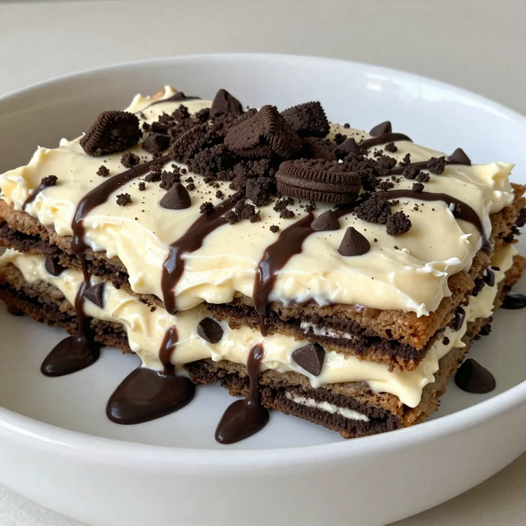 To make a tasty no-bake cookie lasagna, you need a few simple ingredients. Gather these items before you start: - 24 chocolate sandwich cookies (like Oreos) - 2 cups heavy cream - 1 cup cream cheese, softened - 1/2 cup powdered sugar - 1 teaspoon vanilla extract - 1 cup mini chocolate chips - 1 cup crushed cookies for topping - 1/4 cup chocolate syrup (for drizzling) These ingredients work together to create layers of flavor. The chocolate cookies give a nice crunch. The cream mixture adds a smooth texture. The mini chocolate chips bring extra sweetness. You can also customize with optional toppings for more fun! Enjoy mixing these ingredients for a delightful dessert. {{ingredient_image_1}} 1. Whipping heavy cream: Start by pouring 2 cups of heavy cream into a large bowl. Use an electric mixer to whip the cream. Mix until you see stiff peaks form. This makes your cream nice and fluffy. 2. Combining cream cheese and powdered sugar: In another bowl, beat 1 cup of softened cream cheese with 1/2 cup of powdered sugar. Add 1 teaspoon of vanilla extract. Mix until it is smooth and creamy. 3. Folding mixtures together: Now, gently fold the whipped cream into the cream cheese mixture. Use a spatula and be careful not to deflate the cream. Once mixed, stir in 1 cup of mini chocolate chips for extra sweetness. 1. Layering chocolate cookies: Grab a 9x13 inch dish. Start with a layer of 24 chocolate sandwich cookies. You can leave them whole or break them in half. This helps fit them better in the dish. 2. Spreading cream mixture: Take half of your cream mixture and spread it over the cookies. Use a spatula to smooth it out evenly. 3. Repeating layers for desired thickness: Next, add another layer of cookies on top of the cream. Spread the remaining cream mixture over this layer. Finally, top with one last layer of cookies. 1. Chilling time recommendations: Cover the dish with plastic wrap. Place it in the fridge for at least 4 hours. For the best taste, chill it overnight. This lets the cookies soften and the flavors mix. 2. Adding toppings before serving: Before you serve, sprinkle crushed chocolate cookies on top. Drizzle chocolate syrup over the lasagna for a sweet finish. Enjoy your dessert! To get the best cream, you need to know about peaks. Stiff peaks stand tall and hold their shape. Soft peaks bend over and are fluffier. For this recipe, stiff peaks work best. They create a light texture in your dessert. Make sure your cream cheese is at room temperature. Cold cream cheese can clump and mix poorly. Soft cream cheese blends better with the whipped cream. This helps you achieve that smooth and creamy texture we all love. When layering, aim for even spreads. Start with a cookie layer at the bottom. You can use whole cookies or break them in half. This way, they fit nicely in the dish. Spread half of the cream mixture gently. Use a spatula to smooth it out evenly. This ensures every bite is delicious. You can also mix in toppings like nuts or fruits for variety. Try different flavors to make it your own! One major mistake is overmixing the cream. If you mix too much, the cream can lose its lightness. It may turn grainy or too thick. Mix just until you see stiff peaks, and then stop. Another mistake is skipping the chilling time. Chilling lets the flavors blend and the cookies soften. If you don’t chill, your dessert will be too crunchy. Aim for at least 4 hours in the fridge for the best taste and texture. Pro Tips Use Cold Ingredients: Ensure your heavy cream and cream cheese are cold before whipping. This helps in achieving better volume and stability in your cream mixture. Layering Technique: For a more uniform look, break the cookies into halves or quarters. This can help create an even layer and better distribution of flavors. Chill Time: Allow the lasagna to chill overnight if possible. This not only enhances the flavors but also ensures the layers meld together beautifully. Serving Suggestions: Serve with extra chocolate syrup and whipped cream on the side for an indulgent treat that guests will love! {{image_2}} You can switch up the cookies in this recipe. Try using gluten-free cookies if you need a gluten-free option. They work just as well and taste great. You can also experiment with flavored cookies. Think about cookies like mint or peanut butter. These flavors can add a fun twist to your cookie lasagna. Enhancing the flavor is easy with extracts. You can add almond or mint extracts for a new taste. Just use a small amount, about half a teaspoon. You can also incorporate fruit layers or purees. Berries or bananas add freshness and a fruity zing. Layer these fruits between the cookies and cream for added flavor. If you're looking for a lighter option, try low-fat cream cheese. It still gives you that creamy texture without all the fat. You can also use coconut cream instead of heavy cream. This gives a tropical flavor and is dairy-free. Both options keep your dessert delicious but a bit healthier. To keep your cookie lasagna fresh, use an airtight container. A 9x13 inch dish works great for storage. Make sure to cover it tightly with plastic wrap. This will help keep moisture in and air out. For best results, refrigerate the lasagna. It stays fresh for days. Avoid leaving it out at room temperature for too long. Yes, you can freeze the lasagna! Place it in a freezer-safe container. Make sure to wrap it well in plastic wrap and foil. This keeps it from getting freezer burn. To thaw, move the lasagna to the fridge overnight. This gives it time to soften. You can also let it sit at room temperature for a few hours. Just be sure not to rush the thawing process. In the fridge, your cookie lasagna can last about 5 days. Keep an eye on it for freshness. Watch for signs of spoilage. If you see any mold or an off smell, it's best to toss it. Always trust your senses when it comes to food safety. Yes, you can make this dessert ahead of time. In fact, it tastes better if you let it chill longer. I suggest making it the day before you serve it. This gives the cookies time to soften and the flavors to mix well. After you finish layering, cover the dish with plastic wrap. Place it in the fridge for at least 4 hours, or overnight for best results. If you don’t have heavy cream, you can use milk and butter. Mix 1/4 cup of melted butter with 3/4 cup of milk. This will give you a similar fat content. Another option is to use a non-dairy milk like almond or soy milk with coconut cream. This can work well for the whipped cream. Just make sure to chill the cream beforehand for better results. To make this dessert dairy-free, swap the cream cheese with a vegan cream cheese. Use coconut cream instead of heavy cream. You can also use dairy-free powdered sugar, which is usually safe. Check the labels to ensure there are no dairy ingredients. With these swaps, you can enjoy a tasty no-bake cookie lasagna that fits your dietary needs. This blog post covered the ingredients, instructions, tips, and storage for cookie lasagna. You learned how to whip up a tasty dessert with ease. Remember to layer carefully and chill for the best results. Don’t hesitate to explore variations that fit your taste. Whether you’re using gluten-free cookies or adding fruit, the possibilities are endless. Enjoy making this fun treat and share it with family and friends. Happy cooking!