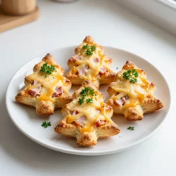 To make Ham & Cheese Puff Pastry Christmas Trees, gather these items: - 2 sheets of ready-made puff pastry, thawed - 1 cup diced ham - 1 cup shredded cheese (choose cheddar, mozzarella, or Gruyère) - 1 egg, beaten (for egg wash) - 1 tablespoon Dijon mustard - 1 teaspoon dried thyme or Italian seasoning - Salt and pepper to taste - Flour for dusting - Fresh parsley or chives for garnish (optional) If you can’t find something, here are some easy swaps: - Use turkey or chicken in place of ham for a lighter option. - Any cheese works, but cream cheese adds a nice texture. - You can skip the mustard if you prefer a milder flavor. - Instead of thyme, try rosemary or dill for a different taste. Choosing fresh ingredients makes your dish shine. Here’s how: - Puff Pastry: Look for all-butter puff pastry. It has a richer taste. - Ham: Buy deli ham from a trusted store. It should smell fresh. - Cheese: Choose cheese that is freshly shredded. It melts better. - Herbs: Use fresh herbs if possible. They enhance the flavor. - Eggs: Get free-range eggs for a richer color and taste in your wash. These tips will help you create a festive and tasty treat! {{ingredient_image_1}} First, I preheat my oven to 400°F (200°C). This step is key for a great bake. Next, I line my baking sheet with parchment paper. This helps the trees not stick. I take one sheet of thawed puff pastry and place it on a floured surface. I roll it out to about 1/8-inch thick. Then, I cut it into a Christmas tree shape. You can use a knife or a cookie cutter for this. Now, I place the first tree shape on my baking sheet. I spread a thin layer of Dijon mustard on the pastry. This adds a nice tangy flavor. I sprinkle half of my diced ham over the mustard. Next, I add half of my shredded cheese. I season it with dried thyme, salt, and pepper for extra flavor. Next, I roll out the second sheet of puff pastry. I cut it into another tree shape. Carefully, I place this on top of the first tree. I press down gently around the edges to seal it. To make it look like branches, I use a sharp knife to make small cuts on the edges. I make sure not to cut through the filling. It’s time to make these trees shine! I brush the top with a beaten egg. This gives the pastry a golden color when baked. I place the baking sheet in the preheated oven and bake for 20-25 minutes. I keep an eye on them to make sure they turn golden brown and flaky. Once baked, I take them out and let them cool slightly. Then, I transfer the trees to a serving platter. For a festive touch, I garnish them with fresh parsley or chopped chives. They’re now ready to be enjoyed! To get that lovely golden brown finish, brush the pastry with beaten egg. This egg wash gives a nice shine. Make sure to cover all edges to avoid any spots. Bake your Christmas trees at 400°F (200°C) for 20-25 minutes. Keep an eye on them. If they start to brown too fast, cover them lightly with foil. You can prepare the trees in advance. Assemble them up to a day ahead. Just keep them in the fridge, covered in plastic wrap. Before baking, add the egg wash. If you freeze them, make sure they are tightly wrapped. This way, you can bake them straight from the freezer. Just increase the baking time by a few minutes. For a festive touch, serve your trees with a side of mustard or a tasty dipping sauce. Arrange them on a platter with fresh rosemary sprigs. You can also sprinkle some fresh herbs like parsley or chives on top. This adds color and flavor. Consider placing them on a decorative board for a fun look. Pro Tips Use Cold Puff Pastry: Make sure your puff pastry is cold before rolling it out. This helps achieve a flaky texture when baked. Experiment with Fillings: Feel free to mix and match the fillings! Try adding spinach, caramelized onions, or different types of cheese for variety. Keep it Sealed: Ensure the edges of your pastry are well-sealed to prevent the filling from leaking during baking. Garnish Creatively: Use fresh herbs or edible flowers to garnish your finished dish for an extra festive touch. {{image_2}} You can mix up the flavors of your Ham & Cheese Puff Pastry Christmas Trees. Try using cooked chicken or turkey instead of ham. You can also swap the cheese for feta or goat cheese for a tangy twist. Want something spicier? Add some jalapeños or pepper jack cheese to your filling. This gives a nice kick! For a gluten-free version, use gluten-free puff pastry. Many brands offer great options. If you want a vegan treat, replace the ham with sautéed mushrooms or spinach. Use vegan cheese instead of regular cheese. You can also skip the egg wash by using a plant-based milk for brushing. This way, everyone can enjoy these festive treats! Don't feel limited to just tree shapes! You can cut stars or snowflakes from the pastry, too. Use cookie cutters for fun designs. After baking, add edible glitter or sprinkles for a festive touch. You can also create little decorations with herbs like rosemary for a more rustic look. These creative shapes will impress your guests! To keep your Ham & Cheese Puff Pastry Christmas Trees fresh, store them in an airtight container. Let them cool completely before sealing. If you stack them, place parchment paper between layers to prevent sticking. They will stay good in the fridge for up to three days. When you are ready to enjoy leftovers, preheat your oven to 350°F (175°C). Place the pastry trees on a baking sheet. Heat for about 10-15 minutes. This method ensures the pastry stays flaky and warm. Avoid using a microwave, as it can make the pastry soggy. You can freeze these tasty treats if you want to prep in advance. Wrap each cooled tree tightly in plastic wrap, then place them in a freezer bag. They can last up to two months in the freezer. When ready to eat, thaw them in the fridge overnight. Then, reheat them in the oven for the best texture. Yes, you can. Feel free to experiment with different cheeses. Cheddar gives a sharp taste. Mozzarella adds creaminess. Gruyère brings a nutty flavor. Try a mix to create your favorite combo. Just make sure the cheese melts well. To keep your pastry crisp, keep these tips in mind: - Use a thin layer of mustard. It adds flavor without too much moisture. - Avoid overfilling the pastry with ham and cheese. Too much filling can cause sogginess. - Bake immediately after assembling. Letting it sit can lead to moisture buildup. - Place the pastry on parchment paper. This helps with air circulation and prevents sticking. These trees shine on their own, but a few sides can enhance the meal. Consider serving: - A tangy dipping sauce. Mustard or a sweet chili sauce works well. - A fresh salad for a light touch. A simple green salad adds a nice crunch. - Roasted vegetables for a warm side. They bring color and flavor to your table. - Herb sprigs like rosemary or thyme for decoration. They add a festive feel. We explored the key ingredients, preparation steps, and helpful tips for making delicious Ham & Cheese Puff Pastry Trees. You learned how to select the best ingredients and achieve a golden finish. Whether you try variations for special diets or create your own fun shapes, these ideas will impress your guests. Remember to store leftovers properly and enjoy them later. With these insights, you can make your baking experience smooth and fun. Enjoy every bite of your creations!