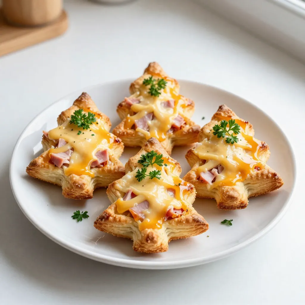 To make Ham & Cheese Puff Pastry Christmas Trees, gather these items: - 2 sheets of ready-made puff pastry, thawed - 1 cup diced ham - 1 cup shredded cheese (choose cheddar, mozzarella, or Gruyère) - 1 egg, beaten (for egg wash) - 1 tablespoon Dijon mustard - 1 teaspoon dried thyme or Italian seasoning - Salt and pepper to taste - Flour for dusting - Fresh parsley or chives for garnish (optional) If you can’t find something, here are some easy swaps: - Use turkey or chicken in place of ham for a lighter option. - Any cheese works, but cream cheese adds a nice texture. - You can skip the mustard if you prefer a milder flavor. - Instead of thyme, try rosemary or dill for a different taste. Choosing fresh ingredients makes your dish shine. Here’s how: - Puff Pastry: Look for all-butter puff pastry. It has a richer taste. - Ham: Buy deli ham from a trusted store. It should smell fresh. - Cheese: Choose cheese that is freshly shredded. It melts better. - Herbs: Use fresh herbs if possible. They enhance the flavor. - Eggs: Get free-range eggs for a richer color and taste in your wash. These tips will help you create a festive and tasty treat! {{ingredient_image_1}} First, I preheat my oven to 400°F (200°C). This step is key for a great bake. Next, I line my baking sheet with parchment paper. This helps the trees not stick. I take one sheet of thawed puff pastry and place it on a floured surface. I roll it out to about 1/8-inch thick. Then, I cut it into a Christmas tree shape. You can use a knife or a cookie cutter for this. Now, I place the first tree shape on my baking sheet. I spread a thin layer of Dijon mustard on the pastry. This adds a nice tangy flavor. I sprinkle half of my diced ham over the mustard. Next, I add half of my shredded cheese. I season it with dried thyme, salt, and pepper for extra flavor. Next, I roll out the second sheet of puff pastry. I cut it into another tree shape. Carefully, I place this on top of the first tree. I press down gently around the edges to seal it. To make it look like branches, I use a sharp knife to make small cuts on the edges. I make sure not to cut through the filling. It’s time to make these trees shine! I brush the top with a beaten egg. This gives the pastry a golden color when baked. I place the baking sheet in the preheated oven and bake for 20-25 minutes. I keep an eye on them to make sure they turn golden brown and flaky. Once baked, I take them out and let them cool slightly. Then, I transfer the trees to a serving platter. For a festive touch, I garnish them with fresh parsley or chopped chives. They’re now ready to be enjoyed! To get that lovely golden brown finish, brush the pastry with beaten egg. This egg wash gives a nice shine. Make sure to cover all edges to avoid any spots. Bake your Christmas trees at 400°F (200°C) for 20-25 minutes. Keep an eye on them. If they start to brown too fast, cover them lightly with foil. You can prepare the trees in advance. Assemble them up to a day ahead. Just keep them in the fridge, covered in plastic wrap. Before baking, add the egg wash. If you freeze them, make sure they are tightly wrapped. This way, you can bake them straight from the freezer. Just increase the baking time by a few minutes. For a festive touch, serve your trees with a side of mustard or a tasty dipping sauce. Arrange them on a platter with fresh rosemary sprigs. You can also sprinkle some fresh herbs like parsley or chives on top. This adds color and flavor. Consider placing them on a decorative board for a fun look. Pro Tips Use Cold Puff Pastry: Make sure your puff pastry is cold before rolling it out. This helps achieve a flaky texture when baked. Experiment with Fillings: Feel free to mix and match the fillings! Try adding spinach, caramelized onions, or different types of cheese for variety. Keep it Sealed: Ensure the edges of your pastry are well-sealed to prevent the filling from leaking during baking. Garnish Creatively: Use fresh herbs or edible flowers to garnish your finished dish for an extra festive touch. {{image_2}} You can mix up the flavors of your Ham & Cheese Puff Pastry Christmas Trees. Try using cooked chicken or turkey instead of ham. You can also swap the cheese for feta or goat cheese for a tangy twist. Want something spicier? Add some jalapeños or pepper jack cheese to your filling. This gives a nice kick! For a gluten-free version, use gluten-free puff pastry. Many brands offer great options. If you want a vegan treat, replace the ham with sautéed mushrooms or spinach. Use vegan cheese instead of regular cheese. You can also skip the egg wash by using a plant-based milk for brushing. This way, everyone can enjoy these festive treats! Don't feel limited to just tree shapes! You can cut stars or snowflakes from the pastry, too. Use cookie cutters for fun designs. After baking, add edible glitter or sprinkles for a festive touch. You can also create little decorations with herbs like rosemary for a more rustic look. These creative shapes will impress your guests! To keep your Ham & Cheese Puff Pastry Christmas Trees fresh, store them in an airtight container. Let them cool completely before sealing. If you stack them, place parchment paper between layers to prevent sticking. They will stay good in the fridge for up to three days. When you are ready to enjoy leftovers, preheat your oven to 350°F (175°C). Place the pastry trees on a baking sheet. Heat for about 10-15 minutes. This method ensures the pastry stays flaky and warm. Avoid using a microwave, as it can make the pastry soggy. You can freeze these tasty treats if you want to prep in advance. Wrap each cooled tree tightly in plastic wrap, then place them in a freezer bag. They can last up to two months in the freezer. When ready to eat, thaw them in the fridge overnight. Then, reheat them in the oven for the best texture. Yes, you can. Feel free to experiment with different cheeses. Cheddar gives a sharp taste. Mozzarella adds creaminess. Gruyère brings a nutty flavor. Try a mix to create your favorite combo. Just make sure the cheese melts well. To keep your pastry crisp, keep these tips in mind: - Use a thin layer of mustard. It adds flavor without too much moisture. - Avoid overfilling the pastry with ham and cheese. Too much filling can cause sogginess. - Bake immediately after assembling. Letting it sit can lead to moisture buildup. - Place the pastry on parchment paper. This helps with air circulation and prevents sticking. These trees shine on their own, but a few sides can enhance the meal. Consider serving: - A tangy dipping sauce. Mustard or a sweet chili sauce works well. - A fresh salad for a light touch. A simple green salad adds a nice crunch. - Roasted vegetables for a warm side. They bring color and flavor to your table. - Herb sprigs like rosemary or thyme for decoration. They add a festive feel. We explored the key ingredients, preparation steps, and helpful tips for making delicious Ham & Cheese Puff Pastry Trees. You learned how to select the best ingredients and achieve a golden finish. Whether you try variations for special diets or create your own fun shapes, these ideas will impress your guests. Remember to store leftovers properly and enjoy them later. With these insights, you can make your baking experience smooth and fun. Enjoy every bite of your creations!
