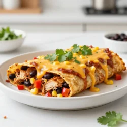 For these enchiladas, you need key items that make them tasty. Gather these main ingredients: - 2 cups shredded cooked chicken - 1 cup black beans, rinsed and drained - 1 cup corn kernels (fresh or frozen) - 1 cup diced bell peppers (red and green) - 1 small onion, finely chopped - 2 cloves garlic, minced - 1 cup sour cream - 1 cup shredded cheese (cheddar or a blend) - 8 large flour tortillas - 2 cups enchilada sauce (store-bought or homemade) These elements come together to create a hearty filling that packs flavor. Now, let’s talk about the seasonings. They add depth and warmth to your dish. You will need: - 1 teaspoon ground cumin - 1 teaspoon chili powder - 1 tablespoon olive oil - Salt and pepper to taste These spices enhance the chicken and veggies, making every bite delicious. Garnishes add color and freshness. For your enchiladas, consider: - Fresh cilantro This bright herb brings a nice touch to the dish. You can also add extra sour cream or some salsa on the side for more flavor. Enjoy your cooking! {{ingredient_image_1}} Start by preheating your oven to 375°F (190°C). This helps cook the enchiladas evenly. While the oven heats, grab a large skillet. Pour in one tablespoon of olive oil and set it over medium heat. Add one finely chopped onion and one cup of diced bell peppers. Cook them for about five minutes. You want them soft and fragrant. Next, stir in two cloves of minced garlic, one teaspoon of ground cumin, and one teaspoon of chili powder. Cook this mixture for another minute. The spices will give your filling a great flavor. In a large bowl, mix two cups of shredded cooked chicken, one cup of rinsed black beans, one cup of corn kernels, and the sautéed veggie mix. Add half of the one cup of shredded cheese and one cup of sour cream. Season with salt and pepper to your taste. This filling is packed with flavor. Now, it’s time to roll the enchiladas. Take one large flour tortilla and lay it flat on a clean surface. Spoon about one-quarter cup of the chicken mixture into the center. Roll the tortilla tightly and place it seam-side down in a greased 9x13 inch baking dish. Repeat this step with the remaining tortillas and filling. Make sure to fit them snugly in the dish. Once all tortillas are rolled, pour two cups of enchilada sauce evenly over them. Ensure every tortilla is covered. Next, sprinkle the remaining cheese on top. This will melt beautifully while baking. Cover the baking dish with aluminum foil. This keeps the enchiladas moist as they bake. Place the dish in your preheated oven for 20 minutes. After that, remove the foil. Bake for another 10 minutes until the cheese is bubbly and slightly golden. When done, take the dish out of the oven. Let it cool for a few minutes. Before serving, garnish with fresh cilantro. Serve these enchiladas hot, and enjoy every bite. For extra flavor, add some sour cream on top or serve with tortilla chips and salsa. To boost the flavor of your enchiladas, use fresh spices. Ground cumin and chili powder are key. They add warmth and depth. When sautéing, let the onion and peppers cook until soft. This step builds a solid base. Mix in the garlic last to keep its bold taste. For a twist, add a splash of lime juice to the filling. It brings brightness and freshness. Want to save time? Use rotisserie chicken. It’s already cooked and adds great flavor. You can also buy pre-chopped vegetables. This cuts down on prep time. Store-bought enchilada sauce works well too. If you want, mix it with a bit of sour cream. This adds creaminess and a unique taste without much effort. Serve your enchiladas hot and fresh. Top them with extra sour cream and cilantro. This adds color and flavor. Pair them with tortilla chips for crunch. A side of salsa brings a nice kick. For a complete meal, add a green salad. Fresh greens balance the richness of the enchiladas. Enjoy every bite! Pro Tips Use Rotisserie Chicken: For a quicker prep time, consider using store-bought rotisserie chicken. It adds great flavor and saves you time on cooking the chicken. Customize the Heat: Adjust the chili powder and cumin to suit your spice preference. You can also add diced jalapeños or a dash of hot sauce for an extra kick. Make Ahead: These enchiladas can be assembled and refrigerated a day in advance. Just cover with foil and bake when ready to serve, adding a few extra minutes to the baking time. Garnish Creatively: Enhance presentation by garnishing with sliced avocados, diced tomatoes, or a drizzle of lime crema for a burst of freshness and color. {{image_2}} You can change the filling in your enchiladas to match your taste. For a twist, try adding cooked shrimp or sautéed mushrooms. You can also use roasted vegetables like zucchini or squash. If you want more spice, add jalapeños or diced green chiles. You can even make a breakfast version with scrambled eggs and cheese. While enchilada sauce is classic, don’t be afraid to switch it up. You can use green salsa or mole sauce for a unique flavor. You might also try a creamy white sauce made with sour cream and green chilies. For a fun spin, mix in some chipotle peppers for a smoky taste. Experiment with different sauces and find what excites your palate. If you want a healthier enchilada, consider using whole wheat tortillas. You can also swap sour cream for Greek yogurt. Instead of cheese, use a sprinkle of nutritional yeast for a cheesy flavor. For extra veggies, add spinach or kale to the filling. These changes can make your enchiladas lighter while still being tasty! After enjoying your ultimate chicken enchiladas, you may have extras. To store leftover enchiladas, let them cool down to room temperature. Then, place them in an airtight container. You can keep them in the fridge for up to three days. Make sure the container is sealed well to avoid drying out. When you are ready to eat your enchiladas again, reheating is simple. Preheat your oven to 350°F (175°C). Place the enchiladas in a baking dish. Cover them with foil to keep them moist. Heat for about 15-20 minutes. If you want them extra cheesy, remove the foil for the last five minutes. This way, the cheese will melt perfectly. If you want to save enchiladas for later, freezing is a great option. First, let them cool completely. Wrap each enchilada tightly in plastic wrap. Then, place them in a freezer-safe bag. You can freeze them for up to three months. When you are ready to eat, thaw them overnight in the fridge. Reheat in the oven as mentioned above for the best taste. The best way to cook chicken for enchiladas is to roast or boil it. You can use a rotisserie chicken for quick prep. Just shred the cooked chicken into small pieces. It should be moist and flavorful. Seasoning the chicken with salt, pepper, and spices helps too. This will add more taste to your enchiladas. Yes, you can use corn tortillas instead of flour. Corn tortillas give a great flavor and texture. They are also gluten-free, which is perfect for those with dietary needs. Just warm them slightly before filling. This makes them easier to roll without breaking. To make enchilada sauce from scratch, follow these simple steps. Start with these ingredients: - 2 tablespoons olive oil - 2 tablespoons chili powder - 1 teaspoon ground cumin - 2 cups tomato sauce - 1 cup vegetable or chicken broth - Salt to taste 1. Heat olive oil in a pan over medium heat. 2. Add chili powder and cumin, cooking for one minute. 3. Mix in tomato sauce and broth, stirring well. 4. Bring to a simmer and cook for about 10 minutes. 5. Add salt to taste, and your sauce is ready! This sauce is fresh and full of flavor, perfect for your enchiladas. You learned the key ingredients and steps for making chicken enchiladas. The tips provided will help you create the best flavor. Explore different fillings and sauces to keep things fresh. Don't forget how to store and reheat leftovers for future meals. Experiment with the variations to make it your own. Enjoy your cooking journey and have fun with this tasty dish!
