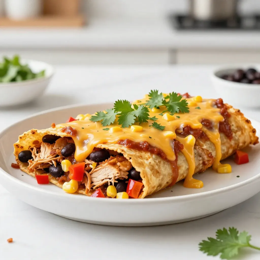 For these enchiladas, you need key items that make them tasty. Gather these main ingredients: - 2 cups shredded cooked chicken - 1 cup black beans, rinsed and drained - 1 cup corn kernels (fresh or frozen) - 1 cup diced bell peppers (red and green) - 1 small onion, finely chopped - 2 cloves garlic, minced - 1 cup sour cream - 1 cup shredded cheese (cheddar or a blend) - 8 large flour tortillas - 2 cups enchilada sauce (store-bought or homemade) These elements come together to create a hearty filling that packs flavor. Now, let’s talk about the seasonings. They add depth and warmth to your dish. You will need: - 1 teaspoon ground cumin - 1 teaspoon chili powder - 1 tablespoon olive oil - Salt and pepper to taste These spices enhance the chicken and veggies, making every bite delicious. Garnishes add color and freshness. For your enchiladas, consider: - Fresh cilantro This bright herb brings a nice touch to the dish. You can also add extra sour cream or some salsa on the side for more flavor. Enjoy your cooking! {{ingredient_image_1}} Start by preheating your oven to 375°F (190°C). This helps cook the enchiladas evenly. While the oven heats, grab a large skillet. Pour in one tablespoon of olive oil and set it over medium heat. Add one finely chopped onion and one cup of diced bell peppers. Cook them for about five minutes. You want them soft and fragrant. Next, stir in two cloves of minced garlic, one teaspoon of ground cumin, and one teaspoon of chili powder. Cook this mixture for another minute. The spices will give your filling a great flavor. In a large bowl, mix two cups of shredded cooked chicken, one cup of rinsed black beans, one cup of corn kernels, and the sautéed veggie mix. Add half of the one cup of shredded cheese and one cup of sour cream. Season with salt and pepper to your taste. This filling is packed with flavor. Now, it’s time to roll the enchiladas. Take one large flour tortilla and lay it flat on a clean surface. Spoon about one-quarter cup of the chicken mixture into the center. Roll the tortilla tightly and place it seam-side down in a greased 9x13 inch baking dish. Repeat this step with the remaining tortillas and filling. Make sure to fit them snugly in the dish. Once all tortillas are rolled, pour two cups of enchilada sauce evenly over them. Ensure every tortilla is covered. Next, sprinkle the remaining cheese on top. This will melt beautifully while baking. Cover the baking dish with aluminum foil. This keeps the enchiladas moist as they bake. Place the dish in your preheated oven for 20 minutes. After that, remove the foil. Bake for another 10 minutes until the cheese is bubbly and slightly golden. When done, take the dish out of the oven. Let it cool for a few minutes. Before serving, garnish with fresh cilantro. Serve these enchiladas hot, and enjoy every bite. For extra flavor, add some sour cream on top or serve with tortilla chips and salsa. To boost the flavor of your enchiladas, use fresh spices. Ground cumin and chili powder are key. They add warmth and depth. When sautéing, let the onion and peppers cook until soft. This step builds a solid base. Mix in the garlic last to keep its bold taste. For a twist, add a splash of lime juice to the filling. It brings brightness and freshness. Want to save time? Use rotisserie chicken. It’s already cooked and adds great flavor. You can also buy pre-chopped vegetables. This cuts down on prep time. Store-bought enchilada sauce works well too. If you want, mix it with a bit of sour cream. This adds creaminess and a unique taste without much effort. Serve your enchiladas hot and fresh. Top them with extra sour cream and cilantro. This adds color and flavor. Pair them with tortilla chips for crunch. A side of salsa brings a nice kick. For a complete meal, add a green salad. Fresh greens balance the richness of the enchiladas. Enjoy every bite! Pro Tips Use Rotisserie Chicken: For a quicker prep time, consider using store-bought rotisserie chicken. It adds great flavor and saves you time on cooking the chicken. Customize the Heat: Adjust the chili powder and cumin to suit your spice preference. You can also add diced jalapeños or a dash of hot sauce for an extra kick. Make Ahead: These enchiladas can be assembled and refrigerated a day in advance. Just cover with foil and bake when ready to serve, adding a few extra minutes to the baking time. Garnish Creatively: Enhance presentation by garnishing with sliced avocados, diced tomatoes, or a drizzle of lime crema for a burst of freshness and color. {{image_2}} You can change the filling in your enchiladas to match your taste. For a twist, try adding cooked shrimp or sautéed mushrooms. You can also use roasted vegetables like zucchini or squash. If you want more spice, add jalapeños or diced green chiles. You can even make a breakfast version with scrambled eggs and cheese. While enchilada sauce is classic, don’t be afraid to switch it up. You can use green salsa or mole sauce for a unique flavor. You might also try a creamy white sauce made with sour cream and green chilies. For a fun spin, mix in some chipotle peppers for a smoky taste. Experiment with different sauces and find what excites your palate. If you want a healthier enchilada, consider using whole wheat tortillas. You can also swap sour cream for Greek yogurt. Instead of cheese, use a sprinkle of nutritional yeast for a cheesy flavor. For extra veggies, add spinach or kale to the filling. These changes can make your enchiladas lighter while still being tasty! After enjoying your ultimate chicken enchiladas, you may have extras. To store leftover enchiladas, let them cool down to room temperature. Then, place them in an airtight container. You can keep them in the fridge for up to three days. Make sure the container is sealed well to avoid drying out. When you are ready to eat your enchiladas again, reheating is simple. Preheat your oven to 350°F (175°C). Place the enchiladas in a baking dish. Cover them with foil to keep them moist. Heat for about 15-20 minutes. If you want them extra cheesy, remove the foil for the last five minutes. This way, the cheese will melt perfectly. If you want to save enchiladas for later, freezing is a great option. First, let them cool completely. Wrap each enchilada tightly in plastic wrap. Then, place them in a freezer-safe bag. You can freeze them for up to three months. When you are ready to eat, thaw them overnight in the fridge. Reheat in the oven as mentioned above for the best taste. The best way to cook chicken for enchiladas is to roast or boil it. You can use a rotisserie chicken for quick prep. Just shred the cooked chicken into small pieces. It should be moist and flavorful. Seasoning the chicken with salt, pepper, and spices helps too. This will add more taste to your enchiladas. Yes, you can use corn tortillas instead of flour. Corn tortillas give a great flavor and texture. They are also gluten-free, which is perfect for those with dietary needs. Just warm them slightly before filling. This makes them easier to roll without breaking. To make enchilada sauce from scratch, follow these simple steps. Start with these ingredients: - 2 tablespoons olive oil - 2 tablespoons chili powder - 1 teaspoon ground cumin - 2 cups tomato sauce - 1 cup vegetable or chicken broth - Salt to taste 1. Heat olive oil in a pan over medium heat. 2. Add chili powder and cumin, cooking for one minute. 3. Mix in tomato sauce and broth, stirring well. 4. Bring to a simmer and cook for about 10 minutes. 5. Add salt to taste, and your sauce is ready! This sauce is fresh and full of flavor, perfect for your enchiladas. You learned the key ingredients and steps for making chicken enchiladas. The tips provided will help you create the best flavor. Explore different fillings and sauces to keep things fresh. Don't forget how to store and reheat leftovers for future meals. Experiment with the variations to make it your own. Enjoy your cooking journey and have fun with this tasty dish!
