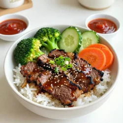 - 1 lb flank steak, thinly sliced - ½ cup soy sauce - 2 tablespoons sugar - 3 cloves garlic, minced - 1 tablespoon ginger, minced - 2 tablespoons sesame oil - 1 teaspoon black pepper - 2 cups cooked jasmine rice - 1 cup broccoli florets, steamed - 1 carrot, thinly sliced - ½ cucumber, thinly sliced - 2 green onions, chopped To make Korean BBQ steak rice bowls, you need some key items. Flank steak is the star. It is flavorful and cooks quickly. Soy sauce and sugar create a tasty marinade for the steak. Garlic and ginger add depth to the flavor. You also need jasmine rice for a soft base, along with fresh vegetables for crunch and color. Broccoli, carrots, and cucumber work well together. - Sesame seeds - Sriracha sauce Garnishes are optional but add a special touch. Sesame seeds give a nice crunch and nutty flavor. If you like heat, drizzle some Sriracha sauce on top. It makes the dish even better. - Grill pan or skillet - Mixing bowl You will need a grill pan or skillet to cook the steak. A mixing bowl is essential for making the marinade. These tools help you create delicious rice bowls with ease. {{ingredient_image_1}} To make a great marinade, start by mixing the following in a bowl: - ½ cup soy sauce - 2 tablespoons sugar - 3 cloves garlic, minced - 1 tablespoon ginger, minced - 2 tablespoons sesame oil - 1 teaspoon black pepper Whisk these until the sugar dissolves. Then, add 1 pound of thinly sliced flank steak. Make sure every piece gets coated well. Cover the bowl and put it in the fridge. Let the steak marinate for at least 30 minutes. If you have time, marinate it for up to 2 hours. This adds great flavor. Heat a grill pan or skillet over medium-high heat. Once it's hot, take the steak out of the marinade and toss the marinade away. Cook the steak slices in batches. Each side needs about 2-3 minutes. You want them nicely charred. Check for doneness by cutting a slice. It should be cooked to your liking, whether rare, medium, or well done. Now it’s time to build your rice bowls. Start by spooning 2 cups of cooked jasmine rice into each bowl. On top of the rice, add the grilled steak. Next, add some color and crunch with vegetables. Place steamed broccoli florets, sliced carrots, and cucumber on top. For the final touch, sprinkle chopped green onions and sesame seeds for flavor. If you enjoy heat, drizzle some Sriracha sauce on top. Your Korean BBQ steak rice bowls are now ready to serve. Enjoy every bite! To make the best marinade for your Korean BBQ steak, you can adjust the saltiness. If you find it too salty, add more sugar. This will balance the flavor. You can also enhance the taste by adding a splash of rice vinegar or a bit of sesame seeds. These ingredients add depth and a nice twist. To get that perfect char on your steak, heat your grill pan well before adding the meat. This high heat helps to sear the steak, giving it a tasty crust. If you don’t have a grill pan, you can broil the steak in your oven. Just place it on a baking sheet and cook it for a few minutes on each side. Pair your rice bowls with side dishes like kimchi or pickled vegetables. These sides add flavor and crunch. For drinks, try a light beer or a sweet tea. These options work well with the rich flavors in the bowl. Don't forget to garnish with fresh green onions and sesame seeds for a touch of flair. Pro Tips Marinate Longer for More Flavor: If you have the time, let the steak marinate for up to 2 hours to enhance the flavors and tenderness. High Heat for Perfect Sear: Ensure your grill pan or skillet is hot before adding the steak for a nice char and to lock in the juices. Customize Your Veggies: Feel free to add or substitute other vegetables like bell peppers or snap peas for a colorful and nutritious bowl. Serve Immediately: For the best taste and texture, serve the rice bowls right after assembling to enjoy the freshness of the ingredients. {{image_2}} You can switch out the flank steak for other proteins. Try chicken or tofu for a new twist. Both options soak up the marinade well and taste great. If you want more veggies, consider using bell peppers or snap peas. These options add color and crunch to your bowl. You can change the marinade for different flavors. Use teriyaki sauce for a sweet touch. Gochujang adds a nice kick if you want heat. Mix and match these sauces to find your favorite flavor. For a gluten-free option, swap soy sauce with tamari. This keeps the taste but removes gluten. If you want low-carb, replace the rice with cauliflower rice. It's a great way to enjoy the dish while cutting carbs. To keep your Korean BBQ steak rice bowls fresh, store them in the fridge. Place the cooled meal in an airtight container. This helps maintain flavor and texture. For best results, use the leftovers within three days. If you need to store them longer, freezing is a great option. Pack the rice and steak in separate containers. This keeps both items from getting soggy. They can last in the freezer for up to three months. When it's time to enjoy the leftovers, reheating them right is key. For the steak, use a skillet on low heat. This warms the meat evenly and keeps it tender. You can add a splash of water to create steam if needed. For the rice, the microwave is quick and easy. Place the rice in a bowl with a sprinkle of water. Cover it with a damp paper towel. Heat in short bursts, stirring in between, until hot. The shelf life of your Korean BBQ steak rice bowls depends on storage. In the fridge, they should be eaten within three days. If frozen, they can last for about three months. Just remember, the sooner you eat them, the better the taste! To make the steak tender, slice it thin against the grain. This helps break down the fibers and makes each bite easier to chew. Marinate the steak for at least 30 minutes. Use a mix of soy sauce, sugar, garlic, ginger, sesame oil, and black pepper. The marinade adds flavor and moisture. The longer you marinate, the better the taste. Yes, you can prep the rice bowls ahead of time. Cook the rice and store it in the fridge. You can also grill the steak and keep it in an airtight container. Just reheat the steak and rice when you’re ready to serve. Add fresh veggies right before eating to keep them crisp. This way, you save time and still enjoy a tasty meal. You can find Korean BBQ steak rice bowls at many Korean restaurants. Look for places that specialize in BBQ dishes. Check the menu for bowls that include grilled steak and veggies. Some restaurants offer customizable options, so you can pick your favorite toppings. This makes dining out fun and tasty! This blog post covered all the key points to create delicious Korean BBQ steak rice bowls. You learned about essential ingredients, mixing the perfect marinade, and cooking techniques. I shared tips to enhance flavor and offered ways to customize the dish. You can safely store leftovers and reheat them at your convenience. Try these steps and share your results. Enjoy a tasty meal!