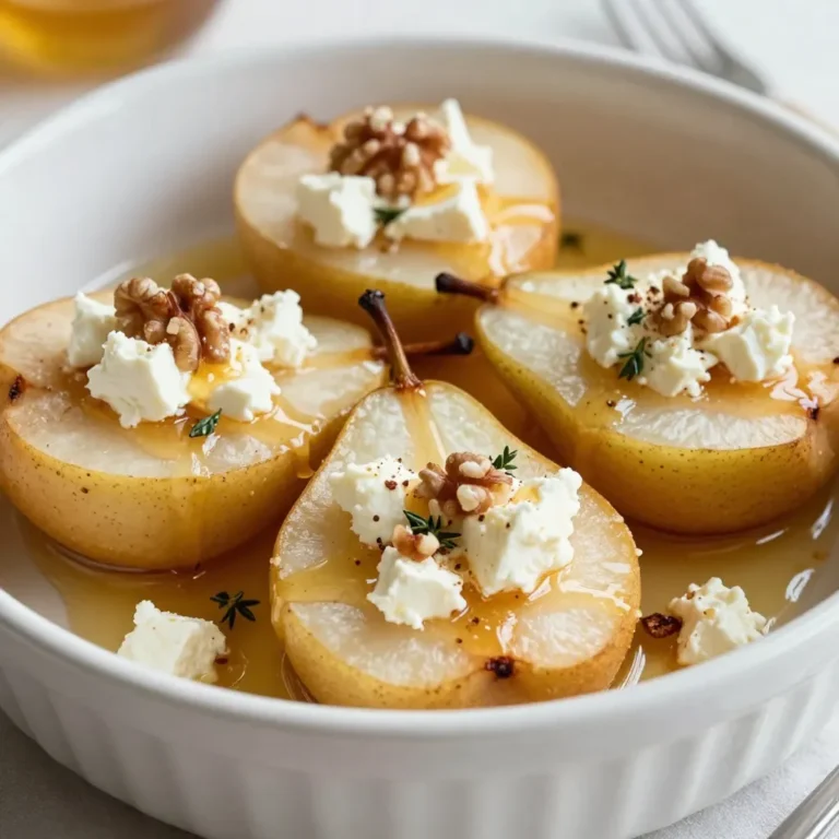 To make Honey Feta Baked Pears, you will need: - 4 ripe pears, halved and cored - 1 cup feta cheese, crumbled - 1/2 cup walnuts, roughly chopped - 1/4 cup honey - 1 teaspoon cinnamon - 1/2 teaspoon vanilla extract - 2 tablespoons olive oil You can add fresh thyme leaves on top for a nice touch. They add color and flavor. These baked pears pair well with vanilla ice cream or Greek yogurt. You can also serve them with a scoop of whipped cream for added sweetness. {{ingredient_image_1}} Start by preheating your oven to 375°F (190°C). This step is key for even baking. While the oven heats, prepare your pears. Cut them in half and remove the core. This creates a nice space for the filling. Place the pear halves cut-side up in a baking dish. In a small bowl, combine the crumbled feta cheese, chopped walnuts, honey, cinnamon, and vanilla extract. Mix well until all the ingredients come together. The blend should be creamy and flavorful. This mixture will give the pears their sweet and salty taste. Drizzle olive oil over the pear halves. Make sure each half gets a light coat. This keeps the pears moist while baking. Next, spoon the honey-feta mixture into the cavity of each pear half. Don't be shy—load them up! Place the baking dish in the oven. Bake for 25-30 minutes. The pears should be tender, and the feta mixture should bubble and turn golden. Once baked, take them out and let them cool slightly. If you like, garnish with fresh thyme leaves for a touch of color. Pick ripe pears for this recipe. Look for pears that yield slightly when pressed. Bartlett, Anjou, or Bosc pears work well. Their sweetness balances the salty feta. Avoid hard or overripe pears, as they may not bake well. Use quality feta cheese for the best flavor. Crumble it well for smooth mixing. Combine it with walnuts for crunch, honey for sweetness, cinnamon for warmth, and vanilla for depth. Adjust the honey to your taste. You may want it sweeter or less sweet. Preheat your oven to 375°F (190°C) before baking. This ensures even cooking. Arrange the pears cut-side up in a dish. Drizzle olive oil on them to keep them moist. Bake for 25-30 minutes. Check for tenderness, and look for a golden top on the feta mixture. Enjoy the warm, sweet aroma as they bake! Pro Tips Choose the Right Pears: Opt for ripe but firm pears like Bosc or Anjou for the best texture and sweetness. Feta Cheese Variations: Experiment with different types of feta, such as herbed or smoked, to add unique flavors to your dish. Add a Crunch: For extra texture, consider adding some granola or crushed crackers on top of the feta mixture before baking. Serve Warm: These baked pears are best enjoyed warm, so serve them immediately after baking for the ultimate experience. {{image_2}} You can use different nuts in this dish. Almonds add a nice crunch. Pecans offer a sweeter taste. Cashews bring a creamy texture. Try mixing nuts for more flavor. Each nut changes the dish a bit. Experiment to find your favorite combination. Feta is tasty, but other cheeses work too. Goat cheese is creamy and tangy. Cream cheese gives a rich flavor. Ricotta is light and airy. Each cheese adds a unique twist. Feel free to swap cheeses based on your taste. You can add more flavors to the filling. A pinch of nutmeg gives warmth. Dried fruits like cranberries or raisins add sweetness. A splash of lemon juice brightens the taste. You could even use maple syrup instead of honey. These simple swaps can make your dish special. To keep your Honey Feta Baked Pears fresh, let them cool completely. Place the pears in an airtight container. Store them in the fridge for up to three days. Make sure to cover them well to avoid drying out. When you're ready to enjoy your leftovers, preheat your oven to 350°F (175°C). Place the pears on a baking sheet. Heat them for about 10-15 minutes until warm. You can also microwave them on low for about 1-2 minutes. Just be careful not to overheat, so the pears don't get mushy. If you want to freeze the baked pears, let them cool first. Wrap each pear half in plastic wrap. Then place them in a freezer-safe bag or container. They can last up to two months in the freezer. When you're ready to eat, thaw them overnight in the fridge before reheating. Yes, you can prepare Honey Feta Baked Pears ahead of time. You can mix the feta, walnuts, honey, cinnamon, and vanilla. Store this mixture in the fridge. Halve and core the pears just before baking to keep them fresh. When ready, assemble and bake as directed. These baked pears shine with many pairings. You can serve them with vanilla ice cream or whipped cream for sweetness. A dollop of yogurt adds creaminess. Add some fresh berries on the side for a pop of color and flavor. You can also pair them with a glass of dessert wine. Yes, you can make vegan Honey Feta Baked Pears. Swap feta cheese for a plant-based cheese. Use maple syrup instead of honey for a sweet touch. For the filling, try using chopped nuts and spices to add flavor. This keeps the dish delicious while meeting vegan needs. You now have all the tools to make Honey Feta Baked Pears. We covered the key ingredients and optional garnishes to elevate your dish. You learned how to mix and bake for the best flavor. I shared tips for choosing pears and perfecting your feta blend. Plus, you explored variations for different tastes and storage methods. Remember, this recipe is flexible. Feel free to get creative and make it your own. Enjoy your baking journey!