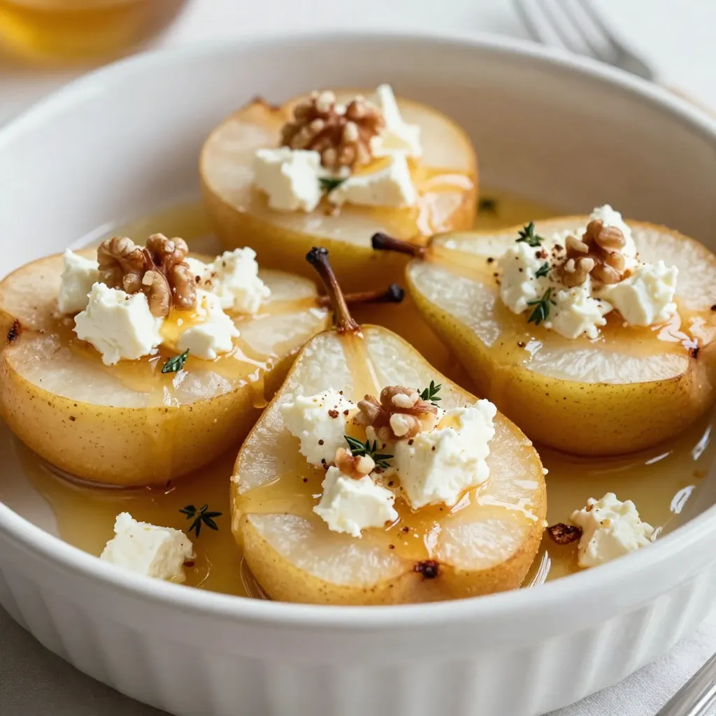 To make Honey Feta Baked Pears, you will need: - 4 ripe pears, halved and cored - 1 cup feta cheese, crumbled - 1/2 cup walnuts, roughly chopped - 1/4 cup honey - 1 teaspoon cinnamon - 1/2 teaspoon vanilla extract - 2 tablespoons olive oil You can add fresh thyme leaves on top for a nice touch. They add color and flavor. These baked pears pair well with vanilla ice cream or Greek yogurt. You can also serve them with a scoop of whipped cream for added sweetness. {{ingredient_image_1}} Start by preheating your oven to 375°F (190°C). This step is key for even baking. While the oven heats, prepare your pears. Cut them in half and remove the core. This creates a nice space for the filling. Place the pear halves cut-side up in a baking dish. In a small bowl, combine the crumbled feta cheese, chopped walnuts, honey, cinnamon, and vanilla extract. Mix well until all the ingredients come together. The blend should be creamy and flavorful. This mixture will give the pears their sweet and salty taste. Drizzle olive oil over the pear halves. Make sure each half gets a light coat. This keeps the pears moist while baking. Next, spoon the honey-feta mixture into the cavity of each pear half. Don't be shy—load them up! Place the baking dish in the oven. Bake for 25-30 minutes. The pears should be tender, and the feta mixture should bubble and turn golden. Once baked, take them out and let them cool slightly. If you like, garnish with fresh thyme leaves for a touch of color. Pick ripe pears for this recipe. Look for pears that yield slightly when pressed. Bartlett, Anjou, or Bosc pears work well. Their sweetness balances the salty feta. Avoid hard or overripe pears, as they may not bake well. Use quality feta cheese for the best flavor. Crumble it well for smooth mixing. Combine it with walnuts for crunch, honey for sweetness, cinnamon for warmth, and vanilla for depth. Adjust the honey to your taste. You may want it sweeter or less sweet. Preheat your oven to 375°F (190°C) before baking. This ensures even cooking. Arrange the pears cut-side up in a dish. Drizzle olive oil on them to keep them moist. Bake for 25-30 minutes. Check for tenderness, and look for a golden top on the feta mixture. Enjoy the warm, sweet aroma as they bake! Pro Tips Choose the Right Pears: Opt for ripe but firm pears like Bosc or Anjou for the best texture and sweetness. Feta Cheese Variations: Experiment with different types of feta, such as herbed or smoked, to add unique flavors to your dish. Add a Crunch: For extra texture, consider adding some granola or crushed crackers on top of the feta mixture before baking. Serve Warm: These baked pears are best enjoyed warm, so serve them immediately after baking for the ultimate experience. {{image_2}} You can use different nuts in this dish. Almonds add a nice crunch. Pecans offer a sweeter taste. Cashews bring a creamy texture. Try mixing nuts for more flavor. Each nut changes the dish a bit. Experiment to find your favorite combination. Feta is tasty, but other cheeses work too. Goat cheese is creamy and tangy. Cream cheese gives a rich flavor. Ricotta is light and airy. Each cheese adds a unique twist. Feel free to swap cheeses based on your taste. You can add more flavors to the filling. A pinch of nutmeg gives warmth. Dried fruits like cranberries or raisins add sweetness. A splash of lemon juice brightens the taste. You could even use maple syrup instead of honey. These simple swaps can make your dish special. To keep your Honey Feta Baked Pears fresh, let them cool completely. Place the pears in an airtight container. Store them in the fridge for up to three days. Make sure to cover them well to avoid drying out. When you're ready to enjoy your leftovers, preheat your oven to 350°F (175°C). Place the pears on a baking sheet. Heat them for about 10-15 minutes until warm. You can also microwave them on low for about 1-2 minutes. Just be careful not to overheat, so the pears don't get mushy. If you want to freeze the baked pears, let them cool first. Wrap each pear half in plastic wrap. Then place them in a freezer-safe bag or container. They can last up to two months in the freezer. When you're ready to eat, thaw them overnight in the fridge before reheating. Yes, you can prepare Honey Feta Baked Pears ahead of time. You can mix the feta, walnuts, honey, cinnamon, and vanilla. Store this mixture in the fridge. Halve and core the pears just before baking to keep them fresh. When ready, assemble and bake as directed. These baked pears shine with many pairings. You can serve them with vanilla ice cream or whipped cream for sweetness. A dollop of yogurt adds creaminess. Add some fresh berries on the side for a pop of color and flavor. You can also pair them with a glass of dessert wine. Yes, you can make vegan Honey Feta Baked Pears. Swap feta cheese for a plant-based cheese. Use maple syrup instead of honey for a sweet touch. For the filling, try using chopped nuts and spices to add flavor. This keeps the dish delicious while meeting vegan needs. You now have all the tools to make Honey Feta Baked Pears. We covered the key ingredients and optional garnishes to elevate your dish. You learned how to mix and bake for the best flavor. I shared tips for choosing pears and perfecting your feta blend. Plus, you explored variations for different tastes and storage methods. Remember, this recipe is flexible. Feel free to get creative and make it your own. Enjoy your baking journey!