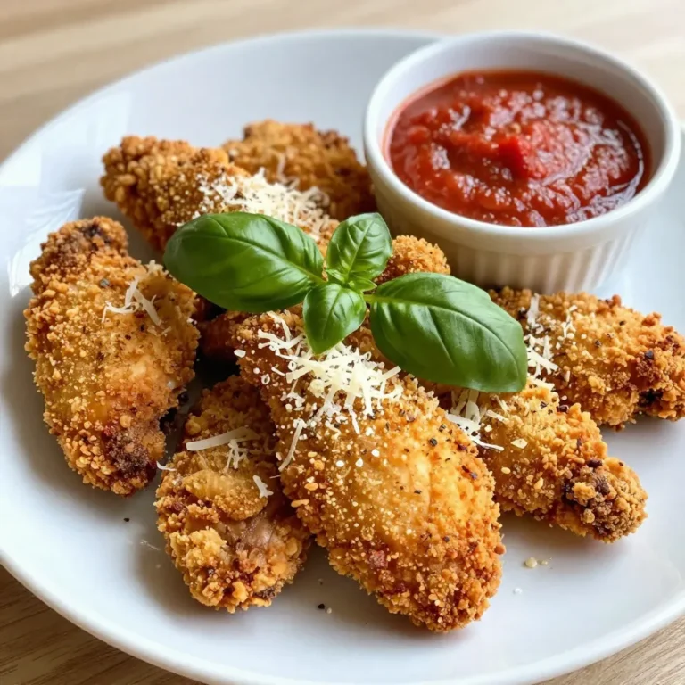 - 4 boneless, skinless chicken breasts - 1 cup breadcrumbs (preferably panko for extra crunch) - ½ cup grated Parmesan cheese - 2 teaspoons Italian seasoning - 1 teaspoon garlic powder - 1 teaspoon onion powder - 2 large eggs - ½ cup all-purpose flour - Salt and pepper to taste - ½ cup marinara sauce for serving - Fresh basil leaves for garnish Parmesan crusted chicken starts with three key ingredients. First, you need boneless, skinless chicken breasts. They cook fast and stay moist. Next, use panko breadcrumbs for that extra crunch. They create a great texture. Finally, grab some grated Parmesan cheese. This cheese brings a rich, savory flavor that makes the dish shine. For seasonings, I add Italian seasoning, garlic powder, and onion powder. These spices boost the flavor and make each bite amazing. You’ll also need eggs and all-purpose flour. The flour helps the coating stick to the chicken. The eggs create a nice barrier for the breadcrumbs to cling to. If you want to elevate your dish, consider some optional garnishes. Marinara sauce pairs well with this chicken. It adds a tangy kick. Fresh basil leaves also look nice on top. They add a pop of color and fresh flavor. {{ingredient_image_1}} 1. Preheat your oven to 400°F (200°C). This step is key for crispy chicken. 2. Line a baking sheet with parchment paper. This keeps the chicken from sticking. 3. In a shallow dish, mix breadcrumbs, grated Parmesan, Italian seasoning, garlic powder, onion powder, salt, and pepper. This mixture adds great flavor and crunch. 1. Take a chicken breast and dredge it in flour. Make sure to shake off extra flour. 2. Next, dip the floured chicken into the beaten eggs. This helps the breadcrumbs stick. 3. Press the chicken into the breadcrumb mixture. Ensure both sides are well-coated for a crunchy layer. 1. Place the coated chicken breasts on the prepared baking sheet. Spread them out for even cooking. 2. Bake in the oven for about 25-30 minutes. The chicken should be cooked through and golden brown. 3. For added crispness, switch to broil in the last 5 minutes. Watch closely to avoid burning. 4. Once done, let the chicken rest for a few minutes before serving. This keeps it juicy and tasty. To get that perfect crunch, I always use panko breadcrumbs. They are lighter and crispier than regular breadcrumbs. This texture makes a big difference. When you coat your chicken, make sure to press the breadcrumbs on well. For an extra crispy finish, broil the chicken for the last five minutes. Keep a close watch to avoid burning. The broiler gives a nice golden color. It also enhances the crunch. You can boost the flavor of your chicken by adding herbs and spices to your breadcrumb mix. Try mixing in dried oregano or thyme for a fresh taste. A pinch of red pepper flakes can add heat if you like a kick. For more flavor, consider marinating the chicken before coating it. A simple marinade of olive oil, lemon juice, and garlic works well. Let it sit for 30 minutes to soak up the flavors. This chicken pairs well with sauces like marinara. A drizzle of marinara adds moisture and flavor. You can also try a creamy ranch or garlic sauce for a twist. When it comes to sides, think of fresh veggies or a light salad. Roasted asparagus or a simple mixed greens salad complements the dish nicely. You can even add some garlic bread for a complete meal. Pro Tips Use Panko Breadcrumbs: For the ultimate crunch, opt for panko breadcrumbs instead of regular breadcrumbs. They create a lighter, airier crust that stays crispy longer. Season Your Flour: Don't forget to season the flour with salt and pepper. This adds an extra layer of flavor to your chicken right from the start. Rest Before Serving: Allow the chicken to rest for a few minutes after baking. This helps the juices redistribute, ensuring your chicken stays moist and tender. Broil for Extra Crispiness: Switching to broil in the last few minutes of cooking gives your chicken an irresistible crispy finish. Just keep an eye on it to prevent burning! {{image_2}} You can use different proteins instead of chicken. Try turkey breasts for a leaner option. Pork chops also work well with this recipe. For seafood lovers, thin fillets of fish like tilapia or cod are tasty choices. If you want a vegetarian option, use eggplant or zucchini slices. Coat them just like the chicken. These veggies absorb flavors well and give a great crunch. Baking is a healthier way to cook Parmesan crusted chicken. It keeps the dish crispy without extra oil. Frying gives a rich flavor but adds fat. If you choose frying, use a good amount of oil and keep the heat steady. Grilling adds a smoky taste. Cook the chicken on medium heat. You can also grill the vegetable alternatives for a different twist. You can add different cheeses to the breadcrumb mix. Try mozzarella for a gooey texture or sharp cheddar for a kick. Each cheese brings its own unique flavor. Sauces also enhance the dish. Besides marinara, try pesto for a fresh taste. Barbecue sauce gives a sweet and tangy twist. Don’t forget toppings like fresh herbs or lemon zest to brighten up the dish. To keep your Parmesan crusted chicken fresh, store it in the refrigerator. Place the chicken in an airtight container. It helps keep it moist and tasty. You can keep it in the fridge for about 3 to 4 days. If you want to save it longer, freezing is a great option. Wrap each piece in plastic wrap and then foil. This way, it won’t get freezer burn. You can freeze it for up to 2 months. When it’s time to enjoy your leftovers, the best way to reheat them is in the oven. Preheat the oven to 375°F (190°C). Place the chicken on a baking sheet. Heat for about 15 to 20 minutes. This method keeps the chicken crispy. You can also use a microwave, but it might make the crust soft. If you use the microwave, heat on low and check often. You can keep leftovers in the fridge for 3 to 4 days. If you freeze them, they stay good for about 2 months. After that, the chicken may lose taste and texture. Always check for any signs of spoilage before eating. If it looks or smells off, it’s best to throw it away. Can I make this dish gluten-free? Yes, you can! Use gluten-free breadcrumbs instead of regular ones. Check the flour too. Almond flour or coconut flour works well as a substitute. This keeps the dish tasty and safe for gluten-free diets. How do I know when chicken is fully cooked? Use a meat thermometer. It should read 165°F (74°C) when the chicken is done. Look for clear juices when you cut into it. If the juices run pink, cook it a bit longer. What can I use instead of Parmesan cheese? You can use Pecorino Romano for a sharper taste. Grana Padano is another good choice. Nutritional yeast is a great vegan option that adds a cheesy flavor. Can I skip the egg in the recipe? Yes, you can! Use a mixture of milk and flour or unsweetened applesauce. This keeps the breadcrumbs sticking well. You can also try using a flaxseed mix if you're vegan. How do I get the perfect crust? First, use panko breadcrumbs. They give a nice crunch. Make sure to coat the chicken well in each step. Press down firmly in the breadcrumbs for a good seal. Broil at the end for extra crispiness. What temperature should chicken be cooked to? Cook chicken to 165°F (74°C) for safety. This ensures harmful bacteria are killed. Use a meat thermometer to check. It’s the best way to ensure your chicken is juicy and safe to eat. This blog post outlined a simple, tasty way to make Parmesan crusted chicken. You learned about the key ingredients, step-by-step instructions, and tips for perfect results. Consider using different proteins or methods to switch things up. Remember to store leftovers properly, so nothing goes to waste. Enjoy this dish with your favorite sauce or a fresh salad. Now, you have everything you need to make a delicious meal that will impress your family and friends. Happy cooking!