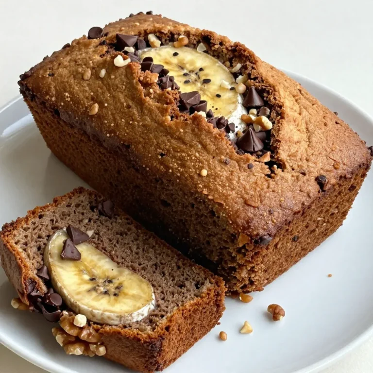 To make this rich and flavorful chocolate chip banana bread, gather these ingredients: - 3 ripe bananas, mashed - 1/2 cup unsalted butter, melted - 1/2 cup brown sugar - 1/4 cup granulated sugar - 2 large eggs - 1 teaspoon vanilla extract - 1 teaspoon baking soda - 1/4 teaspoon salt - 1 1/2 cups all-purpose flour - 1 cup chocolate chips (semi-sweet or dark) - 1/2 cup chopped walnuts or pecans (optional) Using ripe bananas is key. They give a sweet, rich flavor. The melted butter adds moisture and richness. Both brown and granulated sugars help create the perfect sweetness. Eggs and vanilla bind everything together and add great taste. Baking soda and salt help the bread rise and balance the sweetness. All-purpose flour forms the base, while chocolate chips bring that beloved chocolate flavor. Optional nuts add crunch and texture. You can skip them if you prefer. This combination of ingredients makes a delicious, moist bread that everyone will love. Enjoy the process of gathering these simple yet essential ingredients! {{ingredient_image_1}} First, set your oven to 350°F (175°C). This temperature helps the bread rise nicely. While the oven heats, take a 9x5 inch loaf pan. Grease it well with butter or cooking spray. This step prevents sticking and makes for easy removal later. In a large mixing bowl, combine 3 ripe bananas and 1/2 cup melted butter. Mash the bananas until smooth. Next, add 1/2 cup brown sugar and 1/4 cup granulated sugar. Mix these well. Now, add 2 large eggs one at a time, stirring after each. Finally, pour in 1 teaspoon of vanilla extract and mix until everything is combined. In another bowl, whisk together 1 teaspoon baking soda, 1/4 teaspoon salt, and 1 1/2 cups all-purpose flour. This mixture adds structure to the bread. Gradually add the dry mix to the wet ingredients. Stir gently until just combined. Be careful not to overmix; this keeps your bread light and fluffy. Now for the fun part! Fold in 1 cup of chocolate chips. If you like, add 1/2 cup of chopped walnuts or pecans for some crunch. Mix until the chocolate and nuts are evenly spread throughout the batter. Pour the batter into your greased loaf pan. Smooth the top with a spatula. Place the pan in your preheated oven. Bake for 60 to 70 minutes. Check doneness by inserting a toothpick in the center. If it comes out clean, your bread is ready! Once baked, remove the loaf from the oven. Let it cool in the pan for about 10 minutes. This helps it set. After that, transfer it to a wire rack to cool completely. This step keeps the bread from getting soggy on the bottom. Using ripe bananas makes a big difference. They bring out the sweet taste and soft texture. Look for bananas with brown spots. These are the best for baking. Overmixing can ruin your bread. Mix the batter just until the flour disappears. This keeps your bread light and fluffy. Room temperature ingredients mix better. Take your eggs and butter out of the fridge ahead of time. Cold ingredients can make your batter lumpy. If you live at a high altitude, bake your bread a bit longer. The air is thinner, which affects how the bread rises. Spices like cinnamon or nutmeg can add warmth. Just a pinch can elevate the taste. You can also try different chocolate chip varieties. Semi-sweet chips are classic, but dark chocolate gives a richer flavor. Have fun experimenting with your favorite mix-ins! Pro Tips Use Overripe Bananas: The riper the bananas, the sweeter and more flavorful your bread will be. Look for bananas with lots of brown spots for the best results. Don't Overmix: When combining the dry and wet ingredients, mix just until incorporated. Overmixing can lead to a dense bread instead of a light and fluffy one. Customize Your Nuts: Feel free to substitute walnuts or pecans with your favorite nuts or even omit them altogether for a nut-free version. Check for Doneness: Ovens can vary, so start checking your bread at the 60-minute mark. A toothpick inserted in the center should come out clean when it's done. {{image_2}} You can make this banana bread healthier. Try using whole wheat flour instead of all-purpose flour. This adds fiber and nutrients. You can also choose gluten-free flour if you need it. This works well, too. For sweeteners, consider natural options. Maple syrup or honey can replace sugar. They add a nice flavor and are less processed. Want to mix things up? Add peanut butter or almond butter to the batter. This gives a creamy texture and a nutty taste. You can also try mixing in dried fruits like raisins or cranberries. These add sweetness and chewiness, making each bite exciting. Spread some butter or cream cheese on a slice. This adds extra richness. You can also enjoy banana bread warm with a scoop of ice cream. It’s a tasty treat for breakfast or dessert. Try serving it with a cup of coffee or tea for a cozy moment. You can store banana bread at room temperature or in the fridge. If you keep it at room temperature, place it in an airtight container. This helps keep the bread fresh. It can last about 2-3 days this way. If you refrigerate it, wrap the bread well. This method can extend its life to about a week. To freeze banana bread, first let it cool completely. Wrap it tightly in plastic wrap. Then, place it in a freezer bag. This way, it stays fresh for up to three months. When you're ready to eat it, thaw it in the fridge overnight. For best taste, warm it up in the oven before serving. For the best flavor, use very ripe bananas. Look for bananas that are mostly brown with some spots. The riper they are, the sweeter and more flavorful your bread will be. You want them soft and easy to mash. This ripeness brings out the natural sugars, making your banana bread delicious. Yes, you can make this recipe vegan! Substitute the eggs with flax eggs or unsweetened applesauce. For the butter, use coconut oil or a plant-based butter. These swaps keep the flavors rich and help the bread stay moist. It’s a great way to enjoy banana bread without animal products. Chocolate chip banana bread can last about 3 to 4 days at room temperature. Store it in an airtight container to keep it fresh. If you want it to last longer, you can refrigerate it for up to a week. Just remember, it may dry out a bit in the fridge. Yes, frozen bananas work great! Just thaw them first, then mash them up. They may be a bit more watery, so drain any excess liquid before mixing. Frozen bananas are perfect for banana bread. They add lots of moisture and flavor. If your bread is too dense, here are some tips: - Make sure you measure the flour correctly. Too much flour can make it heavy. - Avoid overmixing the batter. Mix just until combined. - Check your baking soda. If it’s old, it may not rise well. These simple steps can help you achieve a lighter texture in your banana bread. In this post, we covered all you need for perfect banana bread. You learned about essential ingredients, step-by-step baking instructions, and tips for the best results. I shared delicious variations and how to store your bread properly. Remember, ripeness matters for flavor, and don’t be afraid to experiment with add-ins. With these guidelines, your banana bread will be a hit. Enjoy baking, and let your creativity shine in the kitchen!