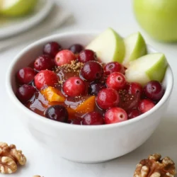 For a simple and tasty Christmas cranberry sauce, you will need: - 12 ounces fresh cranberries - 1 cup granulated sugar - 1 cup orange juice - Zest of 1 orange - 1 teaspoon ground cinnamon - ½ teaspoon ground ginger - ¼ teaspoon nutmeg - ½ cup chopped apples (preferably Granny Smith) - 1 tablespoon maple syrup These main ingredients give the sauce its sweet and tart flavor. The fresh cranberries provide a bright color and taste. The orange juice and zest add a lovely citrus note that brightens the sauce. The spices, like cinnamon and nutmeg, bring warmth and depth to your dish. You can make your cranberry sauce even better with these optional ingredients: - ½ cup chopped walnuts (for crunch) You can also garnish the finished dish. Try adding a sprig of fresh mint or a few slices of orange. These garnishes make the sauce look festive and inviting. If you need to swap ingredients, here are some ideas: - Use honey or agave syrup instead of granulated sugar. - Swap orange juice for apple juice for a different flavor. - If you don’t have fresh cranberries, frozen ones work too. These substitutions maintain the sauce's flavor while making it fit your needs. Enjoy experimenting with what you have at home! {{ingredient_image_1}} First, rinse the fresh cranberries under cold water. Look for any stems or bad berries. Remove those and set the good ones aside. This step ensures your sauce is tasty and fresh. Now, grab a medium saucepan. Combine one cup of granulated sugar and one cup of orange juice in it. Heat this mixture over medium heat. Stir until the sugar dissolves completely. Next, add the rinsed cranberries to the pan. Bring the mix to a boil. Once boiling, lower the heat to medium-low. Let the cranberries simmer for about 10 to 15 minutes. You will notice them burst, and the sauce will thicken. Stir occasionally to keep everything well mixed. After the cranberries have cooked down, it’s time to add flavor. Stir in the zest of one orange, one teaspoon of ground cinnamon, half a teaspoon of ground ginger, and a quarter teaspoon of nutmeg. Also, add half a cup of chopped apples and one tablespoon of maple syrup for sweetness. Simmer this mix for another five minutes. If you like, toss in half a cup of chopped walnuts for extra crunch. Once done, remove the saucepan from the heat. Let the sauce cool at room temperature; it will thicken more as it cools. Transfer it to a serving dish or an airtight container. Store it in the fridge until it’s time to serve. To make the best cranberry sauce, start with fresh cranberries. Rinse them well and remove any bad ones. Use equal parts sugar and orange juice for a balanced taste. The sugar helps the cranberries burst and thicken. Simmer them until they pop; this takes about 10 to 15 minutes. Stir the sauce often to prevent it from sticking. Add spices like cinnamon, ginger, and nutmeg for warmth. They enhance the flavor and make it festive. One big mistake is not rinsing the cranberries. This can leave dirt or stems in your sauce. Another mistake is using too much sugar. Balance is key; too much can make it overly sweet. Don’t skip the spices; they add depth and character. If your sauce is too runny, let it simmer longer. If it thickens too much, add a splash of orange juice. Serve your cranberry sauce in a festive bowl. A sprig of mint or orange slices makes it pop. This sauce pairs well with turkey, ham, or roast pork. It also tastes great on sandwiches the next day. For a twist, try it with cheese or yogurt. It adds a lovely tartness to your dishes. Pro Tips Use Fresh Cranberries: Always opt for fresh cranberries as they provide the best flavor and texture. Frozen cranberries can be used, but they may alter the sauce's consistency. Adjust Sweetness: Taste the sauce before adding all the sugar. Depending on the tartness of the cranberries, you may want to adjust the sugar or add more maple syrup for a different flavor profile. Add Spice Gradually: When adding spices like cinnamon, ginger, and nutmeg, start with a little and adjust to your preference. This allows you to control the flavor intensity. Chill for Best Flavor: Allow the cranberry sauce to chill in the refrigerator for a few hours or overnight. This resting period helps meld the flavors, resulting in a more delicious sauce. {{image_2}} You can add warm spices to your cranberry sauce for a cozy flavor. Try adding more cinnamon, ginger, or even cloves. These spices blend well with the tartness of the cranberries. I often add the zest of an orange for a bright taste. The citrus makes the sauce lively and fresh. It pairs well with holiday dishes and makes your home smell amazing. If you prefer a nut-free option, simply leave out the walnuts. The sauce still tastes great without them. You can add extra apples or even pears for texture. This makes the sauce smooth and fruity. Everyone can enjoy this version, even those with nut allergies. It keeps the flavors rich and satisfying. You can mix in other fruits to change the taste. Chopped pears or blueberries work well. For sweeteners, try using honey or agave syrup instead of sugar. This gives a unique twist to the sauce. You might also use less sugar if you prefer a tart flavor. Experiment with different combinations to find your favorite. Each variation can make your holiday meal special. After your meal, let the cranberry sauce cool. Once it reaches room temperature, place it in an airtight container. You can store it in the fridge for up to one week. This keeps the sauce fresh and tasty for later use. If you want to keep the sauce longer, freezing is a great option. Pour the cooled sauce into a freezer-safe container. Leave some space at the top, as the sauce will expand when frozen. It can last up to three months in the freezer. When you’re ready to use it, just thaw it in the fridge overnight. To reheat the sauce, you can use the stove or microwave. If using the stove, place the sauce in a saucepan over low heat. Stir it often to avoid sticking. If using a microwave, heat in short bursts, stirring in between. This way, you keep the flavor and texture just right. Yes, you can use frozen cranberries. They work well in this recipe. Just rinse them before use. Frozen cranberries tend to be softer, so the sauce may cook faster. Keep an eye on the cooking time to avoid overcooking. Homemade cranberry sauce lasts about one week in the fridge. Store it in a sealed container to keep it fresh. If you want to keep it longer, consider freezing it. Absolutely! This sauce tastes even better after a day or two. Make it up to three days before your meal. Just store it in the fridge. It will be ready when you are! You now have a complete guide to making Christmas cranberry sauce. We covered key ingredients and how to prepare them. I shared tips to avoid mistakes and enhance flavors in your sauce. You also explored tasty variations and helpful storage tips. Remember, cranberry sauce can be fun and easy to make. With this knowledge, you can impress everyone this holiday season. Enjoy your cooking adventure!