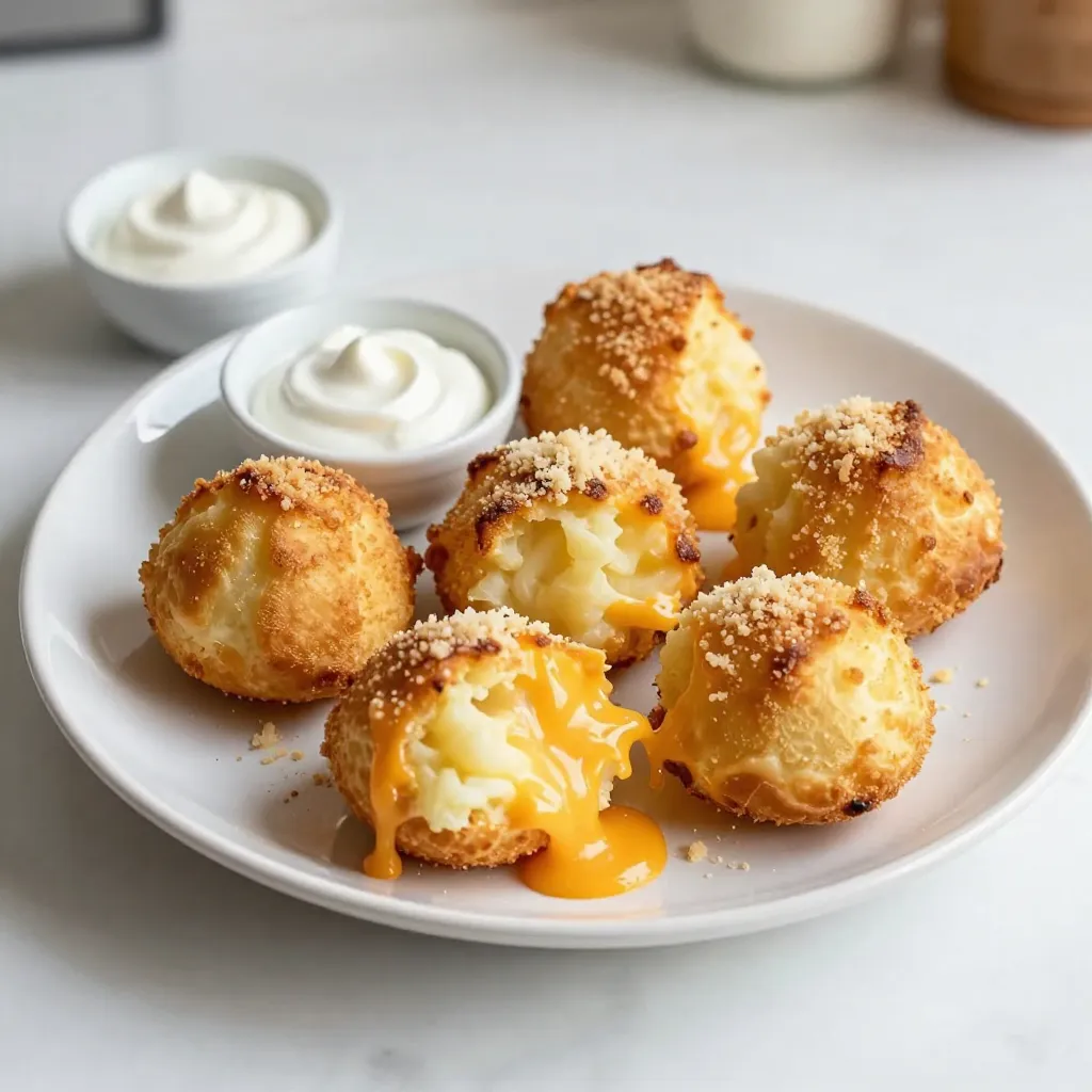 To make these tasty puffs, you'll need a few key ingredients: - 2 cups mashed potatoes (preferably chilled) - 1 cup shredded cheddar cheese - ½ cup grated Parmesan cheese - 1 large egg - ½ cup all-purpose flour - 1 teaspoon garlic powder - 1 teaspoon onion powder - Salt and pepper to taste - ½ cup breadcrumbs (for coating) - Oil for frying (or cooking spray for baking) These ingredients work together to create a soft inside and a crispy outside. While cheddar and Parmesan shine, feel free to try other cheeses. Here are some great options: - Mozzarella for a gooey texture - Gouda for a smoky flavor - Feta for a tangy kick Mixing cheeses can add depth and fun to your puffs. The more you experiment, the better! You can boost the flavor of your puffs with some simple seasonings. Here are a few ideas: - Add fresh herbs like chives or parsley for freshness - Use smoked paprika for a hint of smokiness - Try a pinch of cayenne pepper for heat These extras can make your puffs unique and delicious. Don't be shy; taste as you go! {{ingredient_image_1}} To start, grab a large mixing bowl. Add 2 cups of chilled mashed potatoes. Next, mix in 1 cup of shredded cheddar cheese and ½ cup of grated Parmesan cheese. Then, crack in 1 large egg. Use a fork or spoon to blend everything well. The mix should be smooth and creamy. Now, add ½ cup of all-purpose flour, 1 teaspoon of garlic powder, and 1 teaspoon of onion powder. Season with salt and pepper to your taste. Stir until the mixture forms a sticky dough. This dough is the key to your tasty cheese puffs. With the dough ready, it’s time to shape it. Take a tablespoon-sized scoop of the mixture with your hands. Roll it into a ball. Repeat this step until you have used all the dough. Each ball should be about the size of a golf ball. After shaping, roll each ball in breadcrumbs. This gives them a nice, crispy coating. Make sure each ball is fully coated. Once done, place them on a parchment-lined baking sheet. You can choose to fry or bake your cheese puffs. If you opt to fry, heat oil in a large skillet over medium heat. Carefully place the puffs in the hot oil. Fry them for about 3-4 minutes on each side. They should turn golden brown and crispy. Use paper towels to drain excess oil after frying. If baking sounds better, preheat your oven to 400°F (200°C). Spray the puffs with cooking spray to help them crisp up. Bake for 20-25 minutes. They are ready when they are golden brown and crisp. Enjoy these delicious snacks warm! To get the best texture, start with chilled mashed potatoes. Chilling helps them hold their shape. You want a sticky dough that is not too wet. If it feels too wet, add more flour. This will help the puffs stay together while cooking. When frying, heat the oil until hot. A good test is to drop a small piece of dough in. If it bubbles, the oil is ready. Fry in small batches to avoid crowding. This helps each puff cook evenly. If baking, preheat your oven to 400°F (200°C). Spray the puffs with cooking spray for crispiness. Bake for 20-25 minutes until golden brown. Serve your cheesy puffs warm for the best taste. They pair well with sour cream or a spicy aioli. You can also try ranch dressing or a garlic dip. These sauces add extra flavor and make them even more fun to eat! Pro Tips Use Chilled Mashed Potatoes: Starting with chilled mashed potatoes helps the puffs hold their shape better during cooking. Mix Cheese Varieties: Experiment with different cheeses like mozzarella or pepper jack for a unique flavor twist. Try Baking for a Healthier Option: Baking instead of frying reduces the oil content and makes the puffs lighter without sacrificing flavor. Customize Your Dipping Sauce: Pair these puffs with various sauces such as ranch, barbecue, or a spicy mustard for an extra kick. {{image_2}} Herbs can add fresh flavor to your cheese puffs. You can use parsley, chives, or dill. Start by mixing 1 tablespoon of your favorite chopped herb into the potato mixture. This will brighten the flavor and give a lovely aroma. Fresh herbs make each bite feel special. You can also try dried herbs if fresh ones are not available. If you like some heat, add some spice to your puffs. Mix in 1 teaspoon of cayenne pepper or red pepper flakes. You can also add a few drops of hot sauce to the potato mix. This will give your cheese puffs a tasty kick. Adjust the spice level to fit your taste. Your guests will love the surprise of heat! You can make these cheese puffs even heartier. Add cooked veggies like spinach, corn, or bell peppers. If you love bacon, chop up some crispy pieces and mix them in. About ½ cup of either will work well. This adds more texture and flavor to your puffs. Plus, it makes them a great snack for any meal or party. Store leftover cheese puffs in an airtight container. Keep them in the fridge for up to three days. Make sure they cool down first to avoid steaming. If they are warm, the moisture can make them soggy. To reheat cheese puffs, you have two easy options. You can bake them or use a skillet. If baking, preheat the oven to 350°F (175°C). Place the puffs on a baking sheet and heat for about 10 minutes. If using a skillet, heat a little oil over medium heat. Add the puffs and cook for about two minutes on each side. This keeps them crispy. You can freeze cheese puffs for later. Place uncooked puffs on a baking sheet. Freeze them for about an hour, then transfer to a freezer bag. They can last for up to three months. When ready to cook, you can bake or fry them straight from the freezer. Just add a few extra minutes to the cooking time. Yes, you can use leftover mashed potatoes. Chilled mashed potatoes work best. They help form a nice dough. The flavors blend well with cheese and spices. This is a great way to avoid waste. You can use any cheese you like. Mozzarella, gouda, or Monterey Jack work well. Each cheese gives a different taste. Mix and match to find your favorite. Just make sure to shred or grate it for easy mixing. You can store cheese puffs in the fridge for up to three days. Keep them in an airtight container. This helps maintain their taste and texture. Reheat them in the oven for a crispy finish. In this blog post, we explored how to make tasty mashed potato cheese puffs. We discussed key ingredients, cheese choices, and seasonings. Then, we outlined steps for preparing, shaping, and cooking them. I shared tips for great texture and serving ideas. You learned about variations, storage options, and common questions. Try making your own cheese puffs. They are easy and fun to create! Enjoy experimenting with your favorite flavors and textures.