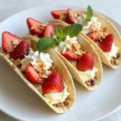 - 10 mini taco shells - 1 cup cream cheese - 1/2 cup powdered sugar - 1 teaspoon vanilla extract - 1 cup fresh strawberries - 1 cup whipped cream - 1/2 cup crushed vanilla wafer cookies - 1/4 cup toasted coconut flakes - Mint leaves for garnish Making Strawberry Crunch Cheesecake Tacos starts with gathering the right ingredients. Here’s what you need: 1. Mini taco shells: You can find these in stores or make them at home. 2. Cream cheese: Make sure it is softened for easy mixing. 3. Powdered sugar: This adds sweetness and a smooth texture. 4. Vanilla extract: Use pure vanilla for the best flavor. 5. Fresh strawberries: Dice them for a burst of flavor. 6. Whipped cream: This makes the filling fluffy and light. 7. Crushed vanilla wafer cookies: They add a nice crunch. 8. Toasted coconut flakes: This gives a tropical twist. 9. Mint leaves: These are for garnish and add a fresh taste. Each ingredient plays a big role in creating a tasty dessert. The balance of sweet, creamy, and crunchy makes each bite delightful. As you prepare, feel free to adjust the amounts to fit your taste. Enjoy the process of gathering your ingredients; it’s the first step to crafting this fun dessert! {{ingredient_image_1}} 1. Begin by beating the cream cheese. Use a medium bowl. Mix until it's smooth and creamy. 2. Next, add the powdered sugar and vanilla extract. Mix well until combined. 3. Now, gently fold in the whipped cream. Be careful not to deflate it. Aim for a light and fluffy mixture. 4. For the strawberries, take a separate bowl. Combine the diced strawberries with one tablespoon of powdered sugar. Let them sit for about five minutes. This will make them sweeter. 1. To assemble, take a mini taco shell. Fill it with a spoonful of the cream cheese mixture. 2. Then, layer the macerated strawberries on top. 3. Sprinkle crushed vanilla wafer cookies and toasted coconut flakes over the strawberries. This adds a nice crunch. 1. Finish each taco with a dollop of whipped cream. Add a mint leaf for garnish. 2. For presentation, arrange the tacos on a colorful platter. Garnish with extra strawberries around them. A drizzle of chocolate sauce adds an extra touch. To get the best texture, use softened cream cheese. It helps create a smooth mix. Beat the cream cheese until it is creamy and fluffy. This makes it easy to blend in the sugar and vanilla. Avoid lumps by mixing slowly. Add the powdered sugar in small amounts. Then, fold in the whipped cream gently. This keeps it light and airy. Macerating strawberries is simple. Dice the strawberries and sprinkle them with sugar. Let them sit for about five minutes. This draws out the juice and makes them sweeter. If fresh strawberries are not available, you can use frozen ones. Just thaw them first and drain the extra juice. Get creative with how you present your tacos. Arrange them on a colorful platter. Garnish with fresh strawberries around them. You can also drizzle chocolate sauce on the platter for extra flair. For drinks, pair these tacos with a refreshing lemonade or a light sparkling water. This balance enhances the sweet flavors of the tacos. Pro Tips Use Fresh Strawberries: Always opt for ripe and fresh strawberries for the best flavor and texture in your tacos. Chill Before Serving: For a refreshing treat, chill the filled taco shells in the refrigerator for about 30 minutes before serving. Customize Your Toppings: Feel free to add other toppings like chocolate chips or crushed nuts to add variety to your tacos. Experiment with Flavors: Try using different flavored cream cheeses, such as strawberry or coconut, for a unique twist on the classic recipe. {{image_2}} You can easily switch up the flavors in your Strawberry Crunch Cheesecake Tacos. To make a chocolate version, add cocoa powder to the cream cheese mixture. This gives a rich taste and a fun twist. You can also try different fruits on top. Blueberries, raspberries, or even peaches can add a new flavor. Just be sure to adjust the sugar based on the sweetness of the fruit. If you need gluten-free options, look for mini taco shells made from rice flour or corn. These work great in this recipe. For a vegan version, swap the cream cheese with a dairy-free cream cheese. You can also use coconut whipped cream instead of regular whipped cream. This keeps the dessert light and delicious while meeting dietary needs. Using seasonal fruits can really enhance your tacos. In summer, use fresh berries. In fall, try apples or pears. For holiday-themed presentations, add festive touches. You can sprinkle some cinnamon on top or use crushed peppermint for a winter vibe. These small changes make your dessert stand out and feel special for any occasion. To keep your Strawberry Crunch Cheesecake Tacos fresh, place them in an airtight container. It’s best to store them in the fridge. This will help keep the shells sturdy and the filling creamy. If you have extra toppings, store those separately. This way, they won't make the shells soggy. Recommended storage containers include glass or plastic with tight-fitting lids. These containers protect your tacos from air and moisture. If you use plastic wrap, make sure it covers the tacos snugly. Can you freeze Strawberry Crunch Cheesecake Tacos? Yes, you can freeze them, but it's best to freeze the filling only. The taco shells won't stay crisp after freezing. To freeze, place the cream cheese mixture in a freezer-safe bag. Squeeze out extra air before sealing. For thawing, move the filling to the fridge overnight. Once thawed, mix it gently to restore its creamy texture. Fill the taco shells just before serving for the best taste. To refresh the texture, use the microwave for just a few seconds. Heat them on low power to avoid sogginess. If you want extra crunch, place the filled tacos in an oven at a low temperature for a few minutes. This will warm them up and keep the shells crispy. Strawberry Crunch Cheesecake Tacos are a fun twist on dessert. They combine sweet cream cheese filling with fresh strawberries. You start with mini taco shells that hold this tasty mix. Each taco is topped with whipped cream, crushed vanilla wafers, and toasted coconut. The result is a crunchy, creamy, fruity treat. They look great on a plate and taste even better. Yes, you can make some parts ahead of time. Prepare the cream cheese filling and store it in the fridge. You can also slice the strawberries early. Just keep them in a bowl with sugar for extra flavor. Assemble the tacos right before serving. This keeps the shells crunchy and fresh. If you need alternatives, here are some easy swaps: - Cream cheese: Use Greek yogurt for a lighter option. - Taco shells: Try using graham cracker shells for a different taste. - Fresh strawberries: Substitute with blueberries or raspberries. - Whipped cream: Coconut cream works well for a dairy-free choice. These swaps let you customize the recipe while keeping it delicious! In this post, we explored how to make Strawberry Crunch Cheesecake Tacos. You learned about the necessary ingredients and preparation steps. I shared tips for perfecting your cream cheese mixture and creative serving ideas. These tacos are not just fun to eat but also easy to customize. Don’t hesitate to try different flavors or fruits. Enjoy making and sharing this delightful treat with others!