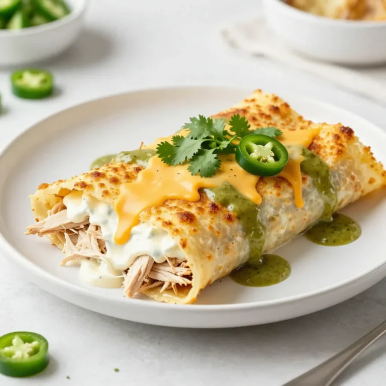 - 2 cooked chicken breasts, shredded - 1 cup cream cheese, softened - 1 cup sour cream - 1 cup shredded Monterey Jack cheese - 1 can (10 oz) green enchilada sauce, divided - 1 small onion, finely chopped - 2 cloves garlic, minced - 8 small flour tortillas - Fresh cilantro, for garnish - Sliced jalapeños, for garnish (optional) To make white chicken enchiladas, you need simple and fresh ingredients. Start with cooked chicken breasts. Shred them into small pieces. Cream cheese adds great creaminess, while sour cream gives a nice tang. Monterey Jack cheese melts beautifully, making it a favorite choice. Green enchilada sauce brings flavor and a hint of spice. - 1 teaspoon cumin - ½ teaspoon chili powder - Fresh herbs for garnish Cumin and chili powder add warmth to your dish. These spices enhance the flavors of the chicken and cheese. Fresh herbs like cilantro make a bright garnish. They add color and freshness to the finished plates. - Flour tortillas - Size and type variations Use soft flour tortillas for a great texture. They hold the filling well and are easy to roll. You can choose small or larger tortillas based on your preference. This choice can change the number of servings you get from the recipe. {{ingredient_image_1}} First, preheat your oven to 350°F (175°C). This step is key for even cooking. While the oven warms up, gather your ingredients. You’ll need 2 cooked chicken breasts, cream cheese, sour cream, and spices. In a large bowl, combine the shredded chicken, softened cream cheese, sour cream, half of the Monterey Jack cheese, chopped onion, minced garlic, cumin, and chili powder. Mix these well. You want a smooth blend. This mixture is the heart of your enchiladas. Now, grab your flour tortillas. Spoon about ⅓ cup of the chicken mixture into the center of each tortilla. Roll them up tightly. Make sure to place them seam-side down in a large baking dish. This keeps the filling inside. Next, pour the remaining green enchilada sauce over the top of the rolled tortillas. Use a spatula to spread it evenly. Then, sprinkle the last of the Monterey Jack cheese on top. This will create a nice, gooey layer once baked. Bake the enchiladas in your preheated oven for 25-30 minutes. Keep an eye on them. You want the cheese to be bubbly and golden brown. This step makes the dish look inviting. Once baked, remove them from the oven. Let them cool for a few minutes before serving. This helps the flavors settle. For a touch of freshness, garnish with cilantro and sliced jalapeños if you like some heat. Enjoy your delicious creation! Many cooks overfill their tortillas. This can lead to messy enchiladas and spills. Aim for about ⅓ cup of filling per tortilla. This keeps your enchiladas neat and helps them cook evenly. Another mistake is not monitoring baking times and temperatures. Baking at 350°F (175°C) usually works well. Keep an eye on them. You want bubbly cheese, not burnt edges. To get a fluffier filling, mix cream cheese carefully. Soften it first to make blending easier. This helps it blend smoothly with the other ingredients. You want a creamy and rich filling. Mix the chicken, sour cream, and spices well. This ensures each bite is full of flavor. Use a fork to break up any lumps. A smooth mixture makes for better enchiladas. You can prep your enchiladas in advance. Assemble them and cover with foil. Store them in the fridge for up to a day. This saves time when you are ready to bake. For reheating, take them out of the fridge first. Let them sit at room temperature for 30 minutes. Then, bake at 350°F (175°C) for about 30 minutes. This ensures they heat evenly and taste great. Pro Tips Use Rotisserie Chicken: For a quicker prep time, consider using store-bought rotisserie chicken instead of cooking your own. Make Ahead: You can prepare the enchiladas a day ahead, refrigerate them, and bake right before serving for easy entertaining. Customize the Heat: Adjust the level of spiciness by adding more or less green enchilada sauce or by including diced jalapeños in the filling. Garnish Creatively: Enhance presentation and flavor by topping with avocado slices or a drizzle of lime crema before serving. {{image_2}} You can change the protein in your enchiladas easily. Shredded turkey works well if you prefer a lighter option. Beef also makes a hearty filling. Simply swap the chicken for cooked, shredded beef or turkey. For a vegetarian twist, consider using beans. Black beans or pinto beans add great texture and taste. They also provide protein without meat. Just mash the beans and mix them with your favorite spices. While green enchilada sauce is classic, you can switch it up. Red enchilada sauce is a bold choice. It has a rich flavor that pairs well with chicken. You can also try a creamy white sauce. Use cream cheese and sour cream as a base for a smooth, rich topping. Mix in some green chilies for a kick. This adds a new layer of taste to your dish. Toppings can take your enchiladas to the next level. Fresh cilantro adds a pop of color and flavor. Diced tomatoes provide freshness. Sliced jalapeños add some heat if you like spice. Cheese options are endless. Monterey Jack is mild and melts nicely. Try pepper jack for a spicy twist. Crumbled queso fresco gives a crumbly texture and tangy taste. Mix and match toppings to find your favorite combination! To keep your white chicken enchiladas fresh, store them in an airtight container. Place them in the fridge right after they cool down. Use them within three days for the best taste. If you want to keep them longer, freezing is a great option. Wrap each enchilada in plastic wrap and then in foil. This method helps prevent freezer burn. They can stay in the freezer for up to three months. When reheating, you can choose the oven or microwave. The oven keeps the enchiladas crispy. Preheat it to 350°F (175°C) and heat them for about 20 minutes. If you use a microwave, place one enchilada on a plate. Heat it for one to two minutes. Cover it with a damp paper towel to keep moisture. This way, the flavor and texture stay great. In the fridge, your enchiladas will last about three days. Always check for signs of spoilage. If they smell sour or look discolored, it’s time to toss them out. Trust your senses! Keeping track of how long they’ve been stored helps you enjoy them at their best. You can use several options if you need a cream cheese substitute. - Dairy-free alternatives: Try using silken tofu or cashew cream. Both provide a creamy texture without dairy. - Other cheese options: You can also use ricotta cheese or goat cheese. They will add a unique flavor to your enchiladas. Yes, you can easily add spice to your enchiladas. - Adding heat with jalapeños or hot sauce: Slice fresh jalapeños and mix them into the chicken filling. You can also drizzle hot sauce on top before serving. Serving these enchiladas is simple and fun. - Side dish recommendations: Serve with a fresh salad, Mexican rice, or refried beans. These sides balance the rich flavors of the enchiladas. - Pairing drinks for an optimal meal experience: Enjoy your meal with a cold Mexican beer or a refreshing limeade. These drinks enhance the dish's taste and make it a complete meal. You now have all the tools to make tasty white chicken enchiladas. We explored the key ingredients, including chicken, cream cheese, and green sauce. I shared step-by-step instructions to make the process easy. Plus, I offered tips to avoid mistakes and ways to customize your dish. Remember, practice makes perfect, so don’t worry if you need to try again. Enjoy making these delicious enchiladas for yourself and your loved ones!